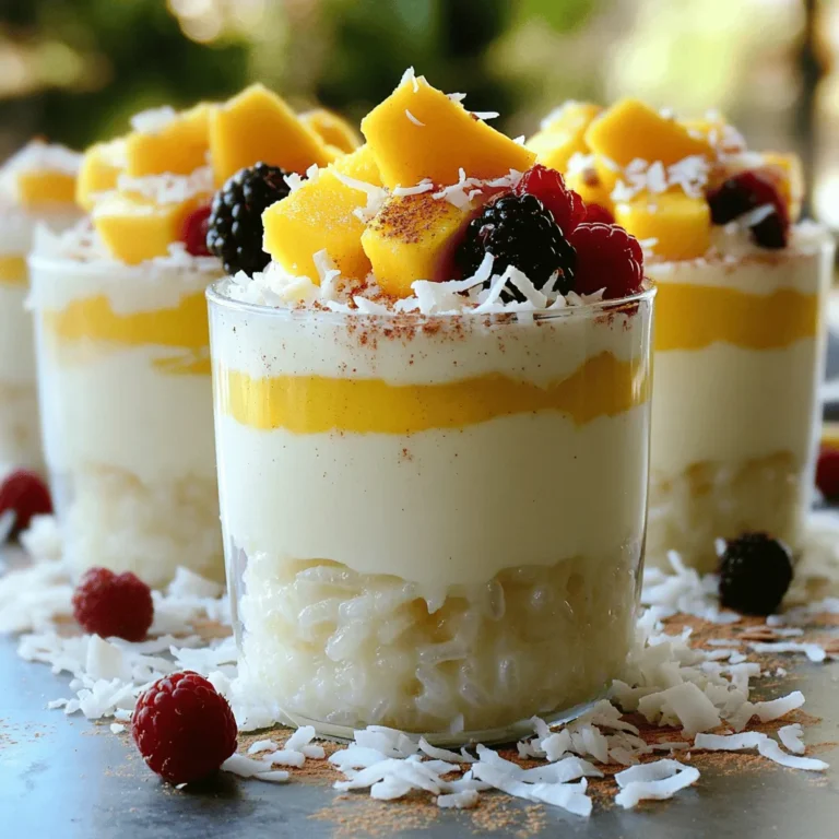 - 1 cup Arborio rice - 1 can (13.5 oz) coconut milk - 2 cups almond milk (or any milk of choice) - 1/2 cup sugar - 1/4 teaspoon salt - Fresh mango - Berries - Additional shredded coconut - Medium saucepan - Mixing spoon - Measuring cups and spoons When you gather your ingredients, start with Arborio rice. This special rice gives the pudding its creamy texture. Next, you'll need coconut milk, which adds rich flavor. Almond milk or your favorite milk works well too. Sugar sweetens the dish, while a pinch of salt enhances all the flavors. For garnishes, I love to top my pudding with fresh mango or berries. They add color and freshness. You can also sprinkle more shredded coconut on top for extra texture. In terms of tools, a medium saucepan is essential for cooking. You’ll need a mixing spoon to stir the pudding. Measuring cups and spoons help ensure you use the right amounts. For the full recipe, follow the steps closely to create this delicious coconut rice pudding. Enjoy every creamy bite! First, grab a medium saucepan. Add 1 cup of Arborio rice. Next, pour in 1 can of coconut milk and 2 cups of almond milk. Sprinkle in 1/2 cup of sugar and 1/4 teaspoon of salt. Stir all the ingredients well. This mix forms the base of your pudding. Now, turn on the heat to medium. Bring the mixture to a gentle boil. Keep stirring it to avoid any sticking. Once it starts to boil, reduce the heat to low. Cover the pan and let it simmer for about 25-30 minutes. Stir occasionally. You want the rice to be tender and creamy. When the rice is cooked, take off the heat. Stir in 1 teaspoon of vanilla extract, 1/2 teaspoon of cinnamon, and 1/2 cup of shredded coconut. Mix everything well. Let it cool a bit. You can serve it warm or chill it in the fridge. Portion the pudding into bowls. Top with fresh mango or berries for a nice touch. For an extra treat, sprinkle more shredded coconut on top. For the full recipe, check out the details above. To get the best texture, use Arborio rice. This rice has a high starch content. It makes the pudding creamy and rich. If the pudding is too thick, add a bit more milk. Stir well and let it cook for a few more minutes. You can boost coconut flavor by adding coconut extract. Try different brands to find your favorite. If you like it sweeter, add more sugar. Just remember to taste as you go. This way, you can get the perfect balance. Serving in clear dessert cups looks great. It shows off the creamy pudding and any toppings. For garnish, add fresh mango or berries on top. You can also sprinkle some shredded coconut for a nice touch. This makes your dish look fancy and inviting. {{image_2}} You can easily make this pudding dairy-free. Almond milk works great in this recipe. You can also use oat milk if you prefer. Both options keep the pudding creamy. Vegans can enjoy this dish without worry. Just follow the full recipe and swap the milk. Want to jazz up your pudding? Adding spices like cardamom gives a warm flavor. You can also stir in chocolate for a fun twist. It melts into the pudding and makes it rich. Try different spices to find your favorite version. This pudding is fun all year! In summer, add tropical fruits like mango or pineapple. They brighten up the dish and make it fresh. In fall, try adding spiced fruits. Think apples or pears with cinnamon. Each season brings new flavors to explore! To keep your coconut rice pudding fresh, use airtight containers. Glass jars or plastic containers work well. Make sure they seal tightly. This helps prevent any odors from other foods. You want to enjoy every bite, not taste the fridge! When it comes to reheating, the stovetop is best. Place the pudding in a saucepan. Add a splash of milk to help restore creaminess. Heat it on low, stirring often. You want it warm, not hot. This keeps the texture smooth and delicious. In the fridge, your pudding lasts about 3 to 5 days. If you want to store it longer, try freezing. You can freeze it for up to 2 months. Just remember to use freezer-safe containers. When you want to enjoy it, thaw it in the fridge overnight. Then reheat as needed for a tasty treat! To make coconut rice pudding creamy, add more liquid. You can increase the coconut milk or almond milk. This helps the rice absorb more moisture and become softer. You can also stir in a bit of extra milk towards the end. This will give you a nice, smooth texture. Yes, you can use other rice types. Arborio rice is best for creaminess. It has a high starch content, which creates a rich texture. You can try jasmine or basmati rice, but they will give a different feel. Jasmine rice adds a lovely floral note, while basmati offers a light, nutty flavor. Coconut rice pudding can be healthy. It offers good fats from coconut milk and energy from rice. Almond milk adds a low-calorie option if you choose that. Just watch the sugar amount. You can cut down on sugar for a healthier treat. Fresh fruits like mango or berries add vitamins and flavor too. You now have a clear guide to making coconut rice pudding. We covered essential ingredients and kitchen tools you’ll need. You learned how to prepare, cook, and serve this delicious dessert. Tips for texture and flavor made it easier to personalize your pudding. Plus, we explored variations to suit different tastes and diets. With proper storage, your pudding stays fresh, and reheating is a breeze. Enjoy the process and make this comforting treat your own!