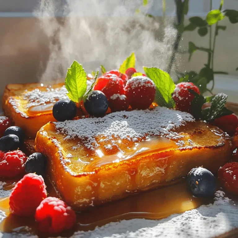 To make Overnight Crème Brûlée French Toast, you need some simple ingredients that pack a big flavor. Here’s what you'll need: - 1 loaf of brioche bread, sliced 1-inch thick - 4 large eggs - 2 cups whole milk - 1 cup heavy cream - 3/4 cup granulated sugar - 2 teaspoons vanilla extract - 1 teaspoon ground cinnamon - 1/4 teaspoon salt - 1/2 cup brown sugar (for topping) - 2 tablespoons unsalted butter (for greasing) - Fresh berries (for garnish) - Mint leaves (for garnish) Each ingredient plays a special role. The brioche bread gives a rich taste and soft texture. Eggs, milk, and cream create a creamy custard that soaks into the bread. Sugar and vanilla add sweetness and warmth. Cinnamon and salt balance the flavors perfectly. Brown sugar on top gives that crunchy, caramelized finish. Lastly, berries and mint make your dish look beautiful and fresh. For the full recipe, check out the detailed instructions on how to combine these ingredients for a delicious meal. - First, grease the baking dish with unsalted butter. - Next, arrange the brioche slices in the dish. Make sure they overlap a little. - In a large bowl, whisk together: - 4 large eggs - 2 cups whole milk - 1 cup heavy cream - 3/4 cup granulated sugar - 2 teaspoons vanilla extract - 1 teaspoon ground cinnamon - 1/4 teaspoon salt - Whisk until it is smooth and well mixed. - Pour the custard over the bread slices. Make sure every piece soaks well. - Cover the dish tightly and refrigerate overnight. This helps the bread soak up the custard. - The next day, preheat the oven to 350°F (175°C). - Take off the cover and sprinkle 1/2 cup of brown sugar over the top. - Bake for 45-50 minutes. Keep an eye on it until the top is golden brown. - For a nice finish, use a torch to caramelize the brown sugar on top until crispy. If you lack a torch, broil it in the oven for 2-3 minutes. - Serve warm, and garnish with fresh berries and mint leaves. This dish is truly a flavorful delight! For the complete instructions, check out the Full Recipe. Soaking the bread is key to a rich flavor. I recommend soaking the brioche for at least eight hours. This allows the bread to absorb all the custard. You want even absorption for the best texture. Press down gently on the bread after pouring the custard. This helps each slice soak up the mixture. If you skip this step, some bread may not soak well. Baking gives this dish its perfect golden brown top. Preheat your oven to 350°F (175°C) before placing the dish inside. Bake for 45 to 50 minutes. Keep an eye on it during the last few minutes. You want the top to be golden, not burnt. For that caramelized topping, sprinkle brown sugar evenly on top. You can finish it with a torch for a crisp layer. If you don’t have a torch, broil it for 2-3 minutes. Just watch closely so it doesn’t burn. For the full recipe, check the section above. {{image_2}} You can make Overnight Crème Brûlée French Toast even better. Adding fruit or nuts gives it a nice twist. Fresh berries, like strawberries or blueberries, add sweetness and color. You can slice bananas or peaches too. Nuts, like pecans or walnuts, add crunch and flavor. Just chop them up and sprinkle them on top before baking. Using different types of bread also changes the taste. While brioche is soft and rich, you can use challah for a similar texture. Sourdough gives a tangy flavor, while whole wheat adds a nutty taste. Each bread type brings its own charm to the dish. If you need gluten-free options, choose gluten-free bread. Many brands offer tasty bread that works well in this recipe. Just make sure it has the right texture for soaking. For dairy-free alternatives, use almond milk or coconut milk instead of whole milk and cream. You can also replace heavy cream with coconut cream. These swaps keep the dish creamy while making it dairy-free. Enjoying this dish can be easy for everyone! To keep your Overnight Crème Brûlée French Toast fresh, store it in the fridge. Place it in an airtight container. This helps avoid drying out. You can keep it for up to three days. When reheating, use the oven for the best texture. Set your oven to 350°F (175°C). Bake for about 10-15 minutes. This warms it through and keeps the edges crisp. If you have leftovers, you can freeze them. Cut the French toast into portions. Wrap each piece in plastic wrap. Then, place them in a freezer bag. This helps prevent freezer burn. You can freeze it for up to three months. To thaw, move it to the fridge overnight. For reheating, use the oven again. Bake at 350°F (175°C) for 15-20 minutes. This method keeps your French toast tasty and warm. Enjoy your delicious treat! For the complete recipe, check the Full Recipe section. Can I make this recipe without overnight refrigeration? You can skip the overnight step, but it won’t be as good. The bread needs time to soak in the custard. If you rush it, the texture will be off. What’s the best way to reheat French toast? The best way is to use an oven. Preheat it to 350°F (175°C). Place the French toast on a baking sheet. Heat for about 10-15 minutes. This keeps it warm and crisp. You can use a microwave too, but it may make it soggy. Can I use a different type of bread? Yes, you can use other types of bread. Challah and sourdough work well too. Just make sure the bread is thick and sturdy. This helps it soak up the custard without falling apart. How do I know when it’s done baking? Check for a golden brown top. You can also insert a knife in the center. If it comes out clean, it’s done. The custard should be set but still soft. Best toppings for Overnight Crème Brûlée French Toast. Some great toppings are fresh berries, whipped cream, or maple syrup. You can also add a sprinkle of powdered sugar for extra sweetness. A bit of mint can add a nice touch too. Can I make this recipe in smaller batches? Yes, you can! Just cut the ingredients in half and use a smaller dish. This makes it easy to serve fewer people. You can also try different flavors in each batch for fun. This blog post shared a simple way to make Overnight Crème Brûlée French Toast. We covered ingredients, step-by-step instructions, and tips to perfect your dish. Remember to soak the bread well for best results. Don't forget to explore fun variations and easy storage tips. With these insights, you can create a delicious breakfast. Enjoy impressing your family with this treat!