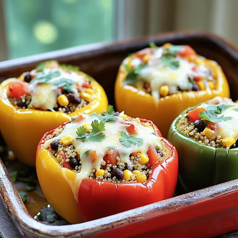 To make my favorite stuffed bell peppers, you will need: - 4 large bell peppers (any color) - 1 cup quinoa, rinsed - 2 cups vegetable broth - 1 can (15 oz) black beans, drained and rinsed - 1 cup corn (fresh or frozen) - 1 cup diced tomatoes (canned or fresh) - 1 small onion, finely chopped - 2 cloves garlic, minced - 1 teaspoon cumin - 1 teaspoon paprika - Salt and pepper to taste - 1 cup shredded cheese (cheddar, Monterey jack, or a blend) - Fresh cilantro for garnish (optional) Using fresh ingredients can boost the flavor of your dish. Fresh bell peppers bring crunch and sweetness. Fresh corn adds a sweet pop. However, canned options also work well. They save time and often taste great. Use canned tomatoes for ease. Just remember to rinse canned beans to reduce sodium. You can swap ingredients based on what you have. Use brown rice instead of quinoa for a different texture. If you don't have black beans, try kidney beans or lentils. For cheese, go dairy-free with a vegan option. Herbs like parsley or basil can replace cilantro if you prefer. Start by preheating your oven to 375°F (190°C). Grab four large bell peppers. You can choose any color you like. Cut the tops off these peppers and take out the seeds and membranes. This keeps the filling inside. Lightly brush the outsides with olive oil. Place them in a baking dish, standing tall and proud. Next, we need to cook the quinoa. In a medium pot, bring two cups of vegetable broth to a boil. Rinse one cup of quinoa in water to remove dirt. Add the rinsed quinoa to the boiling broth. Reduce the heat to low, cover the pot, and let it simmer for about 15 minutes. The quinoa will be fluffy and all the liquid will be gone when done. While the quinoa cooks, let’s make the filling. Heat a drizzle of olive oil in a large skillet over medium heat. Add one small, finely chopped onion and two minced garlic cloves. Sauté for about 3 to 4 minutes until the onion turns soft and clear. Then, add one can of drained black beans, one cup of corn, and one cup of diced tomatoes. Mix in one teaspoon of cumin and one teaspoon of paprika. Stir everything well and let it cook for about 5 minutes. Season with salt and pepper to make it tasty. Once the quinoa is ready, fold it into this mixture. Remove the skillet from heat and add half of the shredded cheese. Now, stuff each bell pepper with this delicious filling. Press down gently to fit as much as you can. Top the stuffed peppers with the rest of the cheese. Cover the baking dish with aluminum foil and bake for 25 minutes. Take off the foil and bake for another 10 minutes until the cheese is bubbly and golden. When they’re done, let the peppers cool for a few minutes before you dig in! For a nice touch, sprinkle fresh cilantro on top if you like. For the full recipe, refer to the provided details above. To make your stuffed bell peppers stand out, spices are key. I love using cumin and paprika. They add warmth and depth. You can also try chili powder for a kick. Don't be shy! Mix and match spices to find your perfect blend. Remember, fresh spices are more potent. Invest in good quality ones for the best taste. Even cooking is important for great stuffed peppers. Make sure to cut the tops off the peppers evenly. This helps them cook well. A quick tip: parboil the peppers for five minutes before stuffing. This softens them and speeds up the cooking process. You want them tender but not mushy. Cheese adds creaminess and flavor to your dish. I recommend using cheddar or Monterey Jack. They melt beautifully and bring richness. For a twist, try feta or goat cheese for a tangy taste. Always sprinkle some cheese on top before baking. This gives a nice golden crust. Enjoy experimenting with different cheeses! For more details, check the [Full Recipe]. {{image_2}} To make vegan stuffed bell peppers, you can easily swap the cheese. Use a vegan cheese or skip it altogether. The filling still tastes amazing! You can also add more veggies like zucchini or mushrooms for added texture. This way, you keep it plant-based and still delicious. The filling can change based on what you have. You can try lentils in place of black beans. Chickpeas add a nice crunch too. If you want a Mediterranean twist, use feta cheese and olives. For a Mexican flair, add salsa and jalapeños. The options are endless! Do you like heat? You can adjust the spice level easily. Add diced jalapeños or a pinch of cayenne pepper to the mix. If you prefer milder flavors, reduce the spices. You can also serve with hot sauce on the side. Each bite can be customized to your taste! For the complete recipe, check out the Full Recipe section above. Enjoy experimenting with these variations! After cooking your stuffed bell peppers, let them cool completely. Place them in an airtight container. Store in the fridge for up to 4 days. This keeps them fresh and tasty. You can freeze stuffed peppers for later. Wrap each pepper tightly in plastic wrap. Place them in a freezer-safe bag or container. They can last up to 3 months in the freezer. Just remember to label them with the date! To reheat, take the stuffed peppers out of the fridge or freezer. If frozen, thaw them overnight in the fridge. Preheat your oven to 350°F (175°C). Place the peppers in a baking dish. Cover with foil to keep them moist. Heat for about 20-25 minutes. If you want crispy cheese, take off the foil for the last 5 minutes. Enjoy your meal again! For the full recipe, check out the details above. Yes, you can prepare stuffed bell peppers ahead of time. You can make the filling and stuff the peppers a day before. Store them in the fridge. When ready to eat, just bake them. They will taste fresh and delicious. Stuffed bell peppers pair well with many side dishes. Here are some great options: - A simple green salad with lemon vinaigrette - Garlic bread for a crunchy side - Steamed vegetables like broccoli or green beans - A side of rice or quinoa for extra fiber These sides enhance the meal and add variety. You will know the stuffed peppers are done when the cheese is bubbly and golden. The peppers should also be tender when pierced with a fork. Typically, baking them for about 35 minutes does the trick. Keep an eye on them to prevent overcooking. Enjoy your meal! In this blog post, I covered how to make delicious stuffed bell peppers. We discussed fresh versus canned ingredients and shared tasty substitutes. I provided step-by-step instructions to prepare and cook the dish. We also explored tips to enhance flavor and ensure proper cooking. Stuffed bell peppers are versatile and can fit your diet. Remember, you can make them vegan or spice them up to suit your taste. Enjoy experimenting with storage for later meals. Stuffed bell peppers are a great option to keep on hand.