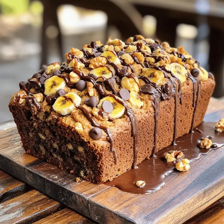 To make this tasty chocolate chip banana bread, you need key ingredients that blend well. Here’s what you'll need: - 3 ripe bananas, mashed - 1/2 cup melted coconut oil (or unsalted butter) - 1/2 cup brown sugar - 1/4 cup granulated sugar - 2 large eggs, beaten - 1 teaspoon vanilla extract - 1 teaspoon baking soda - 1/2 teaspoon salt - 1 1/2 cups all-purpose flour - 1 cup semi-sweet chocolate chips - 1/2 cup walnuts or pecans, chopped (optional) These ingredients work together to create a moist and delicious bread. The bananas add sweetness, while the chocolate chips give you that rich, gooey texture. You can play around with different flavors. Here are some ideas: - Swap coconut oil for unsalted butter for a richer taste. - Use dark chocolate chips for a deeper chocolate flavor. - Add spices like cinnamon or nutmeg for a warm touch. - If you want nuts, try almonds or hazelnuts instead of walnuts. These options let you customize the bread to fit your taste. You can get creative and make it your own! Ripe bananas are key to great banana bread. Here’s how to pick them: - Look for bananas with brown spots on the peel. - The more spots, the sweeter the banana. - Avoid bananas that are too green or too brown. If you need ripe bananas fast, place them in a paper bag. This traps ethylene gas and speeds up ripening. You can use this trick to ensure your bananas are perfect for baking. First, gather all your ingredients. You will need: - 3 ripe bananas, mashed - 1/2 cup melted coconut oil (or unsalted butter) - 1/2 cup brown sugar - 1/4 cup granulated sugar - 2 large eggs, beaten - 1 teaspoon vanilla extract - 1 teaspoon baking soda - 1/2 teaspoon salt - 1 1/2 cups all-purpose flour - 1 cup semi-sweet chocolate chips - 1/2 cup walnuts or pecans, chopped (optional) Next, preheat your oven to 350°F (175°C). Grease a 9x5-inch loaf pan. You can also line it with parchment paper for easy removal later. This step makes serving easier. In a large bowl, mix the mashed bananas and melted coconut oil. Stir until they blend well. Then add the brown and granulated sugars. Mix until the mixture is smooth. Beat in the eggs and vanilla extract. Make sure they are fully incorporated. Sprinkle the baking soda and salt over this mix. Stir gently to combine. Now, add the flour gradually. Mix just until it all comes together. Avoid overmixing. This keeps the bread light and fluffy. Finally, fold in the chocolate chips and nuts if you chose to add them. Ensure they are evenly mixed. Pour the batter into your prepared pan. Smooth the top with a spatula. Bake in the preheated oven for 55-65 minutes. Check for doneness by inserting a toothpick into the center. It should come out clean or with a few moist crumbs. Once done, remove the banana bread from the oven. Let it cool in the pan for about 10 minutes. After that, transfer it to a wire rack. Let it cool completely before slicing. Enjoy your homemade chocolate chip banana bread! If you want the full recipe, check out the [Full Recipe]. To get the best texture in your chocolate chip banana bread, use ripe bananas. Ripe bananas have more natural sugar and moisture. Mash them well for a smooth mix. When mixing, blend just until the flour disappears. Overmixing can make your bread dense. Add chocolate chips gently to keep them from sinking. One common mistake is using cold ingredients. Always use room temperature eggs. Cold eggs can shock the batter. Also, check your baking soda for freshness. Old baking soda can lead to flat bread. Lastly, avoid opening the oven door too early. This can cause your bread to collapse. If you want to skip chocolate chips, try other flavors. You can add nuts for crunch. Walnuts or pecans work great. Spices like cinnamon can add warmth. For a fruity twist, mix in blueberries or diced apples. You can even add a splash of orange juice or zest for brightness. Each choice will change the taste while keeping it delicious. {{image_2}} You can switch up the flavors in your chocolate chip banana bread. Try adding peanut butter for a nutty taste. You can also mix in dried fruits like cranberries or raisins for a sweet twist. For a hint of spice, add a teaspoon of cinnamon or nutmeg. If you love nuts, toss in some chopped walnuts or pecans. Each choice gives a new feel to the classic recipe. If you need a gluten-free option, replace all-purpose flour with a gluten-free blend. Look for one that works well for baking. For a vegan version, swap eggs with flaxseed meal. Mix one tablespoon of flaxseed with three tablespoons of water and let it sit until it gets thick. Use plant-based butter or coconut oil instead of regular butter. These changes will keep your bread moist and tasty. Serve your chocolate chip banana bread in fun ways. Try toasting slices and spreading almond butter on top. This adds a nice crunch and flavor. You can also serve it warm with a scoop of ice cream for a dessert treat. Drizzling honey or maple syrup can take it to the next level. For breakfast, enjoy it with yogurt and fresh fruit. Each way to serve makes it special. For all the details, check the Full Recipe. To keep your chocolate chip banana bread fresh, store it in an airtight container. This helps maintain moisture and flavor. You can place parchment paper between slices to avoid sticking. If you live in a warm area, store it in the fridge. This keeps it safe from mold. However, cold storage may dry it out slightly. You can freeze banana bread for later enjoyment. Wrap it tightly in plastic wrap and then in aluminum foil. This prevents freezer burn. For best results, slice the bread first. This way, you can thaw only what you need. When ready to eat, remove it from the freezer and let it thaw at room temperature. You can also reheat slices in the microwave for about 15-20 seconds. Banana bread stays fresh for about 3-4 days at room temperature. In the fridge, it lasts up to a week. If frozen, it can last for up to three months. Use a loaf pan or a glass container for storage. Glass is airtight and helps keep the bread moist. For the best taste, enjoy it within the first week! Yes, you can! If you skip the chocolate chips, you can still make a tasty banana bread. You might want to add nuts, like walnuts or pecans, for crunch. Dried fruits, like raisins or cranberries, also work well. This gives your bread a nice texture and flavor. You can also spice it up with cinnamon or nutmeg for extra warmth. To ripen bananas fast, place them in a brown paper bag. The bag traps ethylene gas, speeding up the ripening. You can add an apple or another ripe banana to help the process. If you need them super fast, you can bake them! Simply place unpeeled bananas on a baking sheet and bake at 300°F (150°C) for about 15-20 minutes. Watch them turn black. Let them cool before using them in your recipe. To keep your banana bread fresh, store it at room temperature in an airtight container. A zip-top bag works well too. If you want it to last longer, wrap it tightly in plastic wrap and freeze it. When you want a slice, take it out and let it thaw. You can also warm it up in the oven for a few minutes. This brings back that fresh-baked taste! You now know how to make Chocolate Chip Banana Bread. We explored the key ingredients and steps. You learned how to mix for the best results and how to bake it perfectly. We shared tips for texture and flavor options, plus storage tips to keep it fresh. Try adding your own twists to make it unique. Baking can be fun and simple. Enjoy each slice of your delicious creation!