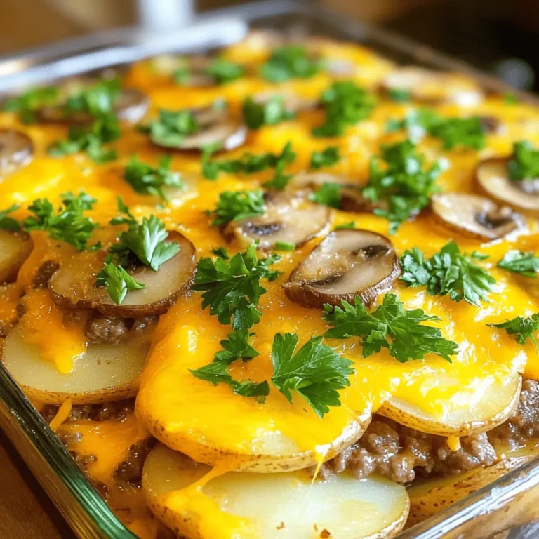 To make an Amish Hamburger Steak Bake, you need a few key ingredients: - 1 pound ground beef - 1 cup onion, finely chopped - 1 cup mushrooms, sliced - 2 cloves garlic, minced - 1 teaspoon Worcestershire sauce - 1 teaspoon smoked paprika - Salt and pepper, to taste - 4 large potatoes, peeled and sliced - 1 cup beef broth - 1 cup shredded cheddar cheese - 1 tablespoon olive oil - Fresh parsley, chopped for garnish These ingredients create a hearty meal. The ground beef gives it richness, while the onions and mushrooms add depth. The potatoes provide a comforting base, and the cheese tops it all with creamy goodness. This recipe serves six people. Each person will enjoy a generous portion that fills the plate. If you want to adjust the number of servings, you can multiply or divide the ingredients easily. If you need substitutions, you can use ground turkey or chicken instead of beef. For dairy-free options, try a plant-based cheese. You can swap out the mushrooms for sweet bell peppers or zucchini for added flavor and color. First, preheat your oven to 375°F (190°C). This helps the dish cook evenly. While the oven heats, gather your ingredients. You will need ground beef, onions, mushrooms, garlic, and seasonings. Next, heat the olive oil in a large skillet over medium heat. Add the chopped onions and minced garlic. Sauté until the onions look clear. This step adds flavor to the beef. After the onions are ready, add the ground beef. Use a wooden spoon to break it up. Cook it until it turns brown. Then, stir in the sliced mushrooms, Worcestershire sauce, smoked paprika, salt, and pepper. Cook everything for about five more minutes. The mushrooms should be soft. Remove the skillet from heat and set it aside. Now, grab a greased 9x13 inch baking dish. Start layering half of the sliced potatoes in the bottom. Season them lightly with salt and pepper. Next, spoon the beef mixture over the potatoes. Spread it out evenly. This helps all the flavors mix well. Then, add the rest of the sliced potatoes on top. Season them with salt and pepper again. Carefully pour the beef broth over the dish. This broth adds moisture as the potatoes cook. Cover the baking dish tightly with aluminum foil. This keeps the steam in while baking. Bake the dish in the preheated oven for 45 minutes. This time helps the potatoes cook through. After 45 minutes, remove the foil. Sprinkle the shredded cheddar cheese over the top. Return the dish to the oven, uncovered. Bake for an additional 15 minutes. This step makes the cheese melt and bubble nicely. Once everything is done, let it cool for a few minutes before serving. Garnish with fresh parsley for a nice touch. Enjoy your meal! For the full recipe, check the link. To effectively brown the ground beef, start with a hot skillet. Use medium-high heat. Break the meat into small pieces as it cooks. This helps it brown evenly. Stir often for the best results. You want a nice, deep brown color. This adds great flavor to your dish. For perfect mushroom texture, choose fresh mushrooms. Slice them thick for a hearty bite. Add the mushrooms to the skillet after the beef is browned. This keeps them firm. Cook them until they soften but still hold shape. You want them tender, not mushy. Using fresh herbs and spices can really boost flavor. Try adding fresh parsley or thyme to the beef mixture. You can also sprinkle some on top before serving. Fresh herbs give a bright taste. They make the dish feel more special. For side dishes, think about serving a simple salad or steamed veggies. A light salad can balance the richness of the bake. Steamed green beans or broccoli add color and nutrition. These sides make the meal feel complete and satisfying. Check out the Full Recipe for all the details and tips to make your Amish Hamburger Steak Bake perfect! {{image_2}} You can change the meat in this dish easily. If you want a leaner option, use turkey or chicken. Ground turkey offers a great taste and cuts some fat. If you prefer, try a mix of meats for a richer flavor. Adding seasonal vegetables can also create new tastes. Consider carrots, peas, or zucchini. These veggies add color and nutrition. Chop them finely and mix them in with the beef. This keeps the dish exciting and fresh. You can cook this meal in a slow cooker. First, brown the meat on your stove. Then, layer the potatoes and beef in the slow cooker. Pour in the broth and cook on low for 6-8 hours. You will love how tender this makes everything. If you own an Instant Pot, you can use it too. After browning the meat, layer the potatoes and beef as before. Add the broth, then seal the lid. Cook on high pressure for about 20-25 minutes. This method saves time and keeps the flavors strong. For more details, check the Full Recipe for Amish Hamburger Steak Bake. After enjoying your Amish Hamburger Steak Bake, store leftovers properly. Use airtight containers to keep them fresh. Glass or plastic containers work well. Make sure they cool to room temperature before sealing. Place them in the fridge. They will stay good for about three to four days. If you want to keep them longer, consider freezing. For freezing, first, let your dish cool completely. Then, cut it into portions. Wrap each portion tightly in plastic wrap, then place it in a freezer-safe bag. This helps avoid freezer burn. You can keep it in the freezer for up to three months. When it's time to eat leftovers, you want the best texture. The oven works great for reheating. Preheat your oven to 350°F (175°C). Place the bake in an oven-safe dish and cover it with foil. This keeps it moist. Heat for about 20-25 minutes, or until warm throughout. You can also use the microwave for quick reheating. Place a portion on a microwave-safe plate. Cover it with a microwave-safe lid or another plate. Heat in 1-minute bursts, checking for warmth in between. Always ensure leftovers are heated to at least 165°F (74°C) for safety. Use a food thermometer if needed. Enjoy your meal again without losing flavor or texture! What is Amish cuisine known for? Amish cuisine is known for its hearty, simple meals. It focuses on fresh, local ingredients. Dishes often feature meats, vegetables, and baked goods. Comfort food plays a big part in their cooking style. Many recipes use traditional methods passed down through generations. This makes the food feel warm and inviting. Can I make this dish ahead of time? Yes, you can prepare this dish ahead of time. You can assemble it the night before. Just cover it tightly and keep it in the fridge. This allows the flavors to blend. When you're ready to bake, adjust the time slightly if it's cold. This makes it easy to serve a warm meal on busy days. Why are my potatoes not cooking through? If your potatoes are not cooking through, they may be too thick. Make sure to slice them thin and evenly. Layering them properly also helps with cooking. The beef broth is crucial for moisture. Always ensure you pour enough broth over the dish. How can I avoid a watery dish? To avoid a watery dish, ensure you drain excess liquid from the beef mixture. Cook the beef until all the moisture evaporates. Also, do not skip the step of covering with foil while baking. This keeps moisture in without making it too wet. Caloric breakdown per serving Each serving of Amish Hamburger Steak Bake has about 400 calories. This includes protein from the beef and healthy fats from the cheese. The potatoes add carbs, making it a filling meal. Common dietary considerations This dish is not gluten-free due to the Worcestershire sauce. If you're watching sodium, use low-sodium broth. You can adjust cheese amounts to lower fat content. If you prefer a lighter option, use lean ground beef or turkey. This blog post covers the key ingredients and steps for preparing a fantastic Amish Hamburger Steak Bake. You learned about essential components like ground beef, mushrooms, and cheese, along with measurement tips and cooking techniques. I shared helpful tricks to enhance flavor and addressed common FAQs. In closing, this dish is versatile and rewarding. With just a bit of effort, you can create a comforting meal that delights. Enjoy experimenting with variations, and don’t hesitate to make it your own!