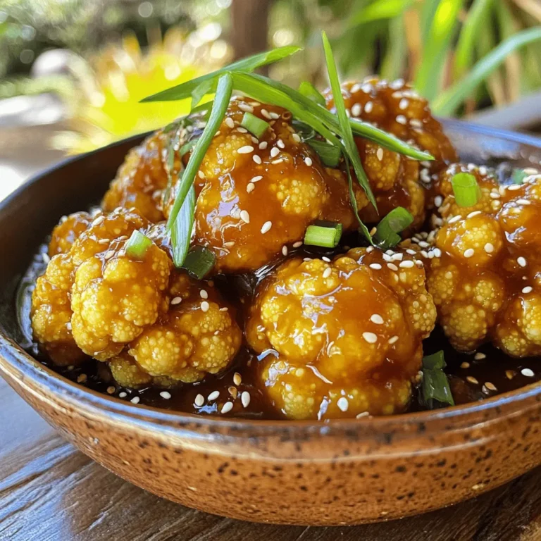 For a delicious General Tso's Cauliflower, you need the right ingredients. Here’s a detailed list to get you started. - Cauliflower and Breading Components - 1 medium head of cauliflower, cut into florets - 1 cup cornstarch - 1/2 cup all-purpose flour - 1 teaspoon baking powder - 1 teaspoon salt - 1/2 teaspoon black pepper - 1/2 teaspoon garlic powder - 1/2 teaspoon onion powder - 1 cup water - Vegetable oil, for frying - Sauce Ingredients - 1 tablespoon sesame oil - 1 tablespoon minced ginger - 3 cloves garlic, minced - 1/4 cup soy sauce - 1/4 cup rice vinegar - 1/4 cup brown sugar - 1 teaspoon red pepper flakes (adjust for spice level) - Optional Garnishes - 2 green onions, sliced - Sesame seeds, for garnish These ingredients work together to create a flavorful dish. The cauliflower gets crispy, and the sauce adds depth. You can find the full recipe later to see how all these come together. Enjoy cooking! To make the batter, start with a large bowl. Add the following dry ingredients: - 1 cup cornstarch - 1/2 cup all-purpose flour - 1 teaspoon baking powder - 1 teaspoon salt - 1/2 teaspoon black pepper - 1/2 teaspoon garlic powder - 1/2 teaspoon onion powder Whisk these well to combine. Next, slowly add 1 cup of water. Stir until the batter is smooth. It should be thick enough to coat the cauliflower florets. Heat vegetable oil in a deep pot or fryer. Aim for 350°F (175°C). While the oil heats, dip each cauliflower floret into the batter. Make sure to let the excess batter drip off. Carefully lower the florets into the hot oil. Fry them in batches until they are golden and crispy, about 5-7 minutes. Use a slotted spoon to remove them and place them on paper towels to drain. In a separate pan, pour in 1 tablespoon of sesame oil. Heat it over medium heat. Add in 1 tablespoon of minced ginger and 3 cloves of minced garlic. Sauté these for 1-2 minutes until they smell great. Now stir in the sauce ingredients: - 1/4 cup soy sauce - 1/4 cup rice vinegar - 1/4 cup brown sugar - 1 teaspoon red pepper flakes (use less if you want it milder) Let the sauce simmer for 3-5 minutes until it thickens slightly. Toss the crispy cauliflower in this flavorful sauce until every piece is covered. For the best presentation, serve the General Tso's Cauliflower in a large bowl. Garnish with sliced green onions and sesame seeds. Enjoy this dish with some steamed rice for a complete meal. You can find the Full Recipe for more details. Achieving Crispy Cauliflower To get that crispy outside, start with dry cauliflower. Pat the florets with a paper towel. The batter should be thick enough to stick but not too thick. Dip each floret and shake off the extra batter. This helps the coating stay crunchy. Tips for Frying Heat your oil to 350°F (175°C). This is key for crispy cauliflower. If the oil is too cool, the florets will soak up oil and become soggy. Fry in small batches. This keeps the oil temperature steady and helps each piece get golden brown. Sauce Consistency The sauce should coat the cauliflower without being runny. After you mix the sauce, simmer it until it thickens a bit. This adds flavor and helps it stick to the crispy florets. If you want a sweeter sauce, add more brown sugar, but do this slowly. Always taste as you go. For the full recipe, check the section above. {{image_2}} Gluten-Free Modifications To make General Tso's Cauliflower gluten-free, swap regular flour for gluten-free flour. You can also use gluten-free soy sauce or tamari. This keeps the dish tasty while meeting dietary needs. Adding Protein (e.g., Tofu) To add protein, mix in tofu. Press and cube firm tofu, then toss it in the same batter. Fry it until golden and crispy. This boosts the meal's nutrition and makes it more filling. Spice Level Adjustments Adjust the heat by changing the red pepper flakes. For mild flavor, use less or skip them. If you want more spice, add fresh chili peppers or sriracha to the sauce. This gives you control over the heat level. Feel free to explore these variations to fit your taste and dietary needs. You can find the full recipe above for all the details! Store your General Tso's Cauliflower in an airtight container. This helps keep the dish fresh. Make sure it cools to room temperature first. Refrigerate it within two hours of cooking. It will stay good for about three days. To keep the crispy texture, do not cover it tightly. Instead, place a paper towel inside the container. This will absorb excess moisture. You can also store the sauce separately. This way, the cauliflower stays crunchy when you reheat it. To reheat, use an oven or an air fryer. Preheat your oven to 375°F (190°C). Bake for about 10 minutes. If using an air fryer, set it to 350°F (175°C) and heat for 5-7 minutes. This helps restore some crispiness. You can also use a microwave, but it may make the cauliflower softer. You can freeze General Tso's Cauliflower, but the texture may change. To freeze, let it cool completely. Then, place it in a freezer-safe bag or container. Make sure to remove as much air as possible. It will last up to three months in the freezer. When ready to eat, thaw in the fridge overnight, then reheat. For the best taste, use the fresh version whenever possible. For the full recipe, check the link above. Yes, you can prepare General Tso's Cauliflower in advance. Cook the cauliflower and store it in the fridge. Keep the sauce separate. When ready to serve, reheat the cauliflower and toss it with the sauce. This keeps the cauliflower crispy. If you need a soy sauce substitute, try coconut aminos. It has a similar taste but is soy-free. You can also use tamari for a gluten-free option. Both will add flavor to your dish. To add heat, increase the red pepper flakes in the sauce. You can also add sliced fresh chilies for extra spice. Drizzle with hot sauce before serving if you want more kick. Adjust to your taste for the perfect spice level. For the full recipe, check out General Tso's Cauliflower. This blog covered making General Tso's Cauliflower with simple ingredients and clear steps. We explored how to prepare the cauliflower, along with tips for perfect texture. Variations let you customize the dish for diets or spice needs. We also discussed how to store leftovers. In conclusion, cooking this dish can be fun and rewarding. With practice, you’ll master the flavors and techniques. Enjoy your kitchen adventures with this tasty option!