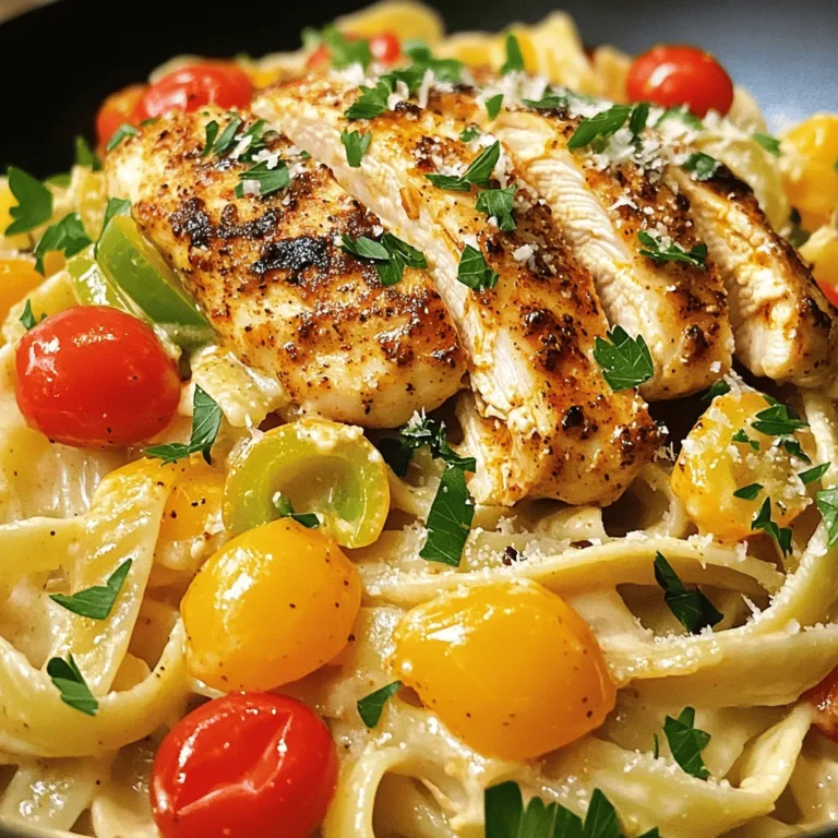 - 2 boneless, skinless chicken breasts - 2 tablespoons Cajun seasoning - 1 cup heavy cream - 8 oz fettuccine or penne pasta - 1 cup cherry tomatoes, halved - 1 cup bell peppers, thinly sliced (red, yellow, or green) - 1 small onion, finely chopped - 2 cloves garlic, minced - 1 tablespoon olive oil - Grated Parmesan cheese for garnish - Fresh parsley, chopped for garnish To make Creamy Cajun Chicken Pasta, gather these ingredients. The chicken gives the dish its heartiness. Cajun seasoning adds a spicy kick. Heavy cream creates the rich sauce that ties everything together. Pasta is the base that brings it all to life. Now, let's talk about the vegetables. Cherry tomatoes add a sweet burst of flavor. Bell peppers bring bright colors and crunch. Onions and garlic build the flavor base for the dish. Each veggie plays a key role. Don’t forget the garnishes! Olive oil brings richness. Grated Parmesan cheese adds a salty touch. Fresh parsley gives a pop of color and freshness. For the full recipe, check out the link for precise measurements and steps! To start, fill a large pot with water and add a generous amount of salt. Bring the water to a boil. Once it’s boiling, add 8 oz of fettuccine or penne pasta. Cook the pasta according to the package instructions until it reaches al dente. This means it should be firm when you bite into it. Drain the pasta in a colander, but save about 1/2 cup of the pasta water. This water will help adjust your sauce later. While the pasta cooks, grab your two boneless, skinless chicken breasts. Sprinkle Cajun seasoning all over the chicken, making sure to cover both sides well. Once seasoned, heat 1 tablespoon of olive oil in a large skillet over medium heat. Add the chicken breasts to the skillet. Cook them for about 6-7 minutes on each side. You want the chicken to reach an internal temperature of 165°F (75°C). After cooking, take the chicken out and let it rest. Once it cools, slice it into strips. In the same skillet, add a finely chopped onion. Sauté it for about 3-4 minutes or until it becomes translucent. Next, add 2 cloves of minced garlic and 1 cup of thinly sliced bell peppers. Cook these for another 2-3 minutes until the peppers soften. Now, pour in 1 cup of chicken broth and bring it to a simmer. After that, stir in 1 cup of heavy cream. Let this mix cook for 2-3 minutes until it thickens slightly. If it becomes too thick, add a bit of the reserved pasta water to adjust the consistency. Now you’re ready to combine everything. Add the cooked pasta and 1 cup of halved cherry tomatoes into the sauce. Toss everything together to ensure the pasta is well coated in the creamy sauce. Season your dish with salt and pepper to taste. For the full recipe, refer to the earlier section. Enjoy this flavorful dinner delight! To get the right sauce thickness, start with the heavy cream. If it gets too thick, add a bit of the pasta water. This water helps keep the sauce creamy and smooth. For flavor balance, taste as you cook. Adjust salt and pepper slowly. Too much salt can overpower the dish, so add it bit by bit. Resting the chicken is key. Once cooked, let it sit for about five minutes. This helps keep it juicy. When slicing, cut against the grain. This keeps the chicken tender and easier to chew. Aim for even strips to make serving simple. Avoid overcooking the pasta. If it’s too soft, it will not hold the sauce well. Cook it just until al dente. The chicken also needs careful cooking. Overcooked chicken can become dry and tough. Lastly, do not ignore seasoning. Adjust as you go and taste often for the best results. For a detailed guide on making this dish, check the Full Recipe. {{image_2}} For a tasty vegetarian version, swap the chicken for plant-based proteins. You can use tofu, tempeh, or seitan. Each option brings a unique flavor. First, marinate your choice in Cajun seasoning to infuse that bold taste. Then, sauté it just like the chicken. This keeps the dish flavorful. Want more heat? You can easily amp up the spice levels. Add extra Cajun seasoning or a dash of hot sauce while cooking. You can also toss in some red pepper flakes for an extra kick. Just be careful; you can always add more, but you can’t take it out! If you need alternatives, there are plenty of options. For the cream, you can use half-and-half or a plant-based cream. This will give a lighter touch but still keep it creamy. As for pasta, if you want whole grain or gluten-free, those work great too. Just adjust the cooking time based on the type you choose. For the Full Recipe, refer back for all details. To keep your Creamy Cajun Chicken Pasta fresh, store it in an airtight container. Make sure it cools down before sealing. Place it in the fridge. It can stay good for up to three days. Avoid leaving it out for more than two hours. This helps prevent bacteria growth. When reheating, use a skillet for the best results. Add a splash of chicken broth or cream to keep it creamy. Heat on low and stir often. You can also use the microwave. Just cover the bowl and heat in short bursts. Stir between each time to avoid hot spots. If you want to freeze this dish, do so before adding the pasta. Cook the chicken and sauce, then let them cool. Place them in a freezer-safe bag or container. Remove as much air as you can. The sauce can last up to three months in the freezer. When ready to eat, thaw it overnight in the fridge. Reheat it on the stove and then add freshly cooked pasta. You can pair this dish with a fresh garden salad. A simple side salad adds crunch and balance. Try a Caesar salad for a rich taste. Garlic bread complements the creamy sauce well. You might enjoy roasted vegetables for an extra flavor boost. Yes, you can make it ahead. Cook the pasta and chicken, then store them separately. Keep the sauce in an airtight container. When ready to eat, reheat the sauce and combine everything. This method keeps the pasta and chicken fresh. To make it dairy-free, swap heavy cream with coconut milk or almond milk. Use dairy-free cheese for garnish. This keeps the creamy texture while removing dairy. Adjust seasoning to suit your taste. Enjoy a rich flavor without the dairy! This blog covered all you need for a tasty Creamy Cajun Chicken Pasta. We discussed key ingredients, simple steps, and helpful tips. You learned how to cook pasta perfectly and season chicken just right. Don't forget about easy variations and how to store leftovers. Remember, cooking is fun! Experiment with flavors and make this dish your own. Enjoy each delicious bite, and share it with friends and family.