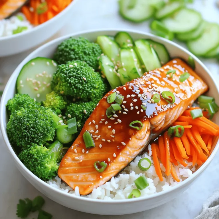 To make teriyaki salmon bowls, you need fresh and tasty ingredients. Here’s what you will need: - Salmon fillets - Teriyaki sauce (homemade or store-bought) - Cooked jasmine rice - Broccoli florets - Carrot (julienned) - Cucumber (thinly sliced) - Green onions (chopped) - Sesame seeds - Olive oil - Salt and pepper - Optional: pickled ginger These ingredients create a meal that is both flavorful and nutritious. Salmon gives you healthy fats and protein. The colorful vegetables add vitamins and crunch. Jasmine rice makes a great base, soaking up the tasty teriyaki sauce. Using fresh ingredients enhances the flavors in the bowl. You can buy the salmon and veggies at your local market. If you want to make your own teriyaki sauce, it’s simple and fun! Just mix soy sauce, sugar, and some ginger. This dish is quick to prepare and perfect for any meal. You can find the full recipe to guide you through the steps. Enjoy cooking! First, take your salmon fillets and place them in a bowl. Pour the teriyaki sauce over the salmon. Make sure it covers the fish well. Let it marinate for 15 to 30 minutes. This step adds a lot of flavor. While the salmon marinates, get a pot of water boiling. Add the broccoli florets to the pot. Blanch them for about 2 to 3 minutes. You want them bright green and slightly tender. Once done, transfer the broccoli to a bowl of ice water. This stops the cooking. Drain the broccoli and set it aside. Next, heat a large skillet on medium heat. Add a tablespoon of olive oil. Once the oil is hot, place the marinated salmon fillets in the skillet. Cook them for about 4 to 5 minutes on each side. The salmon should be cooked through and flaky. Remove it from heat and slice the fillets into strips. Now it’s time to build your bowls. Start with a base of cooked jasmine rice. Next, add the salmon strips on top. Then, layer the blanched broccoli, julienned carrots, and sliced cucumber. Drizzle some extra teriyaki sauce over the top for more flavor. Sprinkle chopped green onions and sesame seeds on your bowl. For a fun touch, you can add pickled ginger on the side. It adds a nice zing. Enjoy your delicious teriyaki salmon bowls! For the full recipe, check out the previous section. To cook salmon just right, aim for 4-5 minutes on each side. This gives you flaky, moist fish. The cook time may vary based on thickness. Use a fork to check for doneness; it should flake easily. If you want extra flavor, let the salmon marinate longer. A longer soak in teriyaki sauce makes a big difference. You can make your teriyaki sauce even better. Add fresh ginger or garlic for a spicy kick. A splash of lime juice brightens the sauce and balances sweetness. You can also mix in a teaspoon of honey or brown sugar for more depth. If you want more heat, try a pinch of red pepper flakes. Creating a beautiful bowl is easy! Start with a layer of rice at the bottom. Arrange salmon strips on top, then add colorful veggies like carrots and cucumbers. Use a rainbow of colors to make the dish pop. Finally, sprinkle sesame seeds and green onions for a finishing touch. Serve with pickled ginger for extra flair. For the full recipe, check out the details to impress your guests! {{image_2}} If you want different flavors, try using tofu or chicken. Tofu is a great choice for a plant-based meal. Press the tofu to remove excess water, then cut it into cubes. Marinate it in teriyaki sauce just like the salmon. Cook it in a skillet until golden brown. Chicken is another option. Use boneless, skinless chicken breasts. Season and cook them until they reach 165°F. Slice and add them to your bowl. Both options give you tasty alternatives to salmon. If jasmine rice isn't your favorite, swap it for other grains. Brown rice adds more fiber and has a nutty taste. Quinoa is another great choice. It's high in protein and cooks quickly. You can also try cauliflower rice for a low-carb option. Each of these will change the flavor and texture, making your bowl unique. Boost your bowl's nutrition with seasonal veggies. Broccoli is a classic, but you can add bell peppers or snap peas for a crunch. Spinach or kale can add green nutrients. Use whatever is fresh and in season. Not only do these veggies enhance the taste, but they also make your dish colorful and appealing. Get creative and mix different vegetables to keep things exciting! For a full recipe, check out the [Full Recipe]. You can keep your teriyaki salmon bowls in the fridge. Store them in airtight containers. They stay fresh for up to three days. Make sure the salmon is covered well to maintain its flavor. To reheat, place the salmon bowl in the microwave. Heat for about one to two minutes. Check if it’s warm all the way through. You can also reheat it on the stove. Just use a non-stick pan over low heat. Add a splash of water to keep it moist. If you want to freeze your bowls, do it before adding fresh veggies. The salmon and rice freeze well for about one month. Wrap each portion tightly in plastic wrap, then place it in a freezer bag. When you’re ready to eat, thaw it in the fridge overnight. Reheat and add fresh veggies before serving. You can make teriyaki sauce easily at home. Combine soy sauce, mirin, and sugar in a small pot. Heat it on low until the sugar dissolves. Add minced garlic and ginger for extra flavor. Let it simmer for a few minutes to thicken. This sauce is great for marinating salmon or drizzling over your bowl. Teriyaki Salmon Bowls go well with a variety of sides. Here are a few ideas: - Steamed edamame - Seaweed salad - Pickled vegetables - Miso soup - Sautéed bok choy These sides add color and flavor to your meal. Yes, Teriyaki Salmon Bowls are a healthy choice. Salmon is high in omega-3 fatty acids, good for your heart. The veggies add fiber and vitamins. Jasmine rice provides energy through carbohydrates. Just watch the teriyaki sauce, as it can be high in sugar. Use a homemade version for better control over ingredients. Yes, you can use frozen salmon. Just make sure to thaw it first. Place it in the fridge overnight or run it under cold water. Pat it dry before marinating. Frozen salmon can taste great too, as long as you cook it properly. Follow the same cooking times as fresh salmon for best results. For the complete recipe, check out the Full Recipe section! This blog post covered how to make delicious teriyaki salmon bowls. We discussed the important ingredients, like salmon and teriyaki sauce, and how to prepare them. We shared tips for cooking, variations to try, and safe storage methods. Remember, you can use other proteins or veggies if you want. With these steps, you can create a tasty meal. Enjoy experimenting in your kitchen and feel good about your cooking!