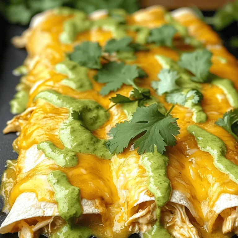 - 2 cups cooked chicken, shredded - 8 oz cream cheese, softened - 1 can (10 oz) green enchilada sauce - 1 cup shredded cheddar cheese - 1 cup shredded Monterey Jack cheese - 8 small flour tortillas To make these easy cream cheese chicken enchiladas, you need simple and tasty main ingredients. The chicken adds protein, while the cream cheese gives a rich and creamy texture. The green enchilada sauce adds a zesty punch that balances the dish. Using both cheddar and Monterey Jack cheese creates a delicious flavor blend. Lastly, the flour tortillas wrap everything together perfectly. - 1 teaspoon garlic powder - 1 teaspoon onion powder - 1/2 teaspoon cumin - Salt and pepper to taste Seasonings are key to enhancing the flavor of your enchiladas. Garlic powder and onion powder add depth. Cumin brings a warm, earthy note that ties all the ingredients together. Always adjust salt and pepper to your taste for a well-seasoned dish. - Fresh cilantro, for garnish Garnish your enchiladas with fresh cilantro. It adds a bright, fresh flavor and makes the dish look appealing. A little sprinkle goes a long way in elevating your meal. For the full recipe, check out the details above. First, you need to preheat your oven to 350°F (175°C). This step warms up the oven, making it ready for baking. A preheated oven helps the enchiladas cook evenly. In a large bowl, mix 2 cups of shredded chicken with 8 oz of softened cream cheese. Add 1 teaspoon of garlic powder, 1 teaspoon of onion powder, and 1/2 teaspoon of cumin. Season with salt and pepper to taste. Use a fork or spatula to blend everything until it’s smooth and creamy. This mixture is the heart of your enchiladas. Next, take a small flour tortilla. Scoop about a third of a cup of the chicken-cream cheese mixture and place it in the center. Carefully roll the tortilla tightly. Make sure the seam is down when you place it in a greased baking dish. Repeat this with all 8 tortillas. Each roll should be snug but not too tight. Once your tortillas are in the baking dish, pour 1 can (10 oz) of green enchilada sauce evenly over the top. This sauce gives flavor and moisture to the enchiladas. After that, sprinkle 1 cup of shredded cheddar cheese and 1 cup of shredded Monterey Jack cheese on top. Cover the enchiladas completely with cheese for a gooey finish. Cover the dish with aluminum foil. Bake in your preheated oven for 20 minutes. After that, remove the foil and bake for another 10 minutes. You want the cheese to get bubbly and golden. This creates a delicious crust on top. When your enchiladas are done baking, take them out and let them cool for a few minutes. Before serving, sprinkle fresh cilantro on top. This adds a burst of color and flavor. Now, your easy cream cheese chicken enchiladas are ready to enjoy! For the complete recipe, check out the full recipe. To make the chicken-cream cheese mixture shine, you can add a few extras. Try mixing in some chopped green onions for a fresh crunch. A squeeze of lime juice adds a zesty kick. If you like heat, diced jalapeños give a nice spice. You can also experiment with spices. Add some chili powder or paprika for extra flavor. These simple tweaks can elevate your enchiladas and impress your family. If you have leftover enchiladas, store them properly to keep them tasty. Let the dish cool completely before storing. Use an airtight container to seal in freshness. They can stay in the fridge for up to three days. For longer storage, freeze them. Wrap each enchilada in plastic wrap, then place them in a freezer bag. They can last for up to three months. When ready to eat, thaw them in the fridge overnight. Reheat in the oven at 350°F until warmed through. Pairing sides and drinks with your enchiladas can make the meal even better. A fresh salad with lime vinaigrette adds a light touch. You could also serve rice seasoned with cilantro and lime. For drinks, try a chilled margarita or a light beer. These options balance the rich flavors of the enchiladas. Enjoy your meal with family and friends! {{image_2}} You can easily add vegetables to the enchiladas for extra flavor and nutrition. Here are some great options: - Spinach: Add fresh or cooked spinach to the filling. It adds color and nutrients. - Bell Peppers: Dice red, green, or yellow bell peppers for sweetness and crunch. - Corn: Sweet corn adds a nice pop of flavor and texture. - Zucchini: Shredded zucchini blends well with the chicken and cream cheese. Mix these vegetables in with the chicken and cream cheese for a tasty twist. If you want to switch up the cheese, many options work well: - Pepper Jack: This cheese adds a nice kick with its spices. - Feta: Crumbled feta gives a tangy flavor that pairs well with the chicken. - Mozzarella: For a milder taste, use mozzarella cheese for a gooey texture. Feel free to mix and match these cheeses to find your favorite blend. You can easily control the spice level in your enchiladas. Here’s how: - Mild: Use a mild green enchilada sauce and skip any hot spices. - Medium: Add a pinch of chili powder or cayenne for a bit of heat. - Spicy: Mix in diced jalapeños or use a spicy enchilada sauce. Adjust the spice to fit your taste and enjoy a customized dish. You can keep your leftover enchiladas in the fridge. Place them in an airtight container. They stay fresh for up to four days. If you want to keep them longer, freezing is the best choice. Always let the enchiladas cool to room temperature before storing. To freeze your enchiladas, follow these steps: - Wrap each enchilada tightly in plastic wrap. - Place them in a freezer-safe bag or container. - They can stay in the freezer for up to three months. When you are ready to eat, thaw them overnight in the fridge. To reheat your enchiladas without losing flavor, try these methods: - Use the oven: Preheat to 350°F (175°C). Place enchiladas in a baking dish, cover with foil, and heat for about 20 minutes. - Use the microwave: Place one enchilada on a microwave-safe plate. Cover with a damp paper towel. Heat for 1 to 2 minutes, checking often. These methods keep your enchiladas warm and tasty. Enjoy them hot! Yes, you can use rotisserie chicken. It saves time and adds great flavor. Just shred the chicken and mix it with the cream cheese. This shortcut makes the recipe even easier. I often recommend this method for busy nights. To make these enchiladas gluten-free, switch to gluten-free tortillas. Many brands offer tasty options. Look for ones made from corn or rice flour. They work well and hold the filling nicely. Just follow the same steps as the recipe. These enchiladas pair well with many sides. Consider serving them with a fresh salad, rice, or beans. You can also add some guacamole or sour cream for extra flavor. Chips and salsa make a fun appetizer too. Enjoy mixing and matching! This blog post shared a tasty recipe for cream cheese chicken enchiladas. You learned about the main ingredients, seasonings, and how to prepare them step by step. We explored tips for perfecting the filling and storing leftovers. You also got ideas for variations, storage info, and frequently asked questions. Enchiladas are versatile and sure to please. Enjoy making them your way!