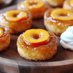 - Ripe peaches: Choose peaches that are firm yet slightly soft. Look for a sweet aroma. The best peaches for baking are freestone varieties, which are easy to slice. Avoid bruised or overly soft peaches. Fresh peaches make the cake taste great and add natural sweetness. - Essential baking ingredients: You need some basics. These include unsalted butter, brown sugar, and all-purpose flour. Butter adds richness, while brown sugar gives the cake a nice caramel flavor. Flour helps the cake rise and hold its shape. - Optional toppings: Whipped cream adds a creamy touch. You can also sprinkle cinnamon for extra flavor. Both serve as perfect complements to the sweet peaches. You can get creative with toppings based on your taste. For the full recipe, check out the details provided earlier. Preheat your oven to 350°F (175°C). This step is crucial for even baking. While the oven heats, get your muffin tin ready. Grease the tin with a little butter. You can also use muffin liners if you prefer. This helps the cakes come out easily after baking. In a small bowl, mix the melted butter and brown sugar. Stir until they blend well. This mixture gives the cakes a sweet, gooey base. Distribute this mixture evenly in the muffin cups. Use about a tablespoon for each cup. In a medium bowl, whisk together the dry ingredients. This includes flour, granulated sugar, baking powder, baking soda, salt, and cinnamon. In another bowl, mix the wet ingredients. Combine buttermilk, egg, and vanilla extract. Stir until well mixed. Now, pour the wet mix into the dry mix. Stir gently to combine. It’s okay if you see a few lumps; don’t overmix. Now, it's time to layer. Place 2-3 slices of peach on top of the brown sugar mixture in each muffin cup. Then spoon the cake batter over the peaches. Fill each cup about 2/3 full. Bake in your preheated oven for 18-22 minutes. Check for doneness by inserting a toothpick in the center. If it comes out clean, they are ready. Once baked, remove the mini cakes from the oven. Let them cool in the tin for about 5 minutes. To invert the cakes, place a serving platter over the muffin tin. Carefully tap the tin to release the cakes. If any peach slices stick, gently use a small knife to help them out. Serve warm, and consider topping with whipped cream for a treat. For the best flavor, use ripe, juicy peaches. Good varieties include Freestone and Clingstone. Freestone peaches come off the pit easily. Clingstone peaches cling to the pit but are very sweet. Always choose peaches that feel heavy for their size. Check for a nice, sweet smell. To slice peaches, cut them in half around the pit. Twist the two halves apart. Remove the pit with your fingers or a knife. Slice the peach halves into thin wedges. One common mistake is overmixing the batter. Mixing too much can make your cakes tough. Mix just until the dry and wet ingredients blend. It’s okay if it’s a bit lumpy. Another mistake is not greasing the muffin tin. Make sure to grease it well or use liners. This helps avoid sticking and makes cleanup easy. You can add different flavors to your mini cakes. Try using almond extract instead of vanilla for a twist. For a spiced version, add nutmeg or more cinnamon. You can also mix in chocolate chips or nuts. For serving, try placing a mint leaf on top for color. A drizzle of honey can also bring out the sweetness. Enjoy these mini cakes warm or at room temperature. They are great for gatherings and parties. For the full recipe, check out the section above. {{image_2}} You can use other seasonal fruits in these mini cakes. Try using ripe nectarines, plums, or even fresh berries. Each fruit adds a unique taste and color. For a fun twist, mix in different fruits. Pair peaches with blueberries or raspberries for a burst of flavor. This mix creates a vibrant and tasty treat. To make these mini cakes gluten-free, swap all-purpose flour for a gluten-free blend. Many blends work well, so pick one you like. For a vegan version, replace the egg with a flaxseed or chia seed mixture. Just mix one tablespoon of seeds with three tablespoons of water. Let it sit until it thickens. Maintaining texture is key. Use non-dairy milk instead of buttermilk. You can also add a tablespoon of vinegar to regular plant-based milk. This trick makes it curdle and gives a similar taste. Enjoy these variations without losing the delightful taste of the original recipe. For the full recipe, check the ingredients and steps provided. To keep your Peach Upside Down Mini Cakes fresh, follow these steps: - Allow the mini cakes to cool completely before storing. - Place them in an airtight container. This keeps moisture in. - Store in the fridge for up to 3 days for the best taste. - For longer storage, freeze the cakes. Wrap each one in plastic wrap, then place them in a freezer bag. They can last up to 3 months. When it's time to enjoy your mini cakes again, here are some tips: - To reheat, place the mini cakes in the microwave for 10-15 seconds. - For a crispier texture, use an oven. Preheat it to 350°F (175°C) and warm the cakes for about 5-7 minutes. - Serve your mini cakes warm for a cozy treat. You can also enjoy them chilled. Both options taste great! For the full recipe, check out the details above. Yes, you can use canned peaches. Just make sure to drain them well. Canned peaches may be softer than fresh ones. This will change the texture slightly but will still taste great. Cut them into similar sizes as fresh peaches for even baking. Check the mini cakes after 18 minutes. Insert a toothpick into the center. If it comes out clean, the cakes are done. If it has batter on it, bake for 2 more minutes. Watch closely to avoid overbaking, as this can dry them out. You can add spices like nutmeg or ginger for extra flavor. Try adding nuts like pecans or walnuts for crunch. Swap peaches for other fruits, like blueberries or cherries. You can also explore different toppings, like a sprinkle of powdered sugar. Yes, you can prepare the batter and store it in the fridge. Just cover it tightly. Bake the mini cakes when you are ready to enjoy them. You can also bake them ahead and store them in an airtight container for a couple of days. Absolutely! Just double all the ingredients listed. Use two muffin tins or bake in batches. Keep an eye on the baking time, as it may change slightly. Doubling will let you share these tasty treats with more friends and family. You now have a great guide for making Peach Upside Down Mini Cakes. We covered everything from picking the best peaches to avoiding baking mistakes. You also learned cool ways to mix things up with flavors and fruits. Always remember to store leftovers properly and reheat for the best taste. Enjoy making these cakes for yourself and others. They’re sure to impress! Happy baking!