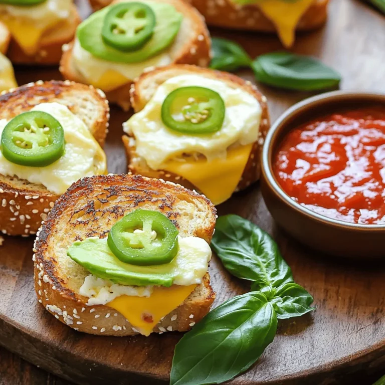 To make these mini grilled cheese sandwiches, you need a few key ingredients. Here’s what you’ll need: - 8 slices of sourdough bread - 4 slices of sharp cheddar cheese - 4 slices of mozzarella cheese These ingredients are the base of your sandwiches. The sourdough gives a nice crunch, while the cheeses add creamy goodness. You can boost the flavor with some optional ingredients. Consider adding: - 1 ripe avocado, sliced - 1 small jalapeño, thinly sliced (for heat) - Fresh basil leaves (for garnish) - Salt and pepper to taste Avocado adds creaminess and jalapeño adds a kick. Fresh basil brightens the flavors. You can mix and match bread and cheese for your mini sandwiches. While I love sourdough, you can try: - Whole grain bread for a nutty taste - Brioche for a sweet touch For cheese, consider: - Gouda for a smoky flavor - Pepper jack for extra spice These options can help you find your perfect grilled cheese combo. For the full recipe, check the details above. Start by gathering all your ingredients. You will need: - 8 slices of sourdough bread - 4 slices of sharp cheddar cheese - 4 slices of mozzarella cheese - 1 ripe avocado, sliced - 1 small jalapeño, thinly sliced (optional for heat) - 1 tablespoon garlic butter - Fresh basil leaves (for garnish) - Salt and pepper to taste First, prepare your garlic butter. Just mix one tablespoon of softened butter with one clove of minced garlic. This adds a nice flavor to your sandwiches. Now it’s time to build your mini grilled cheese sandwiches. Spread a thin layer of garlic butter on one side of each slice of sourdough. This helps create a crispy crust. On the unbuttered side of four slices, layer one slice of sharp cheddar cheese. Then, add one slice of mozzarella cheese. For extra flavor, place 2-3 slices of avocado on top. If you like heat, add a few jalapeño slices. Finish by topping each with another slice of bread, ensuring the buttered side faces out. Next, heat a skillet or griddle over medium heat. Place the assembled sandwiches on the skillet. Grill for about 3-4 minutes, or until the bread turns golden brown and the cheese begins to melt. Carefully flip each sandwich over. Cook for another 3-4 minutes on this side. Once done, remove them from the skillet and let them cool for a minute. Finally, cut each sandwich in half. Add a pinch of salt and pepper. Don’t forget to garnish with fresh basil leaves before serving. Enjoy this quick and easy treat! For the full recipe, check out the instructions above. To get that nice crunch, use enough garlic butter on the bread. Spread it thick, but not too thick. Heat your skillet to medium, not high. If it’s too hot, the bread will burn before the cheese melts. Grill each side for about 3-4 minutes. Watch for that golden color, as it means you are on the right track! Think beyond cheese! Avocado adds creaminess. Jalapeños give a spicy kick. You can also try adding tomato slices or crispy bacon. Fresh herbs like basil or cilantro can brighten up the flavor too. Pair your mini sandwiches with marinara sauce or aioli for dipping. This adds a fun twist that everyone will love! If you don’t have a skillet, don’t worry! You can use a griddle or even a panini press. A toaster oven works well too, but keep an eye on the time. Each method has its own charm and can get the job done. Just remember, the key is to keep the heat steady for that perfect melt! {{image_2}} You can use a variety of cheeses for mini grilled cheese sandwiches. Each cheese brings its own flavor. Try gouda for a smoky taste or pepper jack for a spicy kick. Swiss cheese adds a nice nutty touch. Mixing different cheeses can create a fun flavor profile. Add-ins make these sandwiches even more exciting. You can include sliced turkey or ham for protein. Fresh spinach or arugula adds a hint of green. Tomatoes or roasted peppers give a burst of flavor. Use your favorite ingredients to create your perfect blend. You can easily make vegan mini grilled cheese sandwiches. Use dairy-free cheese made from nuts or soy. Spread avocado instead of butter for richness. Whole grain bread or gluten-free bread works well too. This way, everyone can enjoy this tasty treat. For the full recipe, check out the details above. To store leftover mini grilled cheese sandwiches, let them cool first. Then, place them in an airtight container. You can keep them in the fridge for up to three days. This keeps them fresh and ready to eat. To reheat your sandwiches, use a skillet. Heat it over medium-low heat. Place the sandwiches in the skillet and cover with a lid. This helps the cheese melt well. Heat for about 2-3 minutes on each side. You can also use a microwave, but it may make the bread soft, not crispy. If you want to save some sandwiches for later, freezing works well. Wrap each sandwich in plastic wrap and then in foil. This will protect them from freezer burn. You can freeze them for up to a month. When ready to eat, thaw in the fridge overnight, then reheat as described above. Enjoy your mini grilled cheese sandwiches anytime! Check out the Full Recipe for more details. You can use many cheeses for grilled cheese. Some good choices are gouda, swiss, and provolone. Each cheese adds its own unique flavor. Mixing cheeses can create a fun taste. For example, try combining cheddar and pepper jack for a spicy twist. Yes, you can use whole-grain bread. It gives a different taste and texture. Whole-grain bread adds fiber, making it a healthier choice. Just remember, the cooking time may change slightly. Keep an eye on it while grilling. To make mini grilled cheese in the oven, preheat your oven to 375°F. Assemble your sandwiches on a baking sheet. Brush the tops with garlic butter. Bake for about 10 minutes, flipping halfway through. This method makes them crispy and golden brown. Absolutely! You can add many fun ingredients. Try adding cooked bacon, sliced tomatoes, or even spinach. These add flavor and nutrition. Be creative with what you have at home! You will know they are done when they are golden brown and the cheese is melted. You can also check by pressing gently on the sandwich. It should feel warm and soft inside. You can prepare the sandwiches ahead. Just keep them in the fridge for a few hours. When ready to eat, grill them as usual. They will still taste great! For the full recipe, check out the details in the article. Enjoy your cooking! Mini grilled cheese sandwiches are fun and easy to make. We discussed the best ingredients and how to make them crispy. I shared tips for flavor and storage, so you can enjoy them later. You can try different cheeses, add meats or veggies, or even go vegan. These little sandwiches are great for parties or snacks. With these steps, you will impress your friends and family. Get creative and make your own tasty versions!