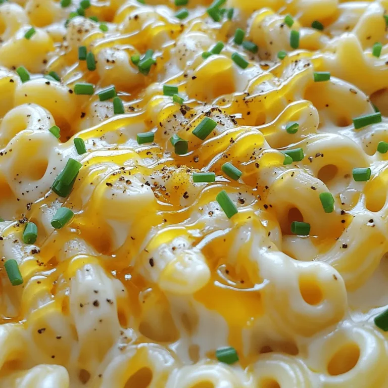- 8 oz elbow macaroni - 2 tablespoons unsalted butter - 2 tablespoons all-purpose flour - 2 cups milk (preferably whole) - 1 cup shredded sharp cheddar cheese - 1 cup shredded mozzarella cheese - 1/2 cup cream cheese, softened - 2 tablespoons honey - 1 teaspoon freshly cracked black pepper - 1/2 teaspoon smoked paprika - Salt to taste - Fresh chives, chopped (for garnish) For this creamy honey pepper mac and cheese, you will need some main ingredients. Start with elbow macaroni. This pasta shape holds the sauce well. You will need butter and flour to make a roux. The roux is key for a rich sauce. Whole milk gives a nice creamy texture. Cheese is where the magic happens! I use sharp cheddar for a bold flavor. Mozzarella adds a stretchy, gooey texture. Cream cheese brings extra creaminess. For flavor, honey adds sweetness that balances the spice. Freshly cracked black pepper gives it a kick. Smoked paprika adds a warm, smoky note. Don't forget to season with salt. Finally, fresh chives make a great garnish. They add a pop of color and taste. You can find the full recipe linked above to guide you through this process! - Boil salted water in a large pot. - Add 8 oz of elbow macaroni and cook until al dente. - Drain the pasta and set it aside. - In the same pot, melt 2 tablespoons of unsalted butter over medium heat. - Whisk in 2 tablespoons of all-purpose flour. - Cook the mixture for 1-2 minutes until it turns lightly golden. - Gradually whisk in 2 cups of milk, stirring until thickened. - Lower the heat and stir in 1 cup each of shredded sharp cheddar and mozzarella cheese. - Add 1/2 cup of softened cream cheese and mix until melted. - Mix in 2 tablespoons of honey, 1 teaspoon of black pepper, and 1/2 teaspoon of smoked paprika. - Add the cooked macaroni and stir to coat evenly. - Portion the creamy mac and cheese into bowls. - Garnish with fresh, chopped chives for added color and flavor. For the full recipe, check out the detailed instructions above. Enjoy your cooking! - Use full-fat ingredients for best results. They add rich flavor and texture. - Avoid overcooking the pasta. Al dente pasta holds sauce better. To make your mac and cheese extra creamy, opt for whole milk. The higher fat content works wonders. I also recommend cream cheese for a velvety finish. It melts beautifully and binds everything together. - Experiment with different cheese blends. Combining cheeses gives depth. - Add more honey for sweetness. A spoonful can enhance the dish. If you want to change the flavor, try mixing sharp cheddar with gouda or fontina. Each cheese brings a unique taste. If you like it sweeter, feel free to drizzle in more honey. It balances the pepper's heat and creates harmony. - Ensure roux is well-cooked. A good roux thickens the sauce. - Whisk continuously while adding milk. This prevents lumps and ensures smoothness. When making the roux, cook it until it's a light golden color. This step adds a nutty flavor to your sauce. As you whisk in the milk, keep the heat low. This helps the sauce thicken properly without burning. For the best texture, stir until it’s silky and smooth. For the Full Recipe, be sure to follow all steps carefully. Enjoy your creamy honey pepper mac and cheese! {{image_2}} If you want to add some heat, consider these options: - Crushed red pepper: Just sprinkle a bit in the cheese sauce. It adds a nice kick. - Jalapeños: Chop fresh jalapeños and mix them in. They add flavor and spice. Want to make your mac and cheese heartier? Try these proteins: - Cooked chicken: Shred or cube some chicken and stir it in. It adds protein and flavor. - Bacon: Crumble crispy bacon into the mix for a smoky taste. Everyone loves bacon! - Shrimp: Sauté shrimp and toss them in for a fun seafood twist. It’s unexpected but delicious. Adding veggies makes your dish colorful and healthy: - Steamed broccoli: Cut it into small pieces and fold it in. It adds crunch and nutrition. - Spinach: Toss in fresh spinach to wilt it in the warm sauce. It adds a nice green touch. - Roasted red peppers: Chop these sweet peppers and mix them in. They add a pop of flavor and color. For more ideas or a full list of ingredients, be sure to check the Full Recipe. To keep your creamy honey pepper mac and cheese fresh, store it in an airtight container. This helps prevent it from drying out or absorbing other smells in your fridge. You can enjoy it for up to 3-5 days. Just be sure to give it a good stir before you serve it again. You can freeze mac and cheese if you want to save some for later. To do this, let it cool completely first. Then, place it in a freezer-safe container or a resealable bag. When you’re ready to eat it, thaw it in the fridge overnight. For reheating, the best method is to use the oven or stovetop. This keeps the texture nice and creamy. If you need a quicker option, use the microwave. Just be sure to cover it to avoid splatters. When reheating, use the oven at 350°F for about 20 minutes. This restores its creamy texture. If using the stovetop, add a splash of milk and warm it over low heat. Stir often to avoid burning. For the microwave, heat in short bursts of 30 seconds. Stir in between to ensure even warming. Enjoy your creamy honey pepper mac and cheese just like fresh! Yes, you can prepare this creamy honey pepper mac and cheese ahead of time. To do this, follow these steps: - Cook the macaroni and make the cheese sauce as usual. - Allow the dish to cool completely before transferring it to an airtight container. - Store it in the fridge for up to three days. When you're ready to serve, reheat it gently on the stove or in the oven. Add a splash of milk if it seems too thick. If you want to make this dish dairy-free, there are great cheese alternatives. Here are some options: - Use dairy-free cream cheese for a similar texture. - Try nutritional yeast for a cheesy flavor without dairy. - Use a blend of cashews and almond milk, blended until smooth, as a creamy base. These options keep the meal tasty while meeting dietary needs. Absolutely! If you like some heat, there are easy ways to add spice: - Mix in crushed red pepper flakes to the cheese sauce. - Add diced jalapeños or serrano peppers when cooking. - Top with a drizzle of hot sauce before serving. These additions will turn up the heat and give your mac and cheese a fun twist. Reheating leftovers requires care to keep the creaminess. Here are some tips: - Use the stovetop for the best results. Add a small amount of milk and heat gently while stirring. - If using the oven, cover the dish with foil. Heat at 350°F until warmed through. - For quick reheating, the microwave works. Heat in short bursts, stirring in between, and add milk if needed. These techniques will help your creamy honey pepper mac and cheese taste fresh again. For the full recipe, check out the earlier section! In this post, we covered a delicious mac and cheese recipe. We explored key ingredients, a step-by-step guide, tips for creaminess, and exciting variations. Each step is simple and can suit your taste. Remember, you can adjust spices and add proteins or veggies. Proper storage will keep leftovers fresh. Enjoy this comforting dish anytime!