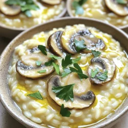 - 1 ½ cups Arborio rice - 4 cups vegetable broth - 1 cup mushrooms (cremini or button), sliced Arborio rice gives risotto its creamy texture. This rice absorbs liquid well. Vegetable broth adds flavor and depth. Use homemade or store-bought broth for ease. Fresh mushrooms add umami and richness. Be sure to slice them thin for even cooking. - 1 cup heavy cream - ½ cup grated Parmesan cheese - Fresh parsley, chopped (for garnish) Heavy cream makes the risotto extra smooth. It adds richness that is hard to beat. Parmesan cheese brings a salty, nutty flavor to the dish. You can skip it for a lighter option. Fresh parsley adds color and a hint of freshness. It brightens up the dish beautifully. - 2 tablespoons olive oil - 1 tablespoon butter - Salt and pepper to taste Olive oil is perfect for cooking the base. It adds a nice flavor to the dish. Butter adds richness and helps with browning. Use salt and pepper to enhance the flavors. Adjust them to your taste as you cook. For the full recipe, check out the Full Recipe section. 1. First, heat the vegetable broth. I keep it on low heat in a saucepan. This keeps it warm for later. 2. Next, chop your onion, garlic, and mushrooms. I like to slice the mushrooms thin. It helps them cook better. 3. In a large skillet or heavy pot, heat olive oil and butter over medium heat. 4. Add the chopped onion and sauté until it is translucent. This takes about 3 to 4 minutes. 5. Stir in the minced garlic and sliced mushrooms. Cook for another 4 to 5 minutes. The mushrooms should become tender and release their moisture. 1. Now, add the Arborio rice to the skillet. Stir constantly for about 2 minutes. This lightly toasts the rice and brings out its flavor. 2. Begin adding the warm vegetable broth one ladle at a time. Stir continuously. The rice will absorb the broth slowly. 3. Keep adding broth until the rice is al dente. This takes about 18 to 20 minutes. 1. Once the rice is cooked, reduce the heat to low. 2. Stir in the heavy cream and grated Parmesan cheese. Mix well until the risotto is creamy. 3. Season with salt and pepper to taste. Adjust it to your liking. 4. Remove from heat and let it rest for a minute. For a lovely presentation, serve the risotto in shallow bowls. Garnish with fresh parsley and sprinkle some extra Parmesan on top. You can drizzle a bit of olive oil for added richness. Enjoy this creamy mushroom risotto, a truly irresistible dish! For the detailed recipe, check the Full Recipe. To make your risotto creamy, stirring is key. Stir the rice often while cooking. This releases starch, which thickens the dish. Use a wooden spoon for the best results. It helps you feel the rice’s texture. You want to create a smooth, velvety finish. The temperature of your broth also matters. Keep it warm while adding to the rice. Cold broth shocks the rice and slows cooking. This can lead to uneven texture. Always ladle in hot broth slowly, allowing the rice to absorb it fully. Choosing the right mushrooms boosts the taste. I recommend cremini or button mushrooms. They add a rich, earthy flavor. For a deeper taste, try shiitake mushrooms. They bring a lovely umami note. Adding herbs and spices can elevate your dish. Fresh thyme or rosemary work well. A pinch of nutmeg adds warmth. Stir in herbs at the end to keep their flavor fresh. This simple step makes your risotto pop with flavor. Using the right pot matters for cooking risotto. A heavy-bottomed pot or skillet is best. It distributes heat evenly without burning the rice. A wide pan allows for better evaporation, making your risotto creamy. Essential utensils include a wooden spoon for stirring. A ladle helps you add broth easily. Keep a measuring cup nearby for precise portions. These tools make your cooking process smooth and fun. For the full recipe, check out the complete guide to creamy mushroom risotto. {{image_2}} You can change the rice type in risotto. Arborio is classic, but you can try Carnaroli or Vialone Nano. These types also work well and give a nice texture. For cream, you can swap heavy cream with half-and-half or coconut cream. This keeps the dish rich and creamy without being too heavy. You can make this dish vegan easily. Use vegetable broth and skip the cheese. Instead, add nutritional yeast for a cheesy flavor. You can also use a plant-based cream to ensure it stays creamy. If you need gluten-free options, check your broth. Most are gluten-free, but always read the labels. Arborio rice is naturally gluten-free, making it a safe choice. To boost flavors, add proteins like cooked chicken or shrimp. These ingredients add heartiness and create a full meal. Just cook them separately and stir them in before serving. You can also toss in vegetables. Peas or spinach add color and nutrition. They cook quickly, so add them in the last few minutes of cooking. This way, they stay bright and fresh. For the full recipe, check out Creamy Mushroom Risotto 🥣. To store leftover risotto, let it cool first. Place it in an airtight container. This keeps it fresh for up to three days in the fridge. When you’re ready to eat, reheat it gently on the stove. Add a splash of broth or cream to bring back its creamy texture. Stir often to avoid burning. You can freeze risotto if you have a lot left. First, let it cool completely. Then, spoon it into freezer-safe bags. Flatten the bags to save space. It will last about one month. To thaw, move it to the fridge overnight. Reheat it on the stove, adding a bit of broth for creaminess. Risotto stays fresh in the fridge for three days. If frozen, use it within one month. Check for signs of spoilage before eating. If it smells sour or looks discolored, throw it out. Always trust your senses when it comes to food safety. To make risotto creamy, you should use Arborio rice. This rice has a high starch content, which helps create that silky texture. Another key technique is to add broth slowly while stirring. This method allows the rice to absorb liquid and release starch. Continuous stirring is vital. It keeps the rice moving and helps it cook evenly. If you stop stirring, the rice could stick to the pot and burn. So, keep that spoon moving! You can use long-grain rice, but it's not ideal. Long-grain rice lacks the starch needed for creaminess. This rice will not yield the same soft texture. Arborio rice or other short-grain options are better. They absorb more liquid and release more starch. This creates the creamy risotto you want. For the best results, always stick with Arborio or Carnaroli rice. Creamy mushroom risotto pairs well with many dishes. You can serve it with grilled chicken or fish for protein. A simple salad can add freshness. Roasted vegetables also make a great side. For a complete meal, try serving it with crusty bread. The bread can soak up the creamy sauce. These pairings enhance the meal while keeping it balanced. You learned how to make a tasty mushroom risotto. I covered key ingredients and steps to achieve creaminess. You now know helpful tips, ingredient swaps, and storage methods. Experiment with flavors to make it your own. Enjoy this dish with your favorite sides. Cooking risotto can be easy and fun, so try it out! With a little practice, you will impress everyone at the table.