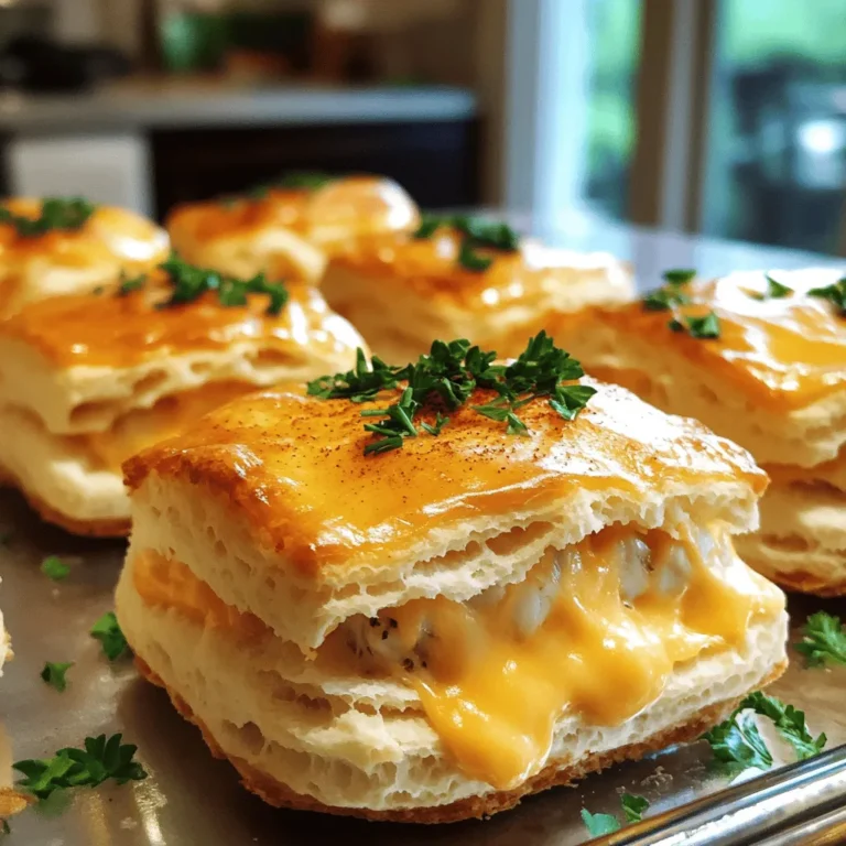To make these delicious crab stuffed cheddar bay biscuits, gather the following items: - 2 cups all-purpose flour - 1 tablespoon baking powder - 1/2 teaspoon garlic powder - 1/2 teaspoon onion powder - 1 teaspoon salt - 1/4 teaspoon cayenne pepper (optional) - 1/2 cup cold unsalted butter, cubed - 1 cup shredded sharp cheddar cheese - 3/4 cup whole milk - 1 cup lump crab meat, picked over for shells - 2 tablespoons cream cheese, softened - 1 tablespoon fresh parsley, chopped - 1 tablespoon lemon juice - 1/4 teaspoon paprika for garnish (optional) You can change some ingredients to fit your taste. Here are some easy swaps: - Flour: Use whole wheat flour for a nuttier flavor. - Butter: Replace cold butter with a dairy-free alternative for a vegan option. - Cheese: Swap sharp cheddar for mozzarella for a milder taste. - Crab Meat: Use shrimp or lobster if crab is not available. - Cream Cheese: Substitute with Greek yogurt for a lighter filling. When choosing crab meat, freshness is key. Follow these tips: - Look for Color: Fresh crab meat should be a bright white or off-white color. - Smell Test: It should smell like the ocean, not fishy. - Check for Shells: Ensure there are no hard shell pieces mixed in. - Buy Local: If possible, buy from local markets or seafood shops to ensure quality. These tips help you find the best ingredients for this crab stuffed cheddar bay biscuit recipe. For the full recipe, check the details above. Start by preheating your oven to 425°F (220°C). This step is key for that perfect golden finish. Line a baking sheet with parchment paper. This helps prevent sticking and makes cleaning easier later. In a large bowl, add the dry ingredients: 2 cups all-purpose flour, 1 tablespoon baking powder, 1/2 teaspoon garlic powder, 1/2 teaspoon onion powder, 1 teaspoon salt, and 1/4 teaspoon cayenne pepper if you want some heat. Mix these well. Next, add 1/2 cup of cold, cubed unsalted butter. Use your fingers or a pastry cutter to blend it until the mix looks like coarse crumbs. Stir in 1 cup of shredded sharp cheddar cheese. Then, slowly add 3/4 cup of whole milk. Mix just until it combines, but don’t overdo it. The dough should remain a bit lumpy. In another bowl, mix 1 cup of lump crab meat, 2 tablespoons of softened cream cheese, 1 tablespoon of chopped fresh parsley, and 1 tablespoon of lemon juice. Be gentle when mixing. You want to keep those nice crab lumps intact. This filling packs a lot of flavor. For each biscuit, take about 1/4 cup of dough and flatten it in your hand. Put a tablespoon of crab filling in the middle. Fold the dough around the filling and seal it carefully. Roll it into a ball and place it on the baking sheet. Repeat this step until all the dough and filling are used. If you like, sprinkle some paprika on top for a pop of color. Bake in the preheated oven for 15-18 minutes. They are ready when they turn a lovely golden brown. Trust me, serving these warm is the best way to enjoy them. If you want the full recipe, don't forget to check it out! If your biscuits don't rise, check your baking powder. It should be fresh. If they are too dry, add a bit more milk next time. If they turn out tough, mix the dough gently. Overmixing makes them dense. To boost flavor, add more spices. You can try smoked paprika or Old Bay seasoning. Fresh herbs like dill or chives also add zest. If you want a kick, mix in some diced jalapeños. Serve these biscuits warm with a side of garlic butter. They pair well with a light salad or a bowl of soup. You can also enjoy them as a snack with a cold drink. For extra flair, garnish with chopped parsley before serving. For the full recipe, check out the Crab Stuffed Cheddar Bay Biscuits section above! {{image_2}} You can switch up the cheese in these biscuits. While sharp cheddar shines, other cheeses work well too. Try mozzarella for a stretchier texture. Aged gouda offers a nutty taste. For a rich option, use cream cheese mixed into the dough. You can even blend different cheeses for a unique twist! If you like heat, add some spice! Try mixing in diced jalapeños or a splash of hot sauce into the crab filling. For a kick without the extra heat, you can increase the cayenne pepper in the dough. This gives the biscuits a nice warmth that pairs well with the crab. Want to skip the crab? You can create a veggie version! Use sautéed mushrooms, spinach, and cream cheese as a filling. Another option is roasted bell peppers and ricotta. These flavors mix nicely with the cheesy biscuit dough. This way, everyone can enjoy a tasty biscuit! For the complete recipe, check out the [Full Recipe]. To keep your crab stuffed cheddar bay biscuits fresh, let them cool first. Place them in an airtight container. Store them in the fridge for up to three days. If you want to keep them longer, freezing is a great option. When you are ready to enjoy your leftovers, preheat your oven to 350°F (175°C). Place the biscuits on a baking sheet. Heat them for about 10 minutes or until warm. This helps keep the biscuits soft and delicious. You can also use the microwave, but they may not be as good. To freeze the biscuits, wrap each one tightly in plastic wrap. Place them in a freezer bag, removing as much air as possible. They can be frozen for up to three months. When you want to eat them, thaw in the fridge overnight. Then reheat as mentioned above. This way, you can enjoy your crab stuffed cheddar bay biscuits anytime! For the full recipe, check the earlier sections. You can serve these biscuits with a fresh salad. A light Caesar salad works well. You might also enjoy them with a bowl of creamy soup, like clam chowder. If you want something fun, try dipping them in garlic butter. The rich flavor pairs great with the crab. Look for a golden brown color on top. The edges should be firm but soft. If you tap the bottom, it should sound hollow. Use a toothpick to check the center; it should come out clean. Yes, you can! Make the dough and chill it in the fridge. You can store it for up to 24 hours. When you’re ready, shape and bake as usual. This saves time on a busy day. You can find tasty recipes online. Websites like food blogs or cooking sites have great options. You can also check cookbooks focused on seafood or Southern cooking for similar recipes. For this specific recipe, check the Full Recipe. The key is to handle the dough gently. Over-mixing will make them dense. Cold butter is also important; it creates steam while baking. This steam helps the biscuits rise and stay light. Use a light hand when shaping, and you’ll have fluffy biscuits! In this post, we explored the key ingredients for crab stuffed cheddar bay biscuits. You learned about ingredient substitutions and how to choose fresh crab meat. I detailed step-by-step instructions for making the dough and stuffing. You got tips for troubleshooting and adding flavors. We also looked at fun variations and smart storage tips. Try these biscuits at your next gathering. They are sure to impress!