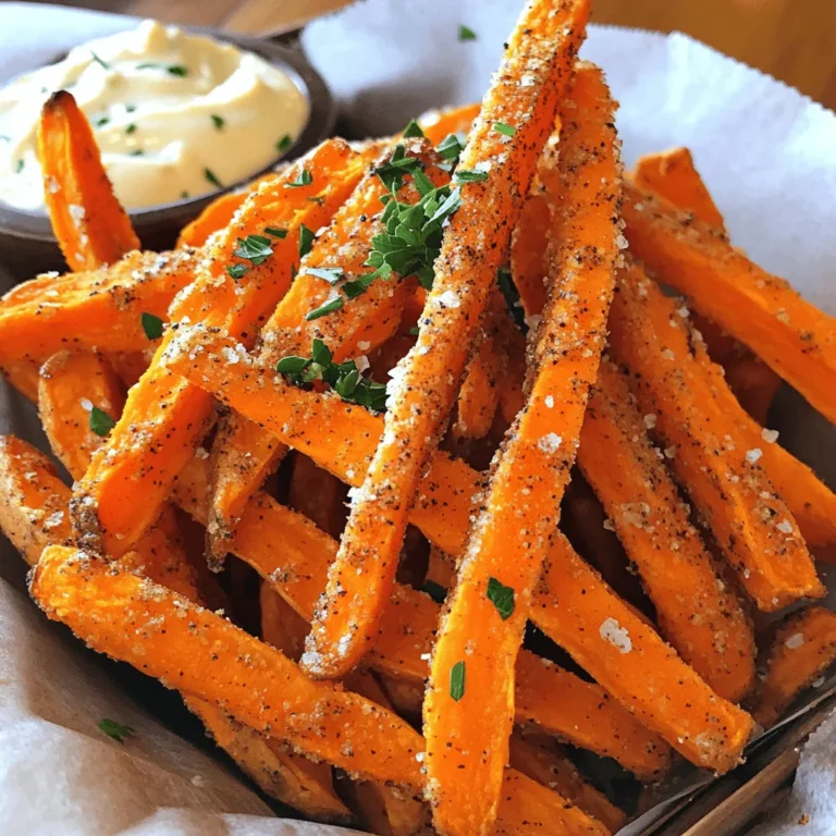 To make crispy oven baked sweet potato fries, gather these simple ingredients. You will need two large sweet potatoes, olive oil, and a mix of spices. These items create a tasty treat that everyone loves. - 2 large sweet potatoes, peeled and cut into thin fries - 2 tablespoons olive oil - 1 teaspoon paprika - 1 teaspoon garlic powder - 1 teaspoon onion powder - ½ teaspoon cayenne pepper (optional, for extra heat) - Salt and pepper to taste - Fresh parsley, chopped (for garnish) These key ingredients combine to create crispy, flavorful fries. Sweet potatoes offer sweetness and nutrients. Olive oil helps them crisp up nicely in the oven. The spices add layers of flavor that make each bite exciting. You can change up the recipe with some optional ingredients. Here are a few ideas: - Chili powder for a smoky kick - Parmesan cheese for a savory touch - Fresh herbs like rosemary or thyme for extra flavor These variations let you enjoy the fries in new ways. Experiment and find your favorite flavors! Start by peeling two large sweet potatoes. Next, cut them into thin fries. Aim for uniform thickness to ensure they cook evenly. This step is key to getting crispy fries. Once cut, place the fries in a bowl. Rinse them in cold water to remove some starch. This helps with crispiness. Drain the fries and pat them dry with a clean towel. Removing excess moisture is important for the best results. In a large bowl, toss the sweet potato fries with two tablespoons of olive oil. Make sure each fry gets a nice coat of oil. This will help the fries crisp up in the oven. Now, it’s time to add flavor. Sprinkle in one teaspoon of paprika, one teaspoon of garlic powder, and one teaspoon of onion powder. If you like heat, add half a teaspoon of cayenne pepper. Finish with salt and pepper to taste. Mix everything well until all fries are covered with the spices. Preheat your oven to 425°F (220°C). Line a large baking sheet with parchment paper. This makes clean-up easy and helps the fries not stick. Spread the fries out in a single layer on the sheet. Avoid overcrowding; this helps them get crispy. Bake for 20 minutes, then flip the fries for even cooking. Return them to the oven for another 10-15 minutes. Look for a golden brown color and a crispy texture. Once done, take them out and let them cool for a few minutes. Garnish with fresh parsley before serving. For a fun twist, serve with your favorite dipping sauce. To get your sweet potato fries crispy, follow a few simple steps. First, cut the fries thinly and evenly. This helps them cook at the same rate. Second, soak the cut fries in cold water for about 30 minutes. This removes some starch and helps with crispiness. After soaking, dry them well with a towel before seasoning. Finally, make sure to spread them out on the baking sheet. Less crowding means better air flow, which leads to crispier fries. Use a large baking sheet for best results. A rimmed sheet works well to keep any oil from spilling. If you have a wire rack, place it on the sheet. This allows heat to circulate around the fries, making them crispier. Also, line your baking sheet with parchment paper. It helps prevent sticking and makes clean-up easy. Avoid cutting your fries too thick. Thick fries tend to be soft inside and will not crisp up as well. Don’t skip soaking them in water; this step is key for crunch. Another mistake is not using enough oil. A light coating of oil helps the fries brown and crisp. Lastly, don’t overcrowd the baking sheet. If fries touch, they will steam instead of bake. For the best result, keep the fries in a single layer, giving them room to breathe. Try these tips, and your crispy oven baked sweet potato fries will be a hit! For the full recipe, check out the detailed instructions above. {{image_2}} You can play with flavors to make your fries unique. Try adding cumin for a warm note. Or mix in some chili powder for a smoky taste. You can also use Italian herbs like oregano and thyme for a fresh twist. Don't forget to adjust salt to balance the flavors. Experiment with these combinations until you find your favorite blend! Dips can change the whole experience of your fries. For a sweet option, try honey mustard or maple syrup. These add a nice contrast to the fries. For a savory choice, garlic aioli or ranch dressing works great. You can even mix Greek yogurt with herbs for a healthier dip. Have fun trying different dips with each batch! If you want to try something new, use an air fryer. It cooks fries faster and makes them crispier. Set your air fryer to 400°F and cook for 15-20 minutes. Shake halfway through for even cooking. You can also make these fries on the grill. Just place them in a grill basket and cook over medium heat. Each method gives a different taste and texture, so explore what you like best! After you enjoy your crispy oven baked sweet potato fries, store any leftovers. Place them in an airtight container. Keep the fries in the fridge for up to three days. If you want to keep them longer, freezing is a great option. To keep your fries crispy, reheat them in the oven. Preheat the oven to 400°F (200°C). Spread the fries out on a baking sheet. Bake for about 10 minutes. This method helps restore crispiness. Avoid using the microwave, as it makes fries soggy. To freeze your fries, let them cool first. Lay them in a single layer on a baking sheet. Freeze until solid, about one to two hours. Then, transfer the fries to a freezer bag. They can stay in the freezer for up to three months. When ready to cook them, bake straight from the freezer. This way, you get freshly baked fries any time! For more details, check the Full Recipe. To make sweet potato fries crispy, start by cutting them thin. Thin fries cook better and crisp up nicely. Coat them with olive oil to help with browning. Use a mix of spices for flavor, like paprika and garlic powder. It's key to spread them out in one layer on the baking sheet. If they are too close, they will steam instead of crisp. Flip them halfway through baking. This helps achieve an even crunch. Yes, you can use other potatoes! Regular russet potatoes work great. They also give a crispy result. Yukon golds are a good choice too, but they may not be as crisp. Each type of potato has its own flavor and texture. Experiment to find your favorite. Just remember to cut them thin for the best results. Sweet potato fries taste great with many dips. Garlic aioli adds a rich, creamy flavor. Spicy ketchup gives a nice kick. You can also try a zesty yogurt dip or a tangy ranch dressing. For something sweet, a honey mustard dip is fun too. Choose a dip that matches your mood or the meal. In this blog post, we explored how to make delicious sweet potato fries. We covered key ingredients and some optional ones for different tastes. You learned step-by-step instructions for preparing, seasoning, and baking your fries to perfection. I shared tips to achieve maximum crispiness and common mistakes to avoid. Remember, experimenting with spice combinations and dips can add zest to your fries. You can even use different cooking methods for variety. Enjoy your tasty snacks today!