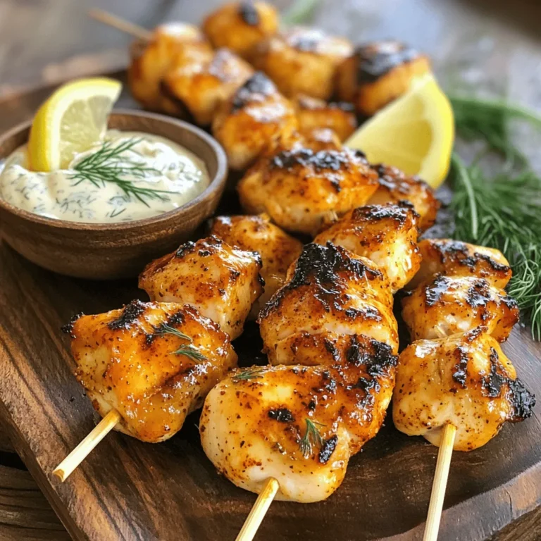 - 1 pound boneless, skinless chicken thighs - 3 tablespoons olive oil - 2 teaspoons smoked paprika - Salt and pepper to taste - 1/2 cup Greek yogurt - 2 cloves garlic, minced - 1 tablespoon fresh dill, chopped - 1 tablespoon lemon juice - Lemon juice for marinating - Wooden skewers (if grilling) To make these grilled chicken bites, you start with simple yet tasty ingredients. The chicken thighs give a juicy bite. Olive oil helps the spices stick. Smoked paprika adds a rich flavor. Finally, salt and pepper balance everything. For the garlic sauce, Greek yogurt keeps it creamy. Minced garlic gives a strong taste. Fresh dill adds a nice touch. Lemon juice brightens the sauce. You can even marinate the chicken in lemon juice for extra flavor. If you want to grill, wooden skewers work well. Just soak them in water first to prevent burning. You can find the full recipe for a step-by-step guide to create these delicious bites. To start, you need to marinate the chicken. Take a bowl and add: - 1 pound boneless, skinless chicken thighs, cut into bite-sized pieces - 3 tablespoons olive oil - 2 teaspoons smoked paprika - 1 teaspoon garlic powder - 1 teaspoon onion powder - Salt and pepper to taste - 1 tablespoon fresh lemon juice Mix all these ingredients well. Ensure every piece is coated. Let the chicken sit for at least 30 minutes. This step adds flavor and helps keep the chicken juicy. While the chicken is marinating, you can make the garlic sauce. In a small bowl, combine: - 1/2 cup Greek yogurt - 2 cloves garlic, minced - 1 tablespoon fresh dill, chopped - 1 tablespoon lemon juice - Salt and pepper to taste Stir everything together until smooth. You can adjust the seasoning to your liking. Then, refrigerate it until you're ready to serve. This will let the flavors blend. Next, it’s time to cook the chicken. Preheat your grill or grill pan over medium-high heat. It’s also good to oil the grill to stop sticking. Now, skewer the marinated chicken bites. Leave a little space between each piece for even cooking. Place the skewers on the grill. Cook for about 4-5 minutes on each side. You want nice grill marks, and the chicken should reach an internal temperature of 165°F (75°C). Once cooked, remove the skewers from the grill. Let them rest for a couple of minutes. Serve the chicken bites with the creamy garlic sauce on the side for dipping. For the full recipe, check out the details above. To get the best grilled chicken bites, follow these tips: - Grilling Time and Temperature: Grill chicken bites for about 4-5 minutes on each side. The grill should be medium-high, around 400°F (200°C). This ensures a nice sear and juicy inside. - Importance of Marination: Marinating is key. It adds flavor and keeps the chicken moist. Let the chicken sit in the marinade for at least 30 minutes. For the best taste, marinate for up to 2 hours. Serve your grilled chicken bites in a way that impresses. Here are some ideas: - Plating Ideas: Arrange the chicken bites on a large platter. Garnish with fresh dill or parsley for a pop of color. - Pairing Options: Serve with fresh veggies, rice, or a light salad. A glass of lemonade or iced tea pairs nicely with this dish. Want to make your garlic sauce even better? Try these tips: - Additions for Extra Flavor: You can mix in a pinch of cayenne pepper for heat or add some chopped fresh herbs like basil or parsley. - Adjusting the Consistency: If your sauce is too thick, add a splash of water or extra lemon juice. This will make it easier to dip and more refreshing. For the full recipe, check out the detailed instructions above. {{image_2}} You can swap chicken for shrimp or beef in this recipe. Shrimp cooks quickly and adds a nice flavor. Use the same marinade for best results. Beef gives a heartier taste. Choose tender cuts like sirloin or flank steak. For a vegetarian option, try tofu or mushrooms. Tofu absorbs flavors well, so marinate it just like the chicken. Mushrooms add a rich, earthy taste. Use portobello or cremini for a meaty texture. Feel free to spice things up in the marinade. Add herbs like rosemary or thyme for a fragrant twist. You can also try smoked paprika for a deeper flavor. If you like heat, create a spicy garlic sauce. Add red pepper flakes or hot sauce to the garlic sauce. This version will give your bites an exciting kick. You can bake or grill the chicken bites. Baking works well if you want an easier method. Just spread the bites on a lined baking sheet. Bake at 400°F (200°C) for 15-20 minutes, flipping halfway. Grilling gives you those lovely char marks and smoky flavor. If you want a healthier option, try an air fryer. Set it to 400°F (200°C) and cook for about 10-12 minutes. This method keeps the chicken juicy while cutting down on oil. For the full recipe, check the main article above. To keep your leftover chicken bites fresh, place them in an airtight container. Make sure the container is clean before use. Store the chicken in the fridge for up to three days. For the garlic sauce, keep it in a separate container. Use a lid to seal it tightly. The sauce will stay fresh for about five days in the fridge. When reheating chicken bites, aim for the oven or stovetop. Both methods help keep the chicken juicy. If using the oven, set it to 350°F (175°C). Heat for about 10 minutes. On the stovetop, use medium heat. Stir gently for about 5 minutes. Always check that the center is hot before serving. You can freeze grilled chicken bites if you have leftovers. Place them in a freezer-safe bag. Squeeze out as much air as possible. Label the bag with the date. They will last up to three months in the freezer. To thaw, move the bag to the fridge overnight. When ready to eat, reheat them in the oven or stovetop. This way, you keep them moist and tasty. Yes, you can use chicken breast. Chicken thighs are juicier and more flavorful. They stay tender when grilled. Chicken breast tends to dry out if overcooked. If you choose breast, watch the cooking time closely. To make this dish gluten-free, use gluten-free soy sauce in the marinade. Check that the garlic sauce ingredients are also gluten-free. Most Greek yogurt is gluten-free, but always check the label. Serve with gluten-free sides, like rice or salad. Yes, you can make the garlic sauce ahead of time. Mix the garlic sauce and store it in the fridge. It will stay fresh for up to three days. Making it early lets the flavors meld nicely. Serve grilled chicken bites with fresh veggies or a light salad. You can add rice or grilled corn for a hearty side. Lemonade or iced tea pairs well as a refreshing drink. For a tasty twist, try dipping them in the garlic sauce. Grilled chicken bites are easy and tasty. You learned about main and optional ingredients. I shared steps for cooking and making garlic sauce. Tips helped you grill perfectly, and I gave ways to vary the dish. Storing and reheating options ensure you enjoy leftovers. Try these ideas to impress your family and friends. You can make this dish your own. Enjoy every bite!