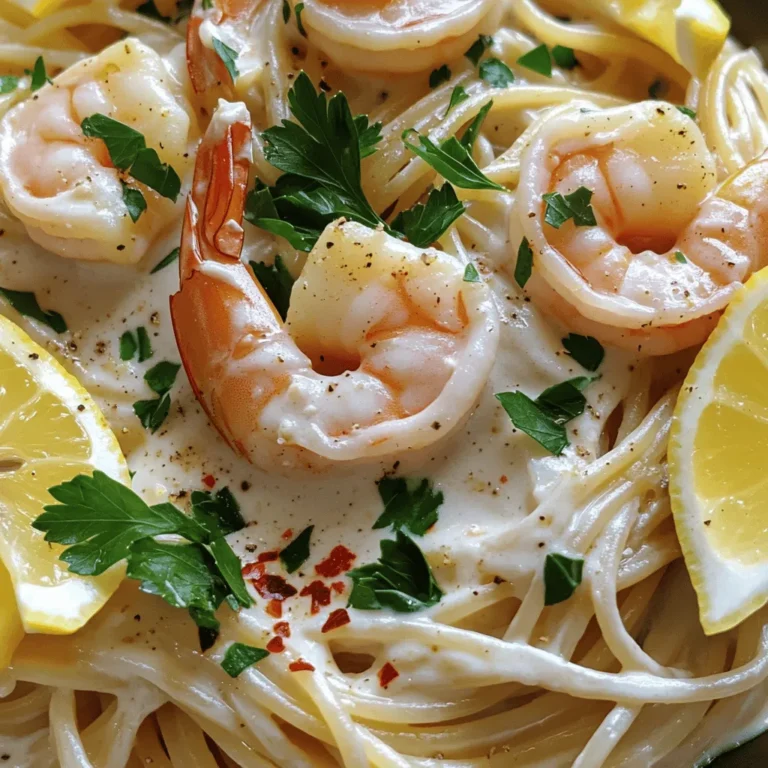 - Fresh shrimp: Use 1 lb of large shrimp, peeled and deveined. Large shrimp cook well and offer a nice bite. - Essential dairy products: You need 4 tablespoons of unsalted butter and 1 cup of heavy cream. These create a rich and creamy sauce. - Flavor enhancers: Gather 4 minced garlic cloves, 1/2 cup of chicken broth, 1 teaspoon of paprika, 1/2 teaspoon of red pepper flakes, and 1 teaspoon of lemon juice. These ingredients add depth and zest to the dish. - Recommended pasta choices: I suggest using spaghetti or fettuccine. Both pair nicely with the creamy sauce. - Alternative herbs or spices: You can add fresh herbs like basil or parsley for extra flavor. - Additional protein options: Try adding cooked chicken or tofu for more protein and texture. - Vegetable add-ins: Consider spinach, bell peppers, or mushrooms. These veggies add color and nutrition to your dish. This list covers everything you need to make creamy garlic shrimp. For the full recipe, check out the detailed steps to create this delightful meal. Start by cooking the pasta according to the package instructions. It’s key to aim for al dente texture. This means the pasta should be firm to the bite. Overcooking can lead to mushy pasta, which won’t hold the sauce well. When you drain the pasta, make sure to reserve about 1/2 cup of the pasta water. This water can help if your sauce is too thick later. Set the drained pasta aside while you prepare the shrimp and sauce. Heat a large skillet over medium heat and melt 2 tablespoons of butter. Once the butter is hot, add the shrimp in a single layer. Sprinkle with salt and pepper. Cook the shrimp for about 2 to 3 minutes on each side. They should turn pink and opaque when done. Take the shrimp out of the skillet and set them aside. This step is crucial because overcooked shrimp can become rubbery and tough. In the same skillet, add the remaining 2 tablespoons of butter. Once it melts, add minced garlic. Sauté the garlic for about 30 seconds. Be careful not to burn it, as burned garlic can taste bitter. Next, pour in the chicken broth and bring it to a simmer. Then stir in the heavy cream, paprika, and red pepper flakes. Cook this mixture for about 3 to 4 minutes. This will allow the sauce to thicken slightly. If you prefer a thicker sauce, let it reduce a bit longer. Now it’s time to bring everything together. Return the cooked shrimp to the skillet. Add the lemon juice and taste to check for seasoning. Adjust with salt and pepper if needed. If the sauce feels too thick, add your reserved pasta water a little at a time until you get your desired consistency. Finally, add the cooked pasta to the skillet. Toss everything together so the pasta gets coated with the creamy garlic sauce. Cook for one more minute to heat through. I love serving this creamy garlic shrimp pasta in a large bowl, topped with fresh parsley. It not only looks pretty but tastes amazing too! For the full recipe, check out the complete instructions. To make a great sauce, avoid burning the garlic. Cook it just until soft. If you burn it, the sauce will taste bitter. If your sauce is too thick, add some pasta water. Start with a small amount and mix well. You want a creamy but pourable texture. If it’s too thin, simmer it longer to thicken. You can elevate the taste by adding white wine. Just pour it in after sautéing the garlic. Let it reduce before adding cream. This adds depth and richness. To balance flavors, add a splash of lemon juice. This brightens the dish and cuts through the creaminess. Try tasting and adjusting as you cook. To make this dish gluten-free, use gluten-free pasta. There are many good options that taste great. For a dairy-free version, swap heavy cream for coconut milk. It gives a nice creaminess without dairy. You might also use cashew cream for a richer taste. {{image_2}} You can cook shrimp in different ways. Sautéing is the most common method. It gives a nice sear and keeps the shrimp juicy. Simply heat some butter in a pan, add shrimp, and cook until pink. Grilling shrimp adds a smoky flavor. To grill, marinate shrimp with garlic and lemon juice. Skewer them and grill for a few minutes on each side. The result is tasty and fun for summer meals. Baking is another easy option for creamy garlic shrimp. Preheat your oven to 400°F (200°C). Place shrimp in a baking dish with the garlic sauce. Bake for about 15 minutes or until the shrimp are cooked. This method is great for a fuss-free meal. You can customize your creamy garlic shrimp with different sauces. For a twist, try adding a splash of white wine or a hint of soy sauce. This adds depth and new flavors to the dish. For those who love heat, spice it up! Start with a little red pepper. You can increase the amount to suit your taste. Adding diced jalapeños or hot sauce gives it an extra kick. Pair creamy garlic shrimp with a fresh salad or crusty bread. A simple side salad with mixed greens, tomatoes, and vinaigrette brightens the meal. For bread lovers, serve it with crusty baguette. It’s perfect for dipping into the creamy sauce. For special occasions, think about how you present the dish. Serve it in a large bowl and sprinkle with parsley. Add lemon wedges on the side for a pop of color. You can even use a fancy plate to show off your cooking skills! Check out the Full Recipe to make this dish your own! To keep creamy garlic shrimp fresh, cool it down quickly. Place it in the fridge within two hours. Use airtight containers for the best results. Glass or plastic containers work well. Make sure to leave some space for the sauce to expand if you freeze it. Shrimp can last in the fridge for up to three days. If you want to keep it longer, consider freezing it. Frozen shrimp can last for about two months. When reheating creamy garlic shrimp, avoid using high heat. Low heat helps keep the shrimp tender. You can use a skillet or microwave. If you use a skillet, add a splash of chicken broth or cream. This helps keep the sauce creamy. Stir gently to avoid overcooking the shrimp. If the sauce is too thick, add more broth or a bit of reserved pasta water to reach your desired consistency. Enjoy your creamy garlic shrimp just as delicious as when you first made it! Look for a few signs to know when shrimp are done. First, check their color. Cooked shrimp turn pink and opaque. Second, feel their texture. They should feel firm but not tough. Lastly, they curl slightly when cooked. If you see these signs, your shrimp are ready to eat! Yes, you can prep this dish ahead. Cook the shrimp and sauce separately. Store them in airtight containers. Keep the pasta separate, too. When ready to eat, just reheat the shrimp and sauce. Combine everything with the pasta and enjoy a quick meal! This dish pairs well with several sides. Consider a fresh green salad with a light dressing. Crusty bread is perfect for soaking up the sauce. You can also serve it with steamed veggies or garlic bread. These choices balance the meal and add freshness. You can lighten up this dish easily. Use half-and-half instead of heavy cream. This swap cuts calories but keeps creaminess. You can also use less butter. Add more veggies for volume without many calories. Try spinach or zucchini for a tasty boost. Here are some mistakes to watch out for: - Overcooking shrimp makes them rubbery. - Burning garlic can ruin the sauce’s flavor. - Not reserving pasta water may lead to a thick sauce. - Forgetting to taste and adjust seasoning can leave your dish bland. Yes, frozen shrimp work well! Just thaw them before cooking. To thaw, place shrimp in the fridge overnight or run them under cold water. Pat them dry before cooking. This helps achieve that perfect texture and flavor in your creamy garlic shrimp. For the full recipe, check here. In this post, we explored how to make creamy garlic shrimp. We covered key ingredients, like fresh shrimp, garlic, and heavy cream. You learned step-by-step instructions to cook pasta and sauté shrimp perfectly. We also shared tips for customization, dietary adjustments, and reheating leftovers. Creamy garlic shrimp is versatile and easy to make. Try out variations to suit your taste. With practice, you’ll create a delicious dish that impresses everyone. Enjoy cooking and experimenting with your recipes!