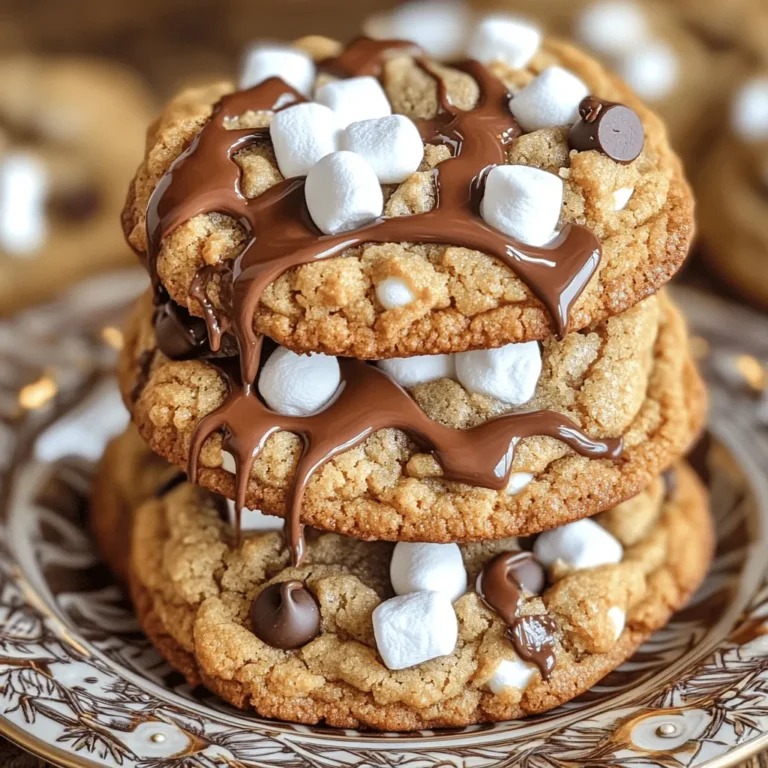 To make Brown Butter S'mores Cookies, gather these simple ingredients: - 1 cup unsalted butter - 1 cup brown sugar, packed - 1/2 cup granulated sugar - 2 large eggs - 1 teaspoon vanilla extract - 2 cups all-purpose flour - 1 teaspoon baking soda - 1/2 teaspoon salt - 1 cup mini marshmallows - 1 cup graham cracker crumbs - 1 cup chocolate chips (milk or semi-sweet) Each ingredient plays a key role. The unsalted butter adds richness. Brown and granulated sugars give sweetness and depth. Eggs help bind everything. Vanilla adds flavor. All-purpose flour provides structure. Baking soda helps cookies rise. Salt balances sweetness. Mini marshmallows, graham cracker crumbs, and chocolate chips bring that classic s'mores taste. If you want to explore the full recipe, check the detailed steps. It's fun to create these cookies! To start, you need to cook the butter. Place your unsalted butter in a saucepan over medium heat. As it melts, watch for it to foam. Keep stirring until it turns a beautiful golden brown and gives off a nutty scent. This usually takes about 5-7 minutes. After reaching that perfect color, remove it from the heat. Allow the brown butter to cool slightly. This step is key for mixing it easily with your other ingredients. Now, let’s mix the ingredients. In a large bowl, combine the warm brown butter with brown sugar and granulated sugar. Beat this mixture with a mixer on medium speed. You want it to be smooth and well-combined. Next, add the eggs and vanilla extract to the bowl. Mix until everything is fully blended together. The warmth from the brown butter will help create a rich flavor in your cookies. It's time to create the cookie dough. In a separate bowl, whisk together the flour, baking soda, and salt. Once mixed, gradually add this dry mix to your wet ingredients. Stir just until combined; don't overmix! Now for the fun part—incorporating the s'mores ingredients. Gently fold in the mini marshmallows, graham cracker crumbs, and chocolate chips. The dough will be thick and full of flavor. Before baking, you should chill the dough. Cover the bowl with plastic wrap and place it in the fridge for at least 30 minutes to an hour. This chilling helps the cookies keep their shape. While the dough chills, preheat your oven to 350°F (175°C). Line a baking sheet with parchment paper. After chilling, scoop about 2 tablespoons of dough for each cookie. Place them a few inches apart on your prepared baking sheet. Now, it's time to bake! Put the cookies in the oven and bake for 10-12 minutes. Look for golden edges and soft centers. Remember, they will firm up after you remove them from the oven. Once baked, let the cookies cool on the sheet for 5 minutes. Then, transfer them to a wire rack to cool completely. Enjoy your delicious Brown Butter S'mores Cookies! For the full recipe, check out the details above. How to prevent overbaking To keep your Brown Butter S'mores Cookies soft, watch the time closely. Bake for 10-12 minutes. The edges should be golden, but the centers must stay soft. They will firm up once you take them out. If you see them starting to brown too much, pull them from the oven right away. Storing dough for later use You can save cookie dough for later! Just wrap it tightly in plastic wrap. Then, place it in an airtight container. You can keep it in the fridge for up to 3 days. For longer storage, freeze it for up to 3 months. When ready to bake, thaw the dough in the fridge overnight. Additional flavoring options Want to mix it up? Try adding a pinch of cinnamon or nutmeg to the dough. You can also experiment with different types of chocolate. Dark chocolate adds a nice twist. Or try white chocolate for a sweeter bite. Recommendations for serving Serve these cookies warm for a gooey treat. Stack them on a pretty plate for a nice touch. Drizzle melted chocolate over the top. Add some extra graham cracker crumbles or mini marshmallows for decoration. This makes them look as good as they taste! For more details, check out the Full Recipe. {{image_2}} For a gluten-free version of Brown Butter S'mores Cookies, swap out the all-purpose flour. Use a gluten-free flour blend instead. Many blends work well, but I recommend one with xanthan gum. This helps keep the cookies chewy. You might also want to check if your chocolate chips are gluten-free. If you want to make these cookies vegan, you can replace eggs with flax eggs. To make a flax egg, mix one tablespoon of ground flaxseed with two and a half tablespoons of water. Let it sit for about five minutes until it thickens. For dairy-free options, choose vegan butter instead of unsalted butter. Ensure your chocolate chips are dairy-free as well. You can easily switch up the flavors in these cookies. Try adding crushed nuts like pecans or walnuts. They add a nice crunch. You can also mix in peanut butter chips for a twist on the classic flavor. For a fun topping, consider a sprinkle of sea salt. It adds a great contrast to the sweetness. You can find the full recipe above for all the details! To keep your Brown Butter S'mores Cookies fresh, use airtight containers. This helps keep them soft and chewy. If you have leftover cookies, consider refrigerating them. You can also freeze them for later. Just make sure to wrap each cookie well before freezing. This way, they will not get freezer burn. At room temperature, these cookies last about five days. Store them in a cool, dry place for best results. If you wish to reheat them, use the microwave. Heat for about 10-15 seconds. This brings back their fresh-baked taste. For a crispier texture, pop them in the oven for a few minutes. Enjoy your cookies just like they were fresh out of the oven! For the full recipe, check the earlier section. You can tell the cookies are done by looking at the edges. They should be golden brown. The centers will look soft but not raw. Gently press on a cookie. If it springs back, it's ready. Don't overbake; they will firm up as they cool. Yes, you can make the dough ahead of time. Prepare the dough and chill it. Wrap it well in plastic wrap. Store it in the fridge for up to two days. When ready, scoop and bake straight from the fridge. If you don't have graham crackers, use digestive biscuits. You can also try vanilla wafers or crushed shortbread cookies. These options give a nice sweet flavor too. Adjust the amount to match the recipe's needs. Yes, these cookies freeze well. After baking, let them cool completely. Place them in an airtight container. You can freeze them for up to three months. To enjoy, thaw them in the fridge or at room temperature before serving. In this blog post, we discussed how to make delicious Brown Butter S'mores Cookies. We covered the key ingredients, from butter to chocolate chips, and shared step-by-step instructions for success. You learned tips for perfect baking and how to store cookies for freshness. We even explored gluten-free and vegan options to suit different diets. Always remember that baking is fun, so feel free to experiment with flavors. Enjoy your homemade cookies with friends and family for a sweet treat!