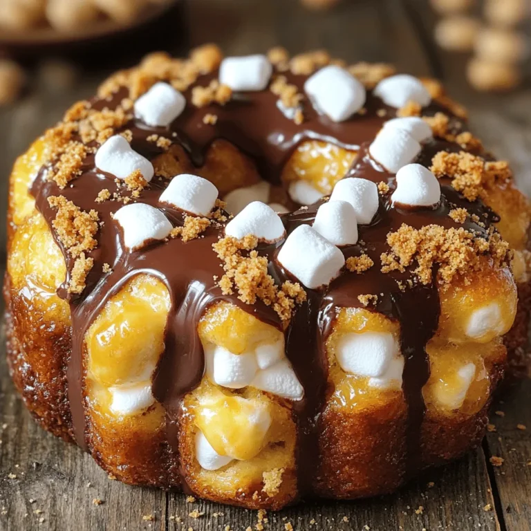 To make S'mores Monkey Bread, you need simple ingredients. Each one adds a special touch to this fun dessert. Here’s what you will need: - 2 cans (16 oz each) refrigerated biscuit dough - 1 cup mini marshmallows - 1 cup semi-sweet chocolate chips - 1/2 cup graham cracker crumbs - 1/2 cup unsalted butter, melted - 3/4 cup brown sugar - 1 teaspoon vanilla extract - Pinch of salt This list covers everything you need for a tasty treat. The biscuit dough gives a fluffy base, while the chocolate and marshmallows bring the classic s'mores flavor. The graham cracker crumbs offer a nice crunch. When you mix these ingredients, you create a dessert that everyone will love. For the full recipe and instructions, check out the [Full Recipe]. - Preheat the oven to 350°F (175°C) and grease your bundt pan. - Open the biscuit dough cans and cut each biscuit into quarters. - In a large bowl, mix the quartered biscuit pieces with melted butter and vanilla extract. - In another bowl, combine graham cracker crumbs, brown sugar, and a pinch of salt. - Take a handful of the butter-coated biscuit pieces, and roll them in the graham cracker mixture. - Layer the coated dough pieces in the bundt pan, adding mini marshmallows and chocolate chips between layers. - Once all the biscuit pieces are in the pan, sprinkle any leftover graham cracker mixture over the top. Add a few more marshmallows and chocolate chips for a nice finish. - Bake for 35-40 minutes or until golden brown. Check for doneness by inserting a toothpick; it should come out clean. - Let the baked monkey bread cool for about 10 minutes. Invert it onto a platter and serve warm. For extra delight, drizzle melted chocolate and mini marshmallows on top. This S'mores Monkey Bread is a fun, easy dessert that brings joy to any gathering. For the full recipe, refer to the earlier section. Enjoy the gooey, sweet goodness! To make the best S'mores Monkey Bread, focus on texture. You want it soft and fluffy inside, with a golden crust. To achieve this, don’t skip the proper baking time. Bake it for 35-40 minutes. Check it at the 35-minute mark. A toothpick should come out clean. Using quality ingredients is key for flavor. Choose fresh mini marshmallows and good chocolate chips. The better the ingredients, the better your dessert will taste. Get creative when serving S'mores Monkey Bread. Serve it warm, straight from the pan. Use skewers or forks for easy sharing. Drizzle extra melted chocolate on top for fun. You can also add a small bowl of melted chocolate for dipping. A scoop of vanilla ice cream makes a great side too. Enjoy the fun of s'mores in a new way! For the full recipe, check the details above. {{image_2}} You can easily switch up the chocolate or candy in S'mores Monkey Bread. Try using milk chocolate or even dark chocolate for a richer taste. If you love peanut butter, add peanut butter cups instead of chocolate chips. For alternative coatings, consider using crushed cookies or different flavored crackers. You could use chocolate graham crackers or even Oreos to give a fun twist. Each swap will change the flavor and make it unique. Adding spices can elevate your dessert. A pinch of cinnamon or nutmeg adds warmth and depth. You can also add a few drops of peppermint or almond extract for a fresh taste. These tiny changes can create big flavor shifts. Mix-ins are another way to personalize your monkey bread. Try adding chopped nuts like walnuts or pecans for crunch. You could even add fruit, like diced strawberries or banana slices, for a fruity touch. Each mix-in brings new flavors and textures, making your dessert even more exciting. To store leftover S'mores Monkey Bread, first let it cool completely. Place it in an airtight container. You can also wrap it tightly in plastic wrap. This keeps it fresh for up to three days in the fridge. If you want to store it longer, you can freeze it. Just place it in a freezer-safe container or bag. It can last for about two months in the freezer. Yes, you can freeze S'mores Monkey Bread. Make sure it is fully cooled before freezing. Wrap it well to prevent freezer burn. When you are ready to eat it, simply thaw it in the fridge overnight. To reheat your S'mores Monkey Bread, preheat your oven to 350°F (175°C). Place the bread in a baking dish. Cover it with foil to keep it moist. Heat for about 15-20 minutes or until warm. You can also microwave individual pieces for about 20-30 seconds. This helps keep the marshmallows soft and warm. Enjoy your dessert as if it was fresh out of the oven! Can I use homemade biscuit dough instead of refrigerated? Yes, you can use homemade biscuit dough. Just make sure it is soft and easy to cut. The texture may change a bit, but the taste will still be great! What if I don't have a bundt pan? If you don’t have a bundt pan, use a regular cake pan. Just adjust the baking time. Keep an eye on it as it bakes. How can I make this recipe gluten-free? To make it gluten-free, use gluten-free biscuit dough. Check labels on marshmallows and chocolate chips to ensure they are gluten-free too. How long does S'mores Monkey Bread last? S'mores Monkey Bread lasts about 2 to 3 days when stored in an airtight container. Keep it at room temperature. Can I prepare it ahead of time? Yes, you can prepare it a day ahead. Just assemble the monkey bread and cover it tightly. Bake it the next day for fresh, warm goodness. In this article, we explored the fun and tasty S'mores Monkey Bread, covering the ingredients, steps, and best tips. You learned how to mix chilled biscuit dough with chocolate, marshmallows, and graham crackers for a delightful treat. Remember to play with flavors and ingredients for your own twist. Storing leftovers is easy, and reheating keeps it fresh. This dessert is perfect for any gathering. Enjoy every bite and share it with friends. Your kitchen adventures will surely impress!