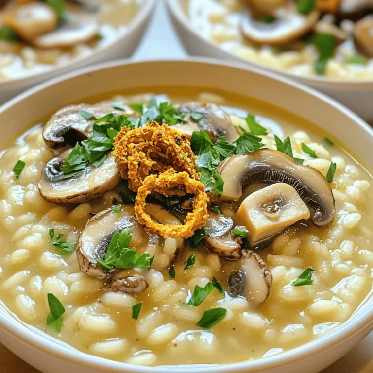 - 1 ½ cups Arborio rice - 4 cups vegetable broth - 2 cups mixed mushrooms (shiitake, cremini, button) - 1 small onion, finely chopped - 3 cloves garlic, minced - ½ cup grated Parmesan cheese - 3 tablespoons olive oil - 2 tablespoons unsalted butter - 1 tablespoon truffle oil - Salt and freshly ground black pepper to taste - Fresh parsley, chopped for garnish When making mushroom risotto, you want to use high-quality ingredients. Arborio rice gives that creamy texture. Always use fresh mushrooms, as they add rich flavor. I love mixing shiitake, cremini, and button mushrooms for depth. Chopping the onion and garlic finely helps them blend well in the dish. Parmesan cheese adds a savory kick. I prefer using unsalted butter for a smooth finish. Olive oil adds a nice richness, while truffle oil gives a gourmet flair. Don’t forget salt and pepper to season! Fresh parsley brightens the dish, making it even more appealing. - Additional herbs (thyme or rosemary) - White wine (for added flavor) - Dairy-free alternatives (for vegan versions) If you want to enhance flavors, consider adding fresh herbs like thyme or rosemary. A splash of white wine can brighten the dish and add depth. For a vegan version, swap Parmesan with your favorite dairy-free cheese. This way, everyone can enjoy this creamy delight! For more details, check out the [Full Recipe]. 1. Heat 2 tablespoons of olive oil in a large skillet over medium heat. 2. Add the finely chopped onion and minced garlic. Sauté until they are translucent, about 3-4 minutes. 3. Next, add the sliced mixed mushrooms to the skillet. Cook until they turn golden brown, about 5-7 minutes. Season with salt and pepper. 4. Remove half of the mushrooms from the skillet. Set these aside for garnish later. 1. Now, add 1 ½ cups of Arborio rice to the skillet. Stir well to coat the rice in the mushroom mixture. Toast the rice for about 2 minutes until it becomes slightly opaque. 2. Start adding your warm vegetable broth, one ladle at a time. Stir frequently and let the rice absorb most of the liquid before adding more. 3. Keep this up for 18-20 minutes. The rice should become creamy and al dente. 1. Once the rice is cooked, stir in 2 tablespoons of unsalted butter, ½ cup of grated Parmesan cheese, and 1 tablespoon of truffle oil. Mix until creamy and well combined. 2. Taste and adjust the seasoning with salt and freshly ground black pepper. 3. Serve the risotto immediately, topped with the reserved sautéed mushrooms and a sprinkle of fresh parsley. For a detailed recipe, check out the Full Recipe. To make your risotto creamy, stir often. Stirring helps release starch from the rice. This starch makes the risotto thick and smooth. Use a wooden spoon for the best results. Add broth slowly. Wait for the rice to soak up most of the liquid before adding more. This process takes about 18 to 20 minutes. Don’t rush; patience is key. Different mushrooms can change the flavor. Try shiitake, cremini, or button mushrooms. Each type brings its own taste and texture. Mixing them creates a rich and complex flavor. You can also add herbs and spices. Fresh thyme or rosemary can boost the taste. A pinch of nutmeg adds warmth without overpowering the dish. Experiment to find your favorite mix. One common mistake is overcooking the rice. Risotto should be al dente, not mushy. Keep an eye on it, and taste as you cook. Another mistake is skipping the resting period. Letting the risotto sit for a few minutes helps the flavors blend. This step makes a big difference. Follow these tips to enjoy the best mushroom risotto. For the full recipe, check the [Full Recipe]. {{image_2}} If you want a vegan version, start by substituting cheese and butter. Use plant-based butter instead of regular butter. For the cheese, try nutritional yeast or a vegan cheese blend. These options still give a nice flavor. To add creaminess without dairy, use coconut milk or cashew cream. Both give a rich texture. You can blend soaked cashews with water for a smooth cream. This keeps the risotto luscious and satisfying. To make your risotto gluten-free, ensure all ingredients are safe. Check that your vegetable broth is gluten-free. Most broths are, but it’s always good to verify. If you want to use rice alternatives, consider quinoa or brown rice. These grains have a different texture but still work well. Quinoa cooks faster, so adjust your cooking time. You can enhance your risotto with seasonal vegetables. Try adding peas, asparagus, or spinach. These ingredients bring color and extra nutrients. You can mix them in towards the end of cooking. For protein options, serve your risotto with chicken or shrimp. These pair nicely and make your meal heartier. Grilled or sautéed chicken adds a nice touch. Shrimp can be cooked in the same pan for added flavor. For a complete guide, refer to the Full Recipe. This will help you create a delicious mushroom risotto with your preferred variations. To keep your leftover mushroom risotto fresh, first cool it down. Place it in a shallow dish to speed up cooling. Once it's at room temperature, cover it tightly with plastic wrap or transfer it to an airtight container. Store it in the fridge. It tastes best if used within three days. Use glass or plastic containers with tight-fitting lids. These keep the risotto from drying out. Avoid using metal containers, as they can change the taste of the food. To reheat risotto, use a nonstick skillet over low heat. Add a splash of broth or water. Stir it gently to keep the creamy texture. Avoid using a microwave, as it can make the risotto dry and sticky. If the risotto is too thick when reheating, add more broth or water. Stir well until it reaches your desired creaminess. This trick helps it taste fresh and delicious even after storage. To freeze mushroom risotto, let it cool completely first. Then scoop it into freezer-safe bags or containers. Make sure to remove as much air as possible. This helps prevent freezer burn and keeps it tasting great. You can store frozen risotto for up to three months. When ready to enjoy it, thaw it overnight in the fridge. Reheat it gently, adding broth or water as needed to restore its creamy texture. You can find the full recipe for mushroom risotto earlier in the article. Mushroom risotto can last about 3 to 5 days in the fridge. To keep it fresh, store it in an airtight container. Always cool the risotto before sealing. Check for any off-smells or changes in color before eating. Discard if it seems off. Yes, you can make mushroom risotto in advance. Cook the risotto, then cool it quickly. Store it in the fridge, and reheat it when needed. Add a splash of broth to restore creaminess when reheating. This keeps your dish tasty and enjoyable. The best mushrooms for risotto are shiitake, cremini, and button mushrooms. They provide a rich, earthy flavor. You can also try seasonal mushrooms for variety. For example, use chanterelles in spring or porcini in fall. Each type brings its unique taste to the risotto. Mushroom risotto offers several nutritional benefits. Arborio rice provides carbohydrates for energy. Mushrooms add fiber and vitamins, enhancing health. The dish can be made healthier by using less cheese or opting for low-fat alternatives. Adjust the recipe to fit your dietary needs. This blog post outlined the key ingredients and steps to make a delicious mushroom risotto. I shared essential tips for texture, flavor, and common mistakes to avoid. You can customize the dish with optional ingredients while ensuring it's suitable for different diets. In the end, risotto is a versatile dish. Experiment with flavors to make it your own. Enjoy creating a comforting meal that satisfies your taste buds. Happy cooking!