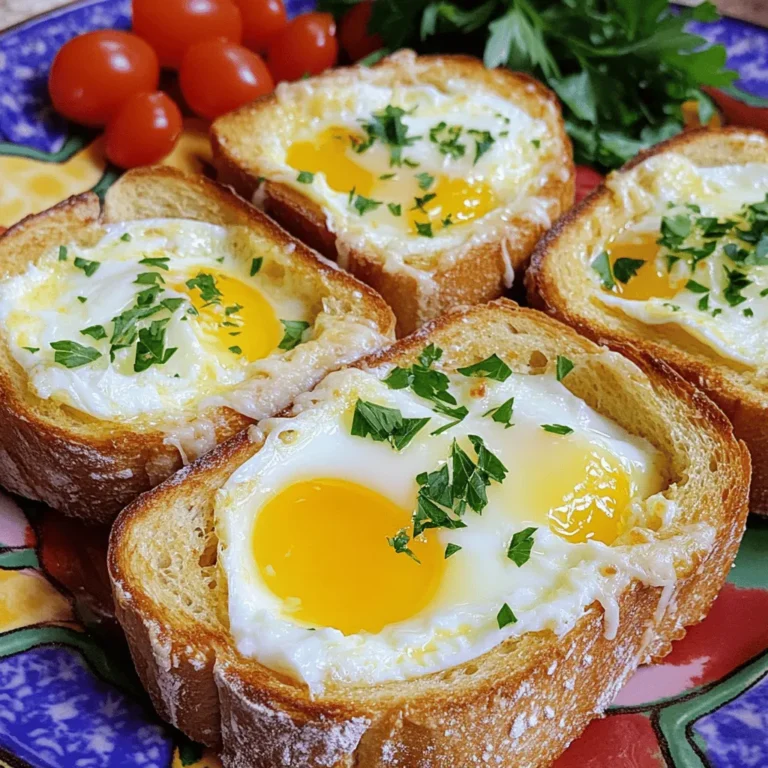 To make cheesy baked egg toast, you need just a few simple ingredients. Here’s what you’ll gather: - 4 slices of thick bread (sourdough or whole grain) - 4 large eggs - 1 cup shredded mozzarella cheese - 1/2 cup grated Parmesan cheese - Seasonings: garlic powder, dried thyme, black pepper, salt - Garnish: fresh parsley Each ingredient plays a key role in making this dish tasty. The thick bread gives a sturdy base, while the eggs add protein. Mozzarella melts beautifully, and Parmesan adds a rich flavor. You can customize the seasonings to match your taste. Fresh parsley not only looks nice, but it also adds a fresh bite. For more fun, try adding different herbs or spices you love. I recommend using the Full Recipe to see how to combine these ingredients perfectly. Enjoy cooking! - Set oven temperature to 375°F (190°C). This step warms the oven for even cooking. - Hollow out bread by cutting a round hole. Use a sharp knife but be careful not to cut all the way through. This creates a nest for the egg. - Combine eggs with seasonings in a bowl. Use 4 large eggs, garlic powder, dried thyme, black pepper, and a pinch of salt. Whisk until mixed well. - Add cheese and eggs to bread. First, sprinkle mozzarella and half of the Parmesan cheese inside the hollowed bread. Then, gently pour an egg into each slice. - Bake for 15-20 minutes until desired doneness. You want the egg whites to be set and the yolks slightly runny. Adjust baking time to your taste. For the full recipe, check the ingredients list at the start. To get the best egg consistency, aim for a soft, runny yolk. Bake your toast until the whites are set, but the yolk remains slightly jiggly. This usually takes around 15-20 minutes at 375°F. If you prefer a firmer yolk, leave it in the oven a bit longer. Hollowing out the bread is key. Use a sharp knife for a clean cut. Start by cutting a large round hole in the center. Make sure not to cut all the way through. The bread needs to hold the egg and cheese well. Want to spice things up? Try adding diced tomatoes, bell peppers, or cooked bacon into the egg mixture. These add flavor and texture. You can also switch up the seasonings. Adding smoked paprika or chili flakes can give your dish a nice kick. If you're a cheese lover, experiment with different cheeses. Cheddar, feta, or even goat cheese can bring new flavors. Just remember to adjust the amount of salt based on the cheese you choose. Serving is as important as cooking. Place each Cheesy Baked Egg Toast on a bright plate. This makes the dish pop! Add a side of cherry tomatoes or a light salad for color and freshness. For a final touch, drizzle a balsamic reduction over the toast. This adds sweetness and a gourmet feel. Garnish with fresh parsley for a bright finish. It looks great and tastes even better! {{image_2}} You can swap mozzarella for other cheeses. Cheddar adds a sharp flavor. Gouda melts nicely and gives a creamy texture. Feta adds a tangy twist. For a rich taste, try Gruyère. Mixing cheeses can create a unique flavor profile. Experiment to find your favorite blend! Incorporating vegetables or proteins can elevate your toast. Spinach adds color and nutrients. Diced tomatoes brighten each bite. Cooked bacon or sausage brings in savory notes. Avocado slices add creaminess and healthy fats. Feel free to mix and match based on what you have. If you need gluten-free options, use gluten-free bread. You can also try rye or ciabatta for a different taste. Each bread type will change the texture and flavor. Explore various styles to find what you enjoy most. It’s all about personal preference! To keep leftover cheesy baked egg toast fresh, first let it cool. Place the slices in an airtight container. You can store them in the fridge for up to three days. If you want to keep them longer, consider freezing them. Just make sure to wrap each slice tightly. To reheat, preheat your oven to 350°F (175°C). Place the toast on a baking sheet. Heat for about 10 minutes. This keeps the bread crispy and the egg warm. You can also use a microwave, but the toast may get soggy. If you do, heat for 30 seconds at a time. Yes, you can freeze cheesy baked egg toast! Wrap each slice in plastic wrap and then put them in a freezer bag. They can last up to two months in the freezer. To eat, just thaw in the fridge overnight and follow the reheating instructions. Enjoy your tasty meal anytime! Yes, you can prep cheesy baked egg toast ahead of time. To do this, hollow out the bread and store it in a sealed container. You can mix the egg mixture and keep it in the fridge. Just pour the egg mixture into the bread and bake it when you're ready to eat. This way, you save time and enjoy a fresh meal. Cheesy baked egg toast pairs well with many sides. You can serve it with a light salad or some cherry tomatoes for freshness. A fruit salad also makes a great choice. If you're in the mood for something warm, try pairing it with crispy bacon or sautéed spinach. These sides enhance the meal and add color to your plate. Yes, you can use only egg whites for a lighter version. This will reduce fat and calories while still keeping the toast tasty. Just remember that using whole eggs gives the dish a richer flavor. If you prefer a fluffier texture, add a bit of milk to the egg whites before whisking. This can help balance the flavors and keep it moist. For cheesy baked egg toast, thick bread works best. Sourdough and whole grain bread are great choices. They hold up well during baking and add a nice flavor. You can also try brioche for a sweeter touch or rye for a heartier option. The key is to choose a bread that can support the egg and cheese without falling apart. Cheesy baked egg toast is easy and fun to make. The ingredients blend perfectly to create a delicious dish. We discussed how to prepare, bake, and enjoy it with various tips and variations. You can have it with just a few ingredients or mix it up with add-ins. In the end, this recipe is great for breakfast or brunch. Test out different flavors and make it your own. Enjoy your cooking!
