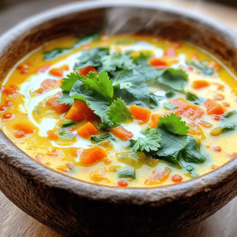 To make this Coconut Curry Lentil Soup, you'll need the following ingredients: - 1 cup red lentils, rinsed - 1 can (14 oz) coconut milk - 4 cups vegetable broth - 1 medium onion, chopped - 2 cloves garlic, minced - 1 tablespoon ginger, grated - 2 tablespoons red curry paste - 1 teaspoon turmeric powder - 1 teaspoon cumin - 1 tablespoon olive oil - 1 medium carrot, diced - 1 red bell pepper, diced - 2 cups fresh spinach - Salt and pepper to taste - Fresh cilantro for garnish When choosing your ingredients, fresh is best. Look for vibrant vegetables. The onion should feel firm, not soft. Garlic should be plump with no sprouting. Pick lentils that are clean and free from debris. For coconut milk, choose a brand with minimal additives. Fresh spinach should look bright and crisp. This will ensure your soup bursts with flavor. If you have dietary needs, here are some great swaps: - Use green or brown lentils if you can't find red lentils. - Replace coconut milk with almond milk for a lighter option. - For a nut-free version, use soy milk instead. - If you want to skip oil, use vegetable broth for sautéing. - Add diced sweet potatoes instead of carrots for sweetness. These swaps keep the soup tasty and satisfying while meeting your needs. For the full recipe, check the specific steps to bring this dish to life. First, grab your ingredients. You need red lentils, coconut milk, vegetable broth, and more. Start by heating the olive oil in a large pot over medium heat. Add the chopped onion and cook for about 5 minutes. You want it soft and clear. Next, add the minced garlic and grated ginger. Sauté these for one minute until they smell great. Now it's time to add the red curry paste, turmeric powder, and cumin. Mix these well and let them cook for about 2 minutes. This step wakes up the spices. Then, toss in the diced carrot and red bell pepper. Cook these for another 3-4 minutes. You want them to soften a bit. After that, pour in the vegetable broth and bring it to a boil. When it boils, add the rinsed lentils. Cook on medium-low heat for about 15 minutes. Stir occasionally until the lentils feel tender. Next, stir in the coconut milk and fresh spinach. Cook for an additional 5 minutes. You want the spinach wilted and warm. Finally, season with salt and pepper to taste. Your soup is ready to be served. - Prep Time: 10 minutes - Cooking Time: 25 minutes - Total Time: 35 minutes - Servings: 4 Serve your Coconut Curry Lentil Soup hot. Garnish with fresh cilantro for a nice touch. This soup pairs well with crusty bread or rice. You can also enjoy it with a slice of lime for extra zing. For a fun twist, try adding a dollop of yogurt on top. This will make it creamy and rich. If you want more spice, drizzle some chili oil before serving. Enjoy every spoonful of this rich and flavorful delight! To boost the taste of your Coconut Curry Lentil Soup, use fresh herbs. Cilantro adds brightness. You can also squeeze in fresh lime juice for a tangy kick. Adding a splash of soy sauce or fish sauce can deepen the flavor, too. Don’t forget to taste as you cook. Adjust the seasoning to match your preference. One mistake is adding lentils without rinsing them. Rinsing helps remove dirt and improves taste. Another error is cooking lentils too long, which makes them mushy. Keep an eye on them and check for doneness after about 15 minutes. Lastly, don’t skip the salt! It brings out the flavors. Use the right type of lentils for this soup. Red lentils break down and create a creamy texture. Always rinse them under cold water before cooking. This step removes any dust. When cooking, add enough liquid. The lentils absorb a lot of water. If the soup is too thick, simply add more broth. For the full recipe, refer to the Coconut Curry Lentil Soup section. {{image_2}} You can boost your Coconut Curry Lentil Soup with various proteins. Adding chicken or shrimp gives it a hearty feel. For a plant-based option, try chickpeas or tofu. Simply add them when you mix in the coconut milk. This adds flavor and makes the soup more filling. Adjusting the spice level is easy! To make it milder, use less red curry paste. You can also add more coconut milk to tone it down. For more heat, toss in some red pepper flakes or fresh chili peppers. Taste as you go to find your perfect balance. This soup is naturally vegan, but you can enhance it. Add more veggies like sweet potatoes or peas for extra nutrients. Toss in some fresh herbs like basil or mint for a bright flavor. You can also serve it with a squeeze of lime for a zesty kick. These small changes can elevate your dish into a gourmet delight. For the complete recipe, check the [Full Recipe]. After enjoying your Coconut Curry Lentil Soup, let it cool down. Pour the soup into an airtight container. Seal it tightly and store it in the fridge. This keeps the flavors fresh. Aim to eat your leftovers within three to four days. If you want to store it longer, consider freezing. To freeze your soup, use a freezer-safe container. Leave some space at the top, as soup expands when frozen. You can freeze it for up to three months. When you're ready to eat, take it out of the freezer. Thaw it overnight in the fridge. For a quick option, you can also thaw it in the microwave. Once thawed, reheat it on the stove until warm. Stir well to mix the flavors. The shelf life of your Coconut Curry Lentil Soup depends on how you store it. In the fridge, it lasts about three to four days. If you freeze it, you can keep it for up to three months. Just remember to check for any signs of spoilage before you eat. If it smells off or looks strange, it’s best to toss it. You can add many things to boost protein in your soup. Chickpeas are a great choice. They add a nice texture and flavor. You can also use diced tofu for extra protein. If you eat meat, shredded chicken works well too. Just add it when you mix in the coconut milk. For a fun twist, sprinkle some nuts on top before serving. This gives a nice crunch and adds protein. Yes, you can easily make this soup in a slow cooker. Start by sautéing the onion, garlic, and ginger in a pan. This step brings out the flavors. Then, add all the ingredients to the slow cooker. Set it to low for about 6 hours or high for 3 hours. Stir in the spinach and coconut milk at the end. This keeps the spinach fresh and bright. You can use different lentils, but the texture will change. Green or brown lentils take longer to cook. They hold their shape better but might not blend as well. If you want a creamier soup, stick with red lentils. They break down and become soft during cooking. Just adjust the cooking time based on the lentil type. Enjoy your soup with your favorite lentil! For the complete recipe, check out the Full Recipe. This blog post covered everything you need to know about making Coconut Curry Lentil Soup. We explored the key ingredients and tips for selection. You learned about step-by-step cooking instructions and how to best serve this dish. I shared tips for flavor, common mistakes, and variations for different diets. Lastly, we looked at storing leftovers and answered key questions. Now, you can make a tasty soup that fits your needs! Enjoy cooking and sharing this delicious meal.