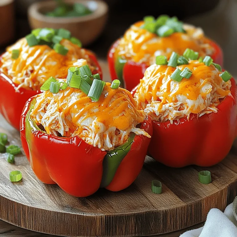 To make Buffalo Chicken Stuffed Peppers, gather these essential ingredients: - 4 large bell peppers (any color) - 2 cups cooked shredded chicken - 1/2 cup buffalo sauce (adjust to taste) - 1/2 cup cream cheese, softened - 1/2 cup shredded cheddar cheese - 1/4 cup green onions, sliced - 1/2 cup celery, finely chopped - Salt and pepper to taste - Olive oil for drizzling For optional add-ins, consider adding diced tomatoes or black beans. These can enhance flavor and add texture. When selecting bell peppers, look for ones that are firm and heavy. Avoid peppers with soft spots or wrinkles. Bright colors often mean they are fresh and full of flavor. Choose peppers that will hold the stuffing well and look vibrant on your plate. You can find the Full Recipe to create these delightful stuffed peppers. Enjoy your cooking! 1. Prepping the bell peppers and oven Start by preheating your oven to 375°F (190°C). While it heats, take four large bell peppers. Cut off the tops and scoop out the seeds and membranes. Place them cut side up in a baking dish. Drizzle a bit of olive oil over the peppers. Season them lightly with salt and pepper. 2. Mixing the buffalo chicken stuffing In a large mixing bowl, combine two cups of cooked shredded chicken with half a cup of buffalo sauce. Add half a cup of softened cream cheese, half a cup of shredded cheddar cheese, a quarter cup of sliced green onions, and half a cup of finely chopped celery. Mix everything together until well combined. You can adjust the buffalo sauce to your taste for more or less heat. 3. Stuffing and baking the peppers Carefully stuff each bell pepper with the buffalo chicken mixture. Pack it down gently so they are full but not overflowing. Cover the baking dish with aluminum foil and bake in the preheated oven for 25 minutes. After that, remove the foil and bake for an additional 10 to 15 minutes. You want the peppers to be tender and the cheese to be bubbly and slightly golden. - Breakdown of cooking time: The prep time takes about 15 minutes. The total baking time is 35 to 40 minutes. So, the full dish is ready in about 50 minutes. - Signs to look for when the dish is ready: Check if the peppers are tender. The cheese on top should be melted and slightly golden. If you see that, your dish is ready to serve! To keep your peppers tender, bake them just right. Start by preheating your oven to 375°F. This heat cooks the peppers well without overdoing it. Cover them with foil for the first part of baking. This helps steam them, making them soft. After 25 minutes, take off the foil. This allows the tops to brown, giving a nice texture. Adjusting spice levels is easy. If you like it mild, use less buffalo sauce. For a spicy kick, add more sauce. Taste the stuffing as you mix. This way, you can decide how spicy you want it. Buffalo Chicken Stuffed Peppers taste great with sides. Pair them with a fresh salad or crispy potato wedges. These sides balance the spice of the peppers. For presentation, serve the peppers on a colorful platter. Add some sliced green onions on top for color. A drizzle of extra buffalo sauce makes it look even better. You want your dish to be as pleasing to the eyes as it is to the taste buds. {{image_2}} If you need gluten-free or dairy-free options, you can easily adapt this recipe. Instead of cream cheese, use dairy-free cream cheese. For the buffalo sauce, check that it is gluten-free. There are many brands that fit this need. For a low-carb version, swap out bell peppers for zucchini or eggplant. These veggies hold up well when stuffed. They add a nice twist while keeping carbs low. To boost flavor, try adding different cheeses. Jalapeño cheddar or pepper jack can add a spicy kick. You can also sprinkle some crumbled blue cheese over the top before baking for a classic touch. Mixing in extra veggies is a smart choice too. Spinach, mushrooms, or corn can add color and nutrition to your dish. Just chop them finely and mix them in with the chicken. Every bite will be even tastier and healthier! For more details and the full recipe, check out the [Full Recipe]. To keep your buffalo chicken stuffed peppers fresh, use airtight containers. Glass or plastic containers work well. Make sure to cool the peppers to room temperature before sealing. This helps prevent moisture build-up. In the fridge, the stuffed peppers stay fresh for about 3 to 4 days. If you want to keep them longer, freeze them. In the freezer, they last up to 3 months. Just remember to label your containers with the date. When it's time to enjoy your leftovers, reheating is key. The best way is to use the oven. Preheat the oven to 350°F (175°C). Place the peppers in an oven-safe dish. Cover with foil to keep them moist. Heat for about 20 minutes. You can also use a microwave. Place the stuffed pepper on a microwave-safe plate. Heat for 2 to 3 minutes, checking regularly. To ensure the cheese is melty, add a splash of water to the plate before heating. This trick helps keep the cheese delicious and gooey. Can I use ground chicken or turkey instead of shredded chicken? Yes, you can use ground chicken or turkey. Cook it fully before mixing with other ingredients. Ground meats add a different texture but stay flavorful. Just be sure to season well. What can I use if I don't have buffalo sauce? If you lack buffalo sauce, try hot sauce mixed with melted butter. You can also use a spicy barbecue sauce for a different twist. Adjust the amount to fit your spice level. Can I make these in advance for meal prep? Absolutely! You can prepare the stuffed peppers a day ahead. Just store them in the fridge before baking. This way, they are ready to pop in the oven when you need them. Are there any vegetarian alternatives for this recipe? Yes, you can use cooked quinoa or black beans instead of chicken. Mix them with cream cheese and buffalo sauce for a tasty veggie option. Add chopped vegetables for extra flavor and nutrition. For more on this recipe, check the Full Recipe. Buffalo Chicken Stuffed Peppers offer a fun and tasty twist on dinner. We covered the essential ingredients, prep steps, and cooking tips. You learned how to make them tender without overcooking. Don't forget to try variations for different diets and flavors. Store leftovers properly and reheat to keep them delicious. Feel free to experiment with your favorite sides and spices. This dish is easy and adaptable, making it a crowd-pleaser for any table. Enjoy creating your Buffalo Chicken Stuffed Peppers!