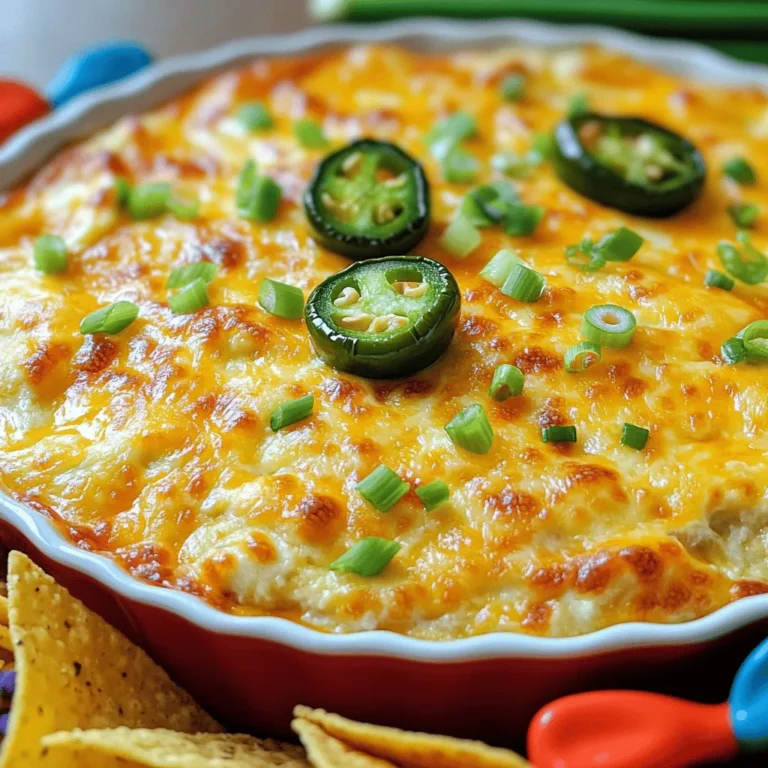 - 8 oz cream cheese, softened - 1 cup sour cream - 1 cup shredded cheddar cheese - 1/2 cup shredded mozzarella cheese - 2-3 jalapeños, finely chopped - 1/4 cup green onions, sliced - 1/2 teaspoon garlic powder - 1/2 teaspoon onion powder - 1/4 teaspoon smoked paprika - Salt and pepper to taste - Tortilla chips (for serving) - Presentation Tips: Garnish ideas Jalapeño Popper Dip brings bold flavors to your table. The main ingredients create a creamy base. I love using softened cream cheese and sour cream. They mix well with cheddar and mozzarella. This blend makes the dip rich and cheesy. For spice and flavor, I chop 2-3 jalapeños. Removing the seeds helps lower the heat. Green onions add freshness and a slight crunch. Garlic powder and onion powder round out the taste. Smoked paprika gives a lovely, smoky depth. A pinch of salt and pepper lets all the flavors shine. When serving, I like to use tortilla chips. They add a nice crunch. For a pop of color, I garnish with sliced green onions. A few whole jalapeños on top look nice too. I also suggest using a vibrant dish to hold the dip. For full details on making this dip, check the Full Recipe. Enjoy the creamy goodness with friends! 1. Preheat your oven to 350°F (175°C). This ensures even cooking. 2. Take a large bowl. Add 8 oz of softened cream cheese and 1 cup of sour cream. Mix until it is smooth and creamy. 1. Next, add the fun part! Toss in 1 cup of shredded cheddar cheese and 1/2 cup of shredded mozzarella cheese. 2. Now, finely chop 2-3 jalapeños (remove the seeds if you want less heat) and add them to the bowl. 3. Include 1/4 cup of sliced green onions for a fresh taste. 4. Then, sprinkle in 1/2 teaspoon garlic powder, 1/2 teaspoon onion powder, and 1/4 teaspoon smoked paprika. Don’t forget to add salt and pepper to taste. 5. Mix everything until it is well combined. 6. Transfer the dip mixture to a greased baking dish and spread it evenly. 1. Place the dish in your preheated oven. Bake for about 20-25 minutes. 2. Keep an eye on it. You want it to be bubbly and golden on top. 3. Once it’s done, take it out and let it cool slightly before you serve it. This makes a delightful dip that pairs well with tortilla chips. Enjoy your Jalapeño Popper Dip! For more details, check the Full Recipe. To make a creamy jalapeño popper dip, use room temperature ingredients. Cream cheese blends better when it's soft. This makes mixing easier and gives a smooth dip. When mixing, use a sturdy spoon or spatula. Stir well to combine all the ingredients. This ensures every bite has flavor. If you want less heat, remove the jalapeño seeds. The seeds hold most of the spice. Just slice the jalapeños in half and scoop them out. You can also use pickled jalapeños for a milder taste. They add a nice tang too. Choose a shallow baking dish for even cooking. A 9x9 inch dish works well. It allows the dip to heat evenly and develop a nice crust on top. For mixing, use a large bowl. This gives you space to stir without spilling. A spatula helps scrape down the sides. For serving, use a large spoon. It makes it easier to scoop out the dip. Want to whip up this tasty dip? Check out the Full Recipe for all the details! {{image_2}} You can easily change up the cheeses in your dip. Try using pepper jack for more heat. This cheese adds a nice kick and creamy texture. You can also add proteins like crumbled bacon or cooked chicken. These swaps make the dip heartier and richer. They bring extra flavor and depth to each bite. You can serve this dip warm or cold. Warm dip is creamy and gooey, perfect for a cozy night. Cold dip can be refreshing and great for summer parties. For dipping, use tortilla chips, but you can try veggies too. Celery sticks or bell pepper slices make for crunchy alternatives. Get creative with seasonal ingredients! In summer, add fresh corn for sweetness. In spring, toss in some spinach for color and nutrition. These additions keep the dip fresh and exciting throughout the year. Mix it up to match the season and your mood! You can find the Full Recipe to explore these variations and more! To keep your jalapeño popper dip fresh, store it in an airtight container. Make sure it cools to room temperature before sealing. This dip lasts about 3 to 5 days in the refrigerator. If you want to keep it longer, freezing is a great option. When reheating, aim to keep the dip creamy. The oven is best for this. Preheat it to 350°F (175°C). Place the dip in a baking dish and cover it with foil. Heat for about 15-20 minutes. If you choose the microwave, use a microwave-safe dish. Heat in short bursts, stirring in between, until warm. To freeze jalapeño popper dip, pack it in a freezer-safe container. Leave some space for expansion. It can last up to 3 months in the freezer. To thaw, move it to the fridge overnight. Reheat it in the oven or microwave as mentioned above. You’ll still enjoy that tasty, creamy dip! Jalapeño Popper Dip is a creamy and cheesy dish. It mixes cream cheese, sour cream, and cheeses with jalapeños. This dip is a fun twist on classic jalapeño poppers. It is popular for parties and game days. Everyone loves its rich taste and smooth texture. Yes, you can make this dip in advance. Prepare the dip and store it in the fridge. Cover it tightly to keep it fresh. You can bake it later when you are ready. This makes it easy to serve to guests. The spice level depends on the jalapeños you use. If you want less heat, remove the seeds and membranes. You can also use fewer jalapeños or swap them for milder peppers. This way, you can customize the dip to fit your taste. Serve this dip warm with tortilla chips. It is great for sharing, so make enough for everyone. You can also pair it with veggies like carrots or celery. For a fun twist, try it on toasted bread or crackers. For detailed instructions and notes, check out the [Full Recipe](#) for Jalapeño Popper Dip. Jalapeño Popper Dip blends creamy flavors with spicy heat, making it a star dish. You learned the main ingredients and flavor enhancers that bring this dip to life. We covered how to prepare, bake, and serve it for the best results. Remember to experiment with variations to suit your taste. This dip is perfect for parties or quiet nights at home. Enjoy making it now, and you'll impress everyone with your skills!