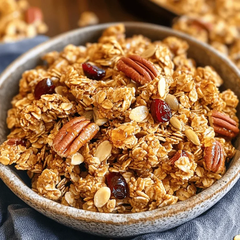 To make maple pecan granola, you need fresh ingredients. Here’s what you’ll need: - 3 cups rolled oats - 1 cup pecans, chopped - 1/2 cup almond slivers - 1/4 cup pumpkin seeds - 1/2 cup maple syrup - 1/4 cup coconut oil, melted - 1 teaspoon vanilla extract - 1 teaspoon cinnamon - 1/2 teaspoon salt - 1/2 cup dried cranberries (optional) These ingredients work together to create a crunchy and tasty snack. The oats provide a hearty base. Pecans add a nice crunch and healthy fats. Maple syrup gives sweetness without refined sugar. Coconut oil helps bind everything together. You can customize your granola with optional add-ins. Consider adding: - Dried fruits like raisins or apricots - Seeds such as sunflower or chia seeds - Different nuts like walnuts or hazelnuts If you want to switch things up, you can use honey instead of maple syrup. You can also substitute olive oil for coconut oil if you prefer. Each option brings a unique flavor to the mix. If you have dietary needs, there are easy swaps. For a gluten-free version, use gluten-free oats. If you are nut-free, use seeds instead of nuts. You can also skip the coconut oil and use applesauce for a lower-fat option. These substitutions keep the granola tasty while meeting your needs. For the full recipe, check out the complete guide. To start, gather your ingredients. You need rolled oats, pecans, and pumpkin seeds. Measure out the maple syrup, coconut oil, and spices. You will mix these well. Preheat your oven to 350°F (175°C). Line a large baking sheet with parchment paper. This helps with easy cleanup later. In a large bowl, combine rolled oats, chopped pecans, almond slivers, and pumpkin seeds. In another bowl, whisk together maple syrup, melted coconut oil, vanilla extract, cinnamon, and salt. Pour this wet mix over the dry ingredients. Stir until everything is well coated. Spread the granola mix evenly on the baking sheet. Bake for 20-25 minutes. Stir the granola halfway through for even baking. Watch closely to avoid burning. It should turn golden and smell great. Once baked, remove the granola from the oven. Let it cool completely on the baking sheet. As it cools, it will become crispy. After cooling, break it into clusters. If you like, mix in dried cranberries at this stage. Store your granola in an airtight container. It will stay fresh for up to two weeks. Enjoy your homemade Maple Pecan Granola as a tasty snack or breakfast. For the complete guide, check the Full Recipe. To get that perfect crunch in your Maple Pecan Granola, follow a few tips. First, make sure to bake it at 350°F (175°C). This keeps it from burning while giving it enough heat to crisp up nicely. Stir the granola halfway through baking. This helps it brown evenly. Don't skip the cooling step. Allow the granola to cool on the baking sheet. It will harden and get crunchy as it cools. You can easily make this granola your own. Add your favorite nuts like walnuts or almonds. Try mixing in seeds such as sunflower or chia seeds for extra nutrition. If you like a little sweetness, include chocolate chips or dried fruit. You can also swap maple syrup for honey or agave syrup. Just keep the liquid amounts balanced for the best texture. When baking granola, use parchment paper on your baking sheet. This prevents sticking and makes cleanup easy. Spread the granola into an even layer. If it's too thick, it won't bake evenly. Keep an eye on it while it bakes. Ovens can vary, and you want a golden color. Finally, let it cool completely before breaking it apart. This ensures those lovely clusters form nicely. For the full recipe, check out the Maple Pecan Granola 🥜 section. {{image_2}} You can easily change the taste of your Maple Pecan Granola. Try adding different nuts, like walnuts or almonds. You can mix in seeds like sunflower or chia for added crunch. For a sweeter kick, add chocolate chips or shredded coconut. You can also swap maple syrup for honey or agave syrup. This keeps the granola tasty and fun. Want to make your granola even healthier? Add some protein. You can mix in protein powder or nuts. Chia seeds are great too; they pack fiber and omega-3s. For vitamins, consider adding dried fruit like apricots or raisins. These boosts make your snack not just tasty but also great for your body. Using seasonal ingredients can make your granola special. In fall, try adding pumpkin spice or chopped apples. In winter, mix in dried cranberries or pecans for a cozy feel. In spring, fresh berries can add a nice touch. Summer is perfect for tropical flavors like pineapple or coconut. Seasonal ingredients keep your granola fresh and exciting. For the complete recipe, check out the Full Recipe. To keep your maple pecan granola fresh, store it in an airtight container. A glass jar or a plastic container works well. Make sure the lid seals tightly. This helps keep moisture out and keeps the granola crunchy. You can also use resealable bags for smaller portions. Just squeeze out the air before sealing. Granola stays fresh for up to two weeks when stored properly. Keep it in a cool, dry place. Avoid direct sunlight, as it can make the granola go stale faster. If you notice any off smells or flavors, it’s best to toss it. For the best taste, eat it within the first week. You can freeze your granola if you want it to last longer. Place it in a freezer-safe bag or container. Make sure to label it with the date. It can last up to three months in the freezer. When you're ready to eat it, just take out the amount you need. Let it thaw at room temperature, and it will taste great. For detailed steps, check the Full Recipe. To make Maple Pecan Granola gluten-free, simply use gluten-free oats. Many brands offer rolled oats that are certified gluten-free. Always check the label to ensure there are no gluten-containing ingredients. This small change keeps your granola crunchy and safe for those with gluten allergies. Yes, you can use different nuts in this recipe! Almonds, walnuts, or even cashews work great. Feel free to mix and match based on what you like. Just chop the nuts into small pieces for even baking. This allows you to customize the flavor and texture to your taste. Maple Pecan Granola is a healthy snack option. Each serving contains fiber, protein, and healthy fats. The rolled oats provide energy, while pecans add crunch and nutrients. A typical serving has about 200 calories, 5 grams of protein, and 7 grams of healthy fats. For the full recipe, check the ingredients above. You now have a complete guide to making Maple Pecan Granola. We explored key ingredients, optional add-ins, and substitutions. I shared step-by-step instructions for preparation, baking, and storage. Tips ensured the perfect crunch, while variations let you explore flavors and nutrition. In the end, granola is fun to make and customize. Enjoy your tasty, homemade snack, knowing it fits your needs!