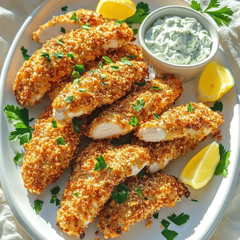 - 1 lb boneless, skinless chicken tenders - 1 cup plain Greek yogurt - 1 tablespoon lemon juice - 3 cloves garlic, minced - 1 teaspoon dried oregano - 1 teaspoon dried thyme - 1 teaspoon paprika - 1 teaspoon salt - 1/2 teaspoon black pepper - 1 cup whole wheat breadcrumbs - 1/2 cup grated Parmesan cheese - Olive oil spray - 2 tablespoons fresh parsley, chopped (for garnish) The key to these crispy Greek chicken tenders is simple, fresh ingredients. First, you need chicken tenders. They stay juicy and cook quickly. I prefer boneless and skinless ones for ease. Next, Greek yogurt acts as a great marinade. It adds creaminess and tang. The lemon juice brightens the flavors and adds zest. Together, they create a flavorful base for your tenders. For seasonings, garlic is a must. It gives a rich aroma. Oregano and thyme add a classic Greek taste. Paprika brings a gentle smokiness. Salt and black pepper enhance all the flavors. Now, let’s talk about the bread crumb mixture. Whole wheat breadcrumbs make the tenders crunchy. Mixing them with Parmesan cheese gives a savory kick. The olive oil spray helps the crumbs crisp up nicely in the oven. Lastly, finish with fresh parsley. It makes the dish look lovely and adds a fresh touch. You can find the complete recipe [Full Recipe]. This combination of ingredients will have your kitchen smelling amazing! To start, combine Greek yogurt, lemon juice, minced garlic, and spices in a bowl. This mix adds a lot of flavor. The spices include oregano, thyme, paprika, salt, and black pepper. Whisk them together until smooth. Next, add the chicken tenders into the bowl. Coat each piece well with the marinade. Cover the bowl with plastic wrap and refrigerate for at least an hour. For the best flavor, let it sit overnight. Before baking, preheat your oven to 400°F (200°C). This step is crucial for even cooking. Line a baking sheet with parchment paper to prevent sticking. In another shallow bowl, mix the whole wheat breadcrumbs with grated Parmesan cheese. This blend gives the tenders a tasty and crispy crust. Now, take each chicken tender from the marinade. Let any extra marinade drip off before coating. Dredge the chicken in the breadcrumb mixture, pressing gently to help it stick. Place the coated tenders on the prepared baking sheet, giving them space. Lightly spray the tops with olive oil spray for added crunch. Bake in the preheated oven for 20 to 25 minutes. The tender should be golden and crispy. Flip them halfway through for even cooking. Enjoy your crispy Greek chicken tenders! Don’t forget to check the [Full Recipe] for all details. Marinate your chicken longer for a richer taste. I suggest at least four hours or overnight. This process lets the spices soak in well. Feel free to experiment with herbs like dill or spices like cumin. Each will give a unique twist to your dish. To get that perfect crunch, use olive oil spray. It helps the breadcrumbs crisp up nicely. Flip your chicken tenders halfway through baking. This ensures they cook evenly on both sides, giving you that golden texture. Serve your chicken tenders with fresh lemon wedges and tzatziki sauce. This adds a refreshing touch. Garnish with chopped fresh parsley for a pop of color. It makes your dish look inviting and tastes great too. For the full recipe, check the detailed instructions above. {{image_2}} To add some heat to your chicken tenders, try cayenne pepper or chili flakes. Start with a small amount. You can always add more if you want more spice. Mix the cayenne or chili flakes into the breadcrumb mixture. This gives a nice kick while keeping the Greek flavors intact. If you need a gluten-free option, switch to gluten-free breadcrumbs. You can also use almond flour for a crunchy texture. Just replace the breadcrumbs in the recipe with your choice. This way, everyone can enjoy these tasty chicken tenders without worry. Using an air fryer is a great way to cook these tenders. To do this, set the air fryer to 375°F (190°C). Cook for about 10-15 minutes, flipping halfway through. This method gives you a crispy texture while using less oil. Enjoy the same great flavor with a different cooking method! After you enjoy your crispy Greek chicken tenders, let them cool down. Once cool, place them in an airtight container. Store them in your fridge for up to three days. This method keeps them fresh and tasty for your next meal. You can freeze the cooked tenders if you want to save some for later. Just put them in a freezer-safe bag. They will stay good for up to two months. When you're ready to eat, I recommend reheating them in the oven. This way, they stay crispy and delicious. To bring back that crispy texture, use an oven or air fryer. Heat them until they reach an internal temperature of 165°F (74°C). This ensures they are safe to eat and perfectly warm. Enjoy your meal just like when they were fresh from the oven! For the full recipe, check it out here. Marinate the chicken for at least one hour. For the best flavor, let it sit overnight. The longer it marinates, the more the flavors blend. This step makes the chicken juicy and tasty. Yes, you can bake the chicken tenders in advance. Bake them and let them cool completely. Once cooled, store them in an airtight container. They will keep in the fridge for up to three days. When ready to eat, reheat them in the oven for a crispy finish. These chicken tenders pair well with many sides. Consider a fresh Greek salad or roasted vegetables. You can also serve them with tzatziki sauce for dipping. Lemon wedges add a bright touch too. For a complete meal, add some whole grain pita bread. Check out the Full Recipe for more ideas! This blog post covered how to make crispy Greek chicken tenders. We discussed the main ingredients, seasonings, and how to bake them to perfection. You learned tips to enhance flavor and achieve the right crunch. I shared variations like spicy options and gluten-free alternatives. Storing and reheating tips ensure you enjoy leftovers. These tenders are simple, tasty, and versatile. Now, get cooking and enjoy your delicious creation!