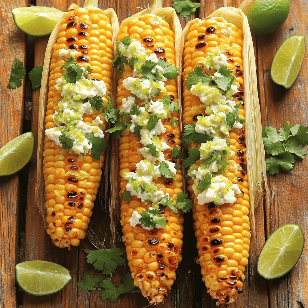- Fresh corn: 4 ears of husked corn - Condiments and spices: - 4 tablespoons mayonnaise - 1 tablespoon chili powder - 1 teaspoon smoked paprika - 1 teaspoon garlic powder - Citrus elements: - Juice of 2 limes - Zest of 1 lime - Toppings: - Crumbled queso fresco or feta cheese - Fresh cilantro, chopped - Other: Salt to taste To make this chili lime grilled corn, start with fresh corn. Choose ears that are firm and bright in color. You need four ears for this recipe. Next, gather your condiments and spices. Mayonnaise creates a creamy base. The chili powder adds heat and flavor. Smoked paprika gives a nice smoky touch. Garlic powder enhances the taste. For the citrus elements, you will use limes. The juice and zest from two limes add brightness. Don't skip this step; the lime brings the dish together. Now, let’s talk toppings. Crumbled queso fresco or feta cheese adds a salty finish. Fresh cilantro gives a pop of color and flavor. Lastly, you will need salt. Use it to taste for the perfect balance. I encourage you to check the [Full Recipe] for detailed steps. First, preheat your grill to medium-high heat. This step is key for a perfect char. While the grill heats up, it’s time to clean your corn. Husk each ear carefully, removing the outer leaves and silk. Rinse the corn under cool water to remove any dirt. This ensures your corn is fresh and ready for grilling. In a small bowl, mix together the mayonnaise, chili powder, smoked paprika, and garlic powder. Make sure to blend them well. Next, squeeze in the juice of two limes and add the zest of one lime. This mixture gives the corn its zesty flavor. Stir until your spread is smooth and creamy. Don’t forget to add a pinch of salt for balance. Now it’s time to coat the corn with your chili lime mixture. Use a brush to spread the mixture evenly on each ear. Make sure every part is covered. Place the corn on the grill and cook for about 10-12 minutes. Turn the corn every 2-3 minutes. This helps to char it evenly and cook it through. Once done, the corn should be nice and tender. Enjoy this fresh and flavorful dish! For the full recipe, check out the details above. To make your chili lime grilled corn shine, focus on two key points: seasoning and fresh ingredients. - Proper seasoning balance: Start with the right mix of spices. Use chili powder, smoked paprika, and garlic powder. This combo gives the corn a bold taste. Adjust the seasoning to your liking. A pinch of salt enhances all the flavors. - Use of fresh ingredients: Fresh corn is a must. Look for bright yellow kernels that feel firm. Fresh limes add zesty juice and fragrant zest. These fresh elements make a big difference. Grilling corn can be simple if you stick to a few tips. - Ideal grill temperature: Preheat your grill to medium-high heat. This ensures even cooking and nice char marks. The right temperature helps the corn cook perfectly. - Avoiding overcooking: Keep an eye on your corn. Grill it for about 10-12 minutes. Turn the corn every 2-3 minutes. This helps it cook evenly without burning. Once your corn is grilled, make it look great on the plate. - Garnishing with cilantro: Fresh cilantro adds color and flavor. Chop it finely and sprinkle it on top of the corn before serving. - Serving suggestions for elevation: Serve the corn on a wooden board for a rustic look. Add lime wedges on the side for a refreshing touch. Crumbled queso fresco or feta cheese adds a creamy texture and a salty kick. By focusing on these tips, your chili lime grilled corn will impress everyone. For the full recipe, check out the instructions provided. {{image_2}} You can easily make this dish vegan. Replace the mayonnaise with a vegan version. Look for plant-based mayo at your store. It tastes great and keeps the texture smooth. For toppings, skip the cheese. Instead, try avocado slices or a sprinkle of nutritional yeast. These options add creaminess and a tasty flavor without dairy. This recipe is naturally gluten-free. Just make sure all your ingredients are gluten-free. Some spice blends might contain gluten, so always check labels. You can also create a different flavor profile. Use smoked paprika and cumin for a warm taste. Or try fresh herbs like oregano or thyme for a lighter touch. Want more heat? Add some cayenne pepper to your chili lime mixture. Start with a small amount, and adjust to your taste. It can really kick up the flavor! For toppings, consider adding jalapeños or a drizzle of hot sauce. You can also try a mango salsa on top for a sweet and spicy twist. Each option gives the corn a unique flavor. To keep your leftover corn fresh, wrap it tightly in plastic wrap. You can also place it in an airtight container. Make sure to refrigerate it right away. Stored this way, your grilled corn lasts about 3 to 5 days. If you want it to last longer, consider freezing it. Just cut the kernels off the cob and store in a freezer-safe bag. Frozen corn can last for about 6 months. When it's time to reheat your corn, the best way is on the grill or stovetop. Heat it on medium until warm, turning often. This method helps keep the corn juicy and flavorful. You can also use the microwave for quick reheating. Just cover it with a damp paper towel to hold in moisture. Heat for 30 seconds at a time until warm. Avoid reheating multiple times, as it can lose flavor and texture. You can use a stove or oven. Boil the corn in water for about 5 minutes. Then, heat a skillet over medium heat. Add the corn and cook until charred, turning often. You can also roast the corn in the oven at 400°F. Wrap the corn in foil with the chili lime mixture. Bake for about 20 minutes. Yes, you can mix the chili lime spread ahead of time. Store it in an airtight container. Keep it in the fridge for up to three days. This way, it will stay fresh and ready to use. Before serving, give it a good stir to mix the flavors again. Chili lime grilled corn goes great with many sides. Here are a few ideas: - Black bean salad - Grilled shrimp - Rice with lime and cilantro - Avocado salad - Tacos with fresh salsa These dishes enhance the fresh and zesty flavor of the corn. You can also serve it at barbecues or picnics for a tasty treat. For the full recipe, check the section above. Grilling corn with chili lime flavors is fun and simple. We covered the key ingredients, like fresh corn and spices, plus step-by-step methods for prepping and grilling. I also shared tips for the best flavor and easy variations, ideal for anyone, including those with dietary needs. Finally, remember to store leftovers properly to enjoy later. With this guide, you can make delicious chili lime grilled corn any time. Enjoy your grilling adventures!