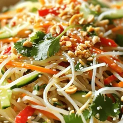 To make this vibrant salad, gather these ingredients: - 8 oz rice noodles - 1 cup shredded carrots - 1 red bell pepper, julienned - 1 cucumber, thinly sliced - 1 cup bean sprouts - 1/4 cup fresh cilantro, chopped - 1/4 cup green onions, sliced - 1/4 cup crushed peanuts (for garnish) - 1/4 cup sesame oil For the dressing, you will need: - 3 tablespoons soy sauce - 2 tablespoons lime juice - 1 tablespoon brown sugar - 1 tablespoon fish sauce (optional for added depth) - 1 teaspoon chili paste or sriracha (adjust to taste) Here’s a simple guide for portioning: - Rice noodles: 8 oz is about half a standard package. - Carrots: Use 1 cup, which is roughly 2 medium carrots. - Red bell pepper: A single pepper gives you enough for this dish. - Cucumber: One medium cucumber works well. - Bean sprouts: 1 cup is a good measure, about a handful. - Fresh cilantro and green onions: Each should be about 1/4 cup when chopped. - Crushed peanuts: Use 1/4 cup for a crunchy topping. - Sesame oil: 1/4 cup adds a nice richness to the salad. You can boost the flavor with these optional ingredients: - Add grilled chicken for protein. - Toss in some sliced radishes for a peppery kick. - Include mango for a sweet twist. - Try extra herbs like mint or basil for freshness. - Use lime zest to amplify the lime flavor. This salad is flexible. Feel free to switch things up based on what you have on hand. For the full recipe, check the [Full Recipe]. First, get a pot and fill it with water. Bring the water to a boil. Add the rice noodles to the pot. Cook them according to the package instructions, which usually takes about 4-6 minutes. You want them al dente, not too soft. Once done, drain the noodles. Rinse them with cold water to stop the cooking process. This keeps them from getting mushy. Now, let’s make the dressing. Grab a small bowl. In it, whisk together the soy sauce, lime juice, brown sugar, and fish sauce if you choose to use it. Add the chili paste or sriracha for some heat. Mix it well until the sugar is dissolved. Taste the dressing and adjust the spice level to your liking. This dressing ties all the flavors together, making the salad pop. In a large mixing bowl, combine the cooked noodles, shredded carrots, red bell pepper, cucumber, bean sprouts, cilantro, and green onions. Pour the dressing over this mixture. Toss everything gently to coat the noodles and veggies well. This step is key for even flavor distribution. Lastly, drizzle the sesame oil over the salad and toss again. Let it marinate for about 10-15 minutes. This time allows all the flavors to meld. Serve the salad chilled or at room temperature. Don't forget to top it with crushed peanuts for some extra crunch! For the full recipe, check out the earlier section. To keep your rice noodles from sticking together, rinse them after cooking. Use cold water to wash off the starch. This helps separate each noodle. You can also toss them with a little oil. A light coat of sesame oil works great here. Just make sure to use a small amount so it does not become greasy. For the best crunch, use fresh vegetables. Cut them just before you mix the salad. This keeps them crisp. Store them in ice water for a short time if you need to prep ahead. The water will help them stay fresh and crunchy. When you are ready, drain them well before adding to your salad. Spice is a key part of this salad. To adjust the heat, start with a small amount of chili paste. You can always add more later. Taste as you go to find your perfect level. If you prefer no spice, skip the chili sauce entirely. Instead, add a bit more lime juice for flavor. For the full recipe, check out the [Full Recipe]. {{image_2}} You can add protein to make your Spicy Thai Noodle Salad heartier. Chicken, tofu, or shrimp work well. For chicken, grill or sauté it in a little oil. Dice it into bite-size pieces and mix it in. For tofu, press it to remove water, then cube it. Sauté until golden or use it raw. Shrimp can be boiled or sautéed until pink. Each choice brings a unique taste and texture. Feel free to change the vegetables or herbs based on your taste. You can use bell peppers in different colors, zucchini, or snap peas. Fresh herbs like mint or basil can add a nice twist. The crunch from veggies keeps the salad fresh. Experiment to find your favorite mix! If you want a gluten-free meal, choose rice noodles or zucchini noodles. Rice noodles are easy to find and packed with flavor. Zucchini noodles, or “zoodles,” offer a low-carb option. Just spiralize the zucchini and toss it in with the salad. Both options keep the dish light and tasty. For the complete recipe, check the [Full Recipe]. To keep your Spicy Thai Noodle Salad fresh, place it in an airtight container. This helps retain flavor and texture. If you have leftovers, try to store them within two hours of making the salad. Always cool the salad to room temperature before sealing it. This way, you avoid condensation inside the container, which can make your salad soggy. You can enjoy this salad cold or at room temperature, so reheating is not usually needed. If you prefer warm noodles, gently heat them in a pan over low heat. Add a splash of water or sesame oil to help them warm evenly. Be careful not to overheat, as this can make the noodles mushy. Toss in some fresh veggies after warming for a crunchy bite. The salad lasts about 3 days in the fridge. Keep an eye on the veggies, as they can wilt quickly. If you want to freeze the salad, I recommend freezing only the noodles. The other fresh ingredients don’t freeze well. Store the noodles in a freezer-safe bag for up to a month. Thaw them in the fridge before mixing with fresh veggies and dressing again. For the full recipe, refer to the main article. Spicy Thai Noodle Salad comes from Thailand. It shows the mix of flavors in Thai cooking. This dish blends fresh veggies with rice noodles. The bold flavors come from herbs and spices. It is a popular choice for street food. Many people enjoy it for its bright taste and crunch. Yes, you can make this salad ahead of time. It tastes even better after the flavors mix. Just store it in the fridge in an airtight container. I recommend adding peanuts just before serving. This keeps them crunchy. The salad can last for about three days when stored properly. You can serve Spicy Thai Noodle Salad on its own or with other dishes. It pairs well with grilled chicken or shrimp. You can also add it to a larger meal with rice or stir-fry. For a fun twist, serve it in lettuce wraps. This keeps the meal light and fresh. Want more ideas? Check the Full Recipe for inspiration! Spicy Thai Noodle Salad is a flavorful dish that brings zest to your table. We covered key ingredients, portioning tips, and optional flavors to enhance your meal. You learned step-by-step instructions for cooking and mixing ingredients with a tasty dressing. I shared tips to keep your noodles from sticking and how to keep veggies crunchy. You can customize the dish with different proteins or veggies. Lastly, proper storage ensures freshness. Remember, this salad is easy to make and satisfying. Enjoy your culinary adventure!