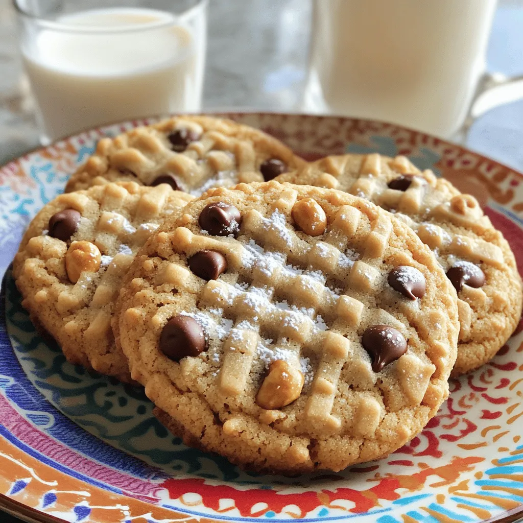 To make these tasty peanut butter chocolate chip cookies, you will need: - 1 cup creamy peanut butter - 1/2 cup granulated sugar - 1/2 cup brown sugar, packed - 1 large egg - 1 teaspoon vanilla extract - 1/2 teaspoon baking soda - 1/4 teaspoon salt - 1 cup semi-sweet chocolate chips - 1/2 cup chopped roasted peanuts (optional, for extra crunch) These ingredients come together to create a rich and sweet cookie that everyone loves. You can mix things up with fun add-ins or swaps. Here are some ideas: - Nut butter: Use almond or cashew butter for a twist. - Sweeteners: Try honey or maple syrup if you want a different taste. - Chocolate: Swap semi-sweet chips for dark chocolate or milk chocolate. - Nuts: Add walnuts or pecans for crunch instead of peanuts. - Spices: A pinch of cinnamon or nutmeg gives a warm flavor. Feel free to be creative! Each change adds its own flair. Each cookie has about: - Calories: 120 - Total Fat: 6g - Saturated Fat: 1g - Cholesterol: 10mg - Sodium: 50mg - Total Carbohydrates: 14g - Dietary Fiber: 1g - Sugars: 6g - Protein: 3g These cookies are a treat, but still pack a bit of nutrition! Enjoy them as part of a balanced diet. For the full recipe, check out the Peanut Butter Chocolate Chip Heaven section. To start, gather your ingredients. You will need: - 1 cup creamy peanut butter - 1/2 cup granulated sugar - 1/2 cup brown sugar, packed - 1 large egg - 1 teaspoon vanilla extract - 1/2 teaspoon baking soda - 1/4 teaspoon salt - 1 cup semi-sweet chocolate chips - 1/2 cup chopped roasted peanuts (optional) First, preheat your oven to 350°F (175°C). Line a baking sheet with parchment paper. In a large bowl, mix creamy peanut butter, granulated sugar, and brown sugar. Stir until smooth and combined. Next, add the egg and vanilla extract. Mix until everything is well blended. Now, sprinkle in the baking soda and salt. Stir to mix these in evenly. Finally, gently fold in the chocolate chips and roasted peanuts. Make sure they are spread out in the dough. Using a tablespoon or a cookie scoop, drop rounded balls of dough on the baking sheet. Space them about 2 inches apart. Flatten each ball slightly with the back of a fork. This creates a criss-cross pattern. Place the baking sheet in the oven and bake for 10-12 minutes. Keep an eye on the cookies. They should be lightly golden around the edges. The centers should feel soft but set. When you take the cookies out, let them cool on the baking sheet for 5 minutes. After that, transfer them to a wire rack to cool completely. For serving, arrange the cookies on a colorful plate. You can dust them lightly with powdered sugar for extra flair. Pair these cookies with a cold glass of milk for a delightful treat. Enjoy every bite! For the full recipe, check out the details provided earlier. To get the best cookie texture, start with room temperature ingredients. Cold peanut butter can make it hard to mix well. Use creamy peanut butter for a smooth dough. The balance of sugars is key too. Granulated sugar helps cookies spread, while brown sugar adds moisture. Bake until the edges are golden. The centers should look soft. They will firm up as they cool. One common mistake is overmixing the dough. This can make cookies tough and chewy. Another mistake is not spacing the cookies apart. They need room to spread. Don't skip the baking soda. It helps cookies rise and gives them a nice texture. Lastly, avoid baking too long. Cookies will harden as they cool, so pull them out when they still look soft. Use a large mixing bowl to combine ingredients. A sturdy spatula or wooden spoon works well for mixing. A cookie scoop helps you shape uniform cookies. Line your baking sheet with parchment paper for easy clean-up. An oven thermometer ensures your oven is at the right temperature. For cooling, a wire rack allows air to circulate around the cookies. For the full recipe, check out the details above! {{image_2}} You can make vegan peanut butter chocolate chip cookies easily. Just swap the egg for a flax egg. To make a flax egg, mix 1 tablespoon of ground flaxseed with 3 tablespoons of water. Let it sit for a few minutes until it thickens. This will help bind your cookie dough. You can still use all the other ingredients. The taste remains rich and delicious! For a gluten-free treat, use almond flour or oat flour instead of regular flour. These flours work well with peanut butter. Make sure your chocolate chips are gluten-free, too. This option keeps the cookies soft and chewy while being safe for those with gluten allergies. You can spice up your cookies with a pinch of cinnamon or nutmeg. These spices add warmth and depth to the flavor. For extra fun, try adding bits of dried fruit or coconut. You can also mix in some chopped dark chocolate for a richer taste. Each change makes the cookies unique and even more enjoyable! For the full recipe, check out the Peanut Butter Chocolate Chip Heaven section. To keep your cookies fresh, store them in an airtight container. This helps them stay soft and tasty. You can use a cookie jar or any container with a tight seal. If you stack them, place parchment paper between layers to prevent sticking. Keep them at room temperature for up to a week. Freezing is a great way to keep cookies longer. First, let the cookies cool completely. Then, place them in a single layer on a baking sheet. Freeze them for about an hour. Once frozen, transfer the cookies to a freezer bag. Remove as much air as possible before sealing. They can stay good for up to three months in the freezer. To enjoy warm cookies again, you can reheat them easily. Place a cookie on a microwave-safe plate. Heat it for about 10-15 seconds. If you want them a bit softer, add a small cup of water in the microwave. This adds moisture while warming. You can also reheat cookies in the oven at 350°F for about 5 minutes. This makes them taste fresh and soft again. For more details, check the Full Recipe. You can use several things instead of eggs. Common choices include: - 1/4 cup applesauce - 1/4 cup mashed banana - 1 tablespoon ground flaxseed mixed with 2.5 tablespoons water These options help bind the dough. Applesauce gives a nice sweetness. Mashed banana adds flavor, too. Flaxseed is a great choice for health. To make cookies softer, you can try these tips: - Use brown sugar instead of white sugar. - Don’t overbake the cookies. Take them out when they are still soft. - Add a bit more peanut butter. This keeps them moist. For chewy cookies, chill the dough for at least 30 minutes. This helps them spread less while baking. Yes, you can add oatmeal! It gives a nice texture and flavor. Here’s how to do it: - Replace 1/2 cup of flour with 1/2 cup of rolled oats. - Mix the oats into the dough just like the chocolate chips. This keeps the cookies hearty and adds a fun twist. Enjoy the chewy goodness! Check the Full Recipe for more details on making these treats. This blog post covered everything you need for peanut butter chocolate chip cookies. We looked at the ingredients, step-by-step instructions, and useful tips. You learned how to make variations, store cookies, and answered common questions. Remember, using the right tools and avoiding mistakes will help you bake better cookies. Enjoy experimenting with flavors and textures. Your perfect cookie is just a recipe away!
