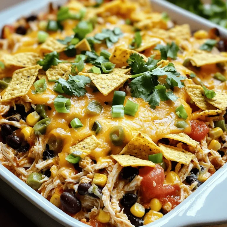 To make a tasty Chicken Taco Casserole, you need a few simple items. Here’s what you will need: - 2 cups cooked chicken, shredded - 1 can (15 oz) black beans, rinsed and drained - 1 can (15 oz) corn, drained - 1 can (10 oz) diced tomatoes with green chilies - 1 packet taco seasoning - 1 cup sour cream - 1 cup shredded cheddar cheese - 1 cup tortilla chips, crushed - 1/2 cup green onions, sliced - 1/2 cup fresh cilantro, chopped (optional) - Salt and pepper to taste Each ingredient adds flavor and texture. The shredded chicken gives protein and heartiness. Black beans add fiber, while corn brings sweetness. Diced tomatoes with green chilies add a mild spice that wakes up the dish. Taco seasoning ties all the flavors together. Sour cream adds creaminess, while cheese gives that gooey finish we all love. The crushed tortilla chips add a nice crunch. Green onions and cilantro brighten everything up. Once you gather these ingredients, you are ready to create a delicious meal. For the full recipe, check out the detailed steps that follow. - Preheat the oven to 350°F (175°C). - Prepare the baking dish by greasing it lightly. - In a large bowl, mix shredded chicken, black beans, corn, and diced tomatoes. - Add taco seasoning and sour cream. - Stir well until all ingredients blend. - Spread half of the crushed tortilla chips at the bottom of the baking dish. - Spoon the chicken mixture over the chips, spreading it evenly. - Layer the remaining crushed tortilla chips on top. - Sprinkle the shredded cheddar cheese evenly over everything. - Bake in the preheated oven for 25-30 minutes. - Remove from the oven and let it cool for 5 minutes before serving. - Ensure chicken is shredded evenly for better mixing. This helps each bite be tasty. - Use low-sodium beans and seasoning if watching salt intake. This keeps it healthy for all. - Garnish with green onions and cilantro. This adds color and fresh taste. - Serve with a dollop of sour cream or guacamole. These toppings make it even better. - Use a non-stick spray for easy cleanup. This saves time after cooking. - A 9x13 inch dish is ideal for this recipe. It holds all the flavors well. To explore how to make this dish, check out the Full Recipe. {{image_2}} You can easily make this dish vegetarian. Just swap the shredded chicken for a mix of sautéed vegetables. Bell peppers, zucchini, and mushrooms work great together. This change keeps the flavors bold while adding more colors. You can still use black beans and corn for protein and texture. If you like heat, try adding jalapeños to the chicken mixture. Slice them thin or chop them small for even heat. This spicy twist brings a new level of flavor to your casserole. You can adjust the amount based on your taste. It’s fun to experiment and find your perfect level of spice. Cheese is key in this dish. While cheddar is classic, you can try different cheese types. Monterey Jack or pepper jack can add a nice, creamy texture. Mixing cheeses also creates a richer flavor. Feel free to get creative and find the combination you love. Store leftovers in an airtight container for up to 3 days. This keeps the chicken taco casserole fresh. I recommend letting it cool before sealing. This helps avoid steam buildup inside the container. Freeze portions in freezer-safe containers for up to 2 months. Make sure to label the containers with the date. This way, you can keep track of how long they have been in the freezer. When you’re ready to eat, just thaw overnight in the fridge. Reheat in the oven or microwave until heated through. If using the oven, cover it to keep the top from burning. In the microwave, heat in short bursts for even warming. Enjoy your tasty casserole just like it was fresh out of the oven! Can I use rotisserie chicken for this recipe? Yes, rotisserie chicken works great. It saves time and adds flavor. Just shred the chicken before mixing it with the other ingredients. How can I make this gluten-free? You can make it gluten-free by using gluten-free tortilla chips and taco seasoning. Check labels to ensure all ingredients are safe. What side dishes pair well with Chicken Taco Casserole? Some great sides are a fresh salad, guacamole, or corn on the cob. You can also serve it with rice or beans for a filling meal. Can I add more vegetables to the casserole? Absolutely! You can add bell peppers, zucchini, or spinach. Just chop them small and mix them in. Is it possible to make this dish dairy-free? Yes, use dairy-free sour cream and cheese. There are many great options available today. How long can I store leftovers? Store leftovers in an airtight container for up to three days in the fridge. What is the best way to ensure the casserole is cooked through? Check that the cheese is bubbly and golden. You can also use a food thermometer to ensure it reaches 165°F (74°C) for safety. This Chicken Taco Casserole blends easy cooking with great flavors. You learned the ingredients, step-by-step instructions, and helpful tips. I shared ways to make it vegetarian or spicy too. Remember, whether you enjoy it fresh or save some for later, this dish is fun to make and share. Try it with friends or family next time. Happy cooking!