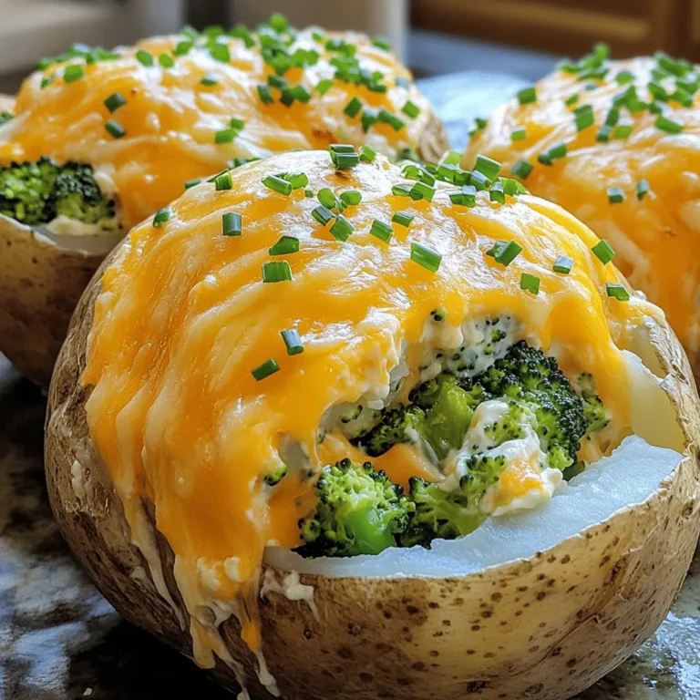- 4 large russet potatoes - 2 cups steamed broccoli florets - 1 cup shredded sharp cheddar cheese - 1/2 cup softened cream cheese - 1/4 cup Greek yogurt or sour cream - 1/4 teaspoon paprika - 2 tablespoons melted butter - 2 cloves minced garlic - Salt and pepper to taste - 2 tablespoons chopped fresh chives When making Broccoli Cheddar Stuffed Potatoes, the key is choosing good ingredients. Start with large russet potatoes. These potatoes are fluffy and perfect for stuffing. Next, use fresh steamed broccoli florets. They add a healthy crunch. Sharp cheddar cheese gives the dish a rich flavor. If you want a creamier filling, add softened cream cheese. Greek yogurt or sour cream also works well. It adds a nice tang. For a bit of spice, try adding paprika. For seasoning, melted butter and minced garlic bring great taste. Don't forget salt and pepper to enhance the flavors. Finally, garnish with fresh chives for a pop of color and flavor. You can find the full recipe and detailed steps to create this comforting dish easily. Enjoy making these stuffed potatoes! - Preheat your oven to 400°F (200°C). - Wash the russet potatoes thoroughly and poke several holes in them with a fork. - Place the potatoes directly on the oven rack or on a baking sheet. - Bake for 45-60 minutes until tender when pierced with a fork. - Combine steamed broccoli, shredded cheddar cheese, softened cream cheese, Greek yogurt, melted butter, minced garlic, salt, and pepper in a large bowl. - Mix until everything is well combined and coated. - Once the potatoes cool a bit, cut them in half lengthwise and scoop out some flesh. - Add the scooped-out potato to the broccoli filling. Mix it until fully blended. - Spoon the filling back into the potato skins, mounding it on top. - Return the stuffed potatoes to the oven. - Bake for an additional 15-20 minutes until heated through and the cheese is melted and bubbly. For the full recipe, check the details above. Enjoy your flavorful comfort dish! To check if your potatoes are done, pierce them with a fork. If the fork slides in easily, they are ready. I often use russet potatoes for this dish because they are fluffy and hold up well. You can also try Yukon Gold potatoes for a creamier texture. You can add spices or herbs to boost the filling’s taste. I like using garlic powder or thyme for a savory kick. For cheese, sharp cheddar is great, but you could also try gouda or Monterey Jack for a different flavor. Garnishing makes a big difference. Try adding chopped chives or a dollop of sour cream on top. For side dishes, a fresh green salad or roasted vegetables pair wonderfully with these stuffed potatoes. This adds color and nutrition to your meal. You can find the full recipe for more details on how to prepare this dish. {{image_2}} You can easily adjust this dish for different diets. If you need gluten-free options, look for gluten-free cheese. Many brands offer tasty choices. For those who follow a vegan diet, swap the cheese with cashew cream or a vegan cheese alternative. These options keep the dish creamy and flavorful. Want to change things up? Try adding cooked chicken or bacon bits to the filling. This addition gives a hearty twist. You can also substitute other vegetables like spinach or cauliflower. Both add nutrients and create new flavors without losing the dish's charm. Experiment with various cheese types for unique tastes. Mozzarella and gouda are great options. They melt well and provide rich flavors. You can also spice things up by adding cayenne or taco seasoning. These spices create a fun kick that changes the whole vibe of the dish. For the full recipe, check out the Broccoli Cheddar Stuffed Potatoes section. To store your broccoli cheddar stuffed potatoes, let them cool first. Place them in an airtight container. This keeps them fresh and tasty. You can store them in the fridge for up to three days. After that, they might lose flavor and texture. To freeze stuffed potatoes, wrap each one tightly in plastic wrap. Then, place them in a freezer bag or container. This step helps prevent freezer burn. You can freeze them for up to three months. When you’re ready to eat, take them out to thaw overnight in the fridge. To reheat, preheat your oven to 350°F (175°C). Bake the thawed potatoes for 25-30 minutes. This keeps the filling moist and warm. For the best taste, use the oven to reheat. This method keeps the potatoes crispy and delicious. If you want to avoid sogginess, skip the microwave. It can make the potatoes lose their texture. Instead, check them often while reheating. You want them hot all the way through, but not dry. These tips will help you enjoy your stuffed potatoes again and again. For the full recipe, check out the detailed instructions above. The total baking time for Broccoli Cheddar Stuffed Potatoes is about 1 hour and 15 minutes. First, you bake the potatoes for 45-60 minutes. This makes them soft enough to scoop out the insides. After stuffing them, bake for another 15-20 minutes. This second baking melts the cheese and warms the filling. Yes, you can prepare these potatoes ahead of time. You can bake the potatoes, scoop out the flesh, and mix the filling. Then, store everything in the fridge for up to 24 hours. When ready, stuff the potatoes and bake them. This helps save time on busy days. Broccoli Cheddar Stuffed Potatoes pair well with many sides. A fresh green salad adds a nice crunch. You can also serve them with roasted vegetables for added flavor. If you want more protein, grilled chicken or a hearty soup are great choices too. Absolutely! Leftover broccoli works great in this recipe. Just chop it into small pieces and mix it into your filling. If the broccoli is already seasoned, adjust the salt and pepper in the mixture. This is a smart way to reduce waste and add flavor. For the full recipe, check out the Broccoli Cheddar Stuffed Potatoes recipe. Broccoli cheddar stuffed potatoes are delicious and fun to make. You start with fresh russet potatoes and fill them with a tasty mix of broccoli and cheese. Don’t forget the tips for perfect baking and unique variations that take this dish up a notch. In the end, these stuffed potatoes are versatile, so you can tweak them to match your taste. Enjoy creating your own version, and make mealtime special!