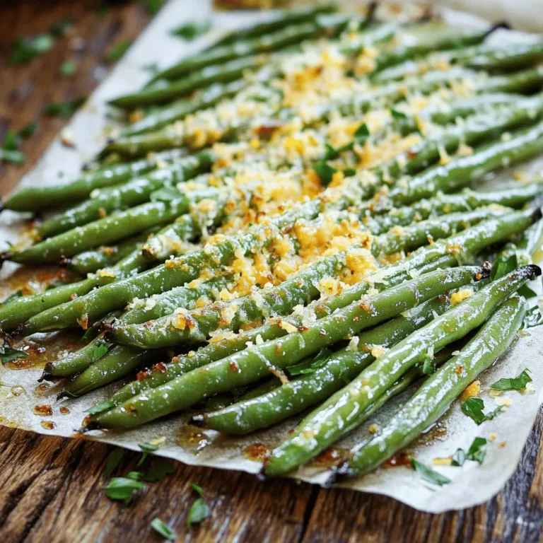 When making roasted Parmesan green beans, you need fresh and simple ingredients. Here’s what you will need: - 1 pound fresh green beans, trimmed - 3 tablespoons olive oil - 1 teaspoon garlic powder - 1 teaspoon onion powder - ½ teaspoon smoked paprika - ½ teaspoon salt (adjust to taste) - ¼ teaspoon black pepper - ½ cup grated Parmesan cheese - Zest of 1 lemon - 2 tablespoons fresh parsley, chopped (for garnish) These ingredients work together to create a dish that is both tasty and easy to make. Fresh green beans give a nice crunch, while Parmesan adds a rich flavor. The spices, like garlic and smoked paprika, bring warmth and depth. Using these simple items helps you create a side dish that can impress anyone. You can find the full recipe online for more details on how to prepare this dish. Enjoy your cooking! - Preheat your oven to 425°F (220°C). - In a large mixing bowl, combine the trimmed green beans with olive oil, garlic powder, onion powder, smoked paprika, salt, and black pepper. - Toss until the green beans are well coated. Start with the right oven temperature. This ensures even cooking. Next, mix the green beans with the olive oil and spices. I love using garlic and onion powder for a deep flavor. The smoked paprika adds a nice touch. Toss well to coat every bean. This step helps all the flavors stick. - Spread the seasoned green beans in a single layer on a parchment-lined baking sheet. - Roast in the preheated oven for 15 minutes. - Add the grated Parmesan cheese, then return to oven for an additional 5-7 minutes. Lining your baking sheet with parchment makes cleanup easy. After 15 minutes, take the green beans out and sprinkle them with Parmesan. This cheese melts beautifully and turns golden. The last roasting time lets the cheese get bubbly and crisp. - Add lemon zest before serving. - Garnish with chopped fresh parsley. Zesting a lemon adds a bright flavor that cuts through the richness. It gives the dish a fresh taste. Finally, I like to sprinkle fresh parsley on top. This not only adds color but also a hint of herbal flavor. Enjoy your Roasted Parmesan Green Beans! For the full recipe, check the earlier section. To avoid soggy green beans, make sure to dry them well after washing. Wet beans steam instead of roast. Use a clean kitchen towel or paper towel to pat them dry. For even roasting, place the baking sheet on the middle rack. This allows hot air to flow around the beans. If you place it too high or low, the beans may cook unevenly. You can add extra spices for more flavor. Try red pepper flakes for heat or Italian herbs for a twist. These spices boost taste without much effort. Experiment with different cheese types too. Feta or sharp cheddar can give a new flavor. Each cheese adds its own character to the dish. Roasted green beans pair well with many main dishes. Serve them alongside grilled chicken or steak for a complete meal. Their crunch complements rich meats perfectly. You can also add green beans to salads or grain bowls. Toss them in with quinoa or brown rice for added nutrition. They add a nice crunch to any dish. {{image_2}} You can use frozen green beans instead of fresh ones. Frozen beans are often picked at their peak. They freeze quickly, locking in flavor and nutrients. Just keep in mind they might cook faster. Adjust your roasting time to avoid overcooking. You can also try different herbs and spices. Instead of garlic powder, consider using fresh garlic for a stronger flavor. You can use Italian seasoning or red pepper flakes for a kick. These swaps can change the dish's taste while keeping it simple. Want to cook these green beans faster? Use an air fryer! Just preheat it to 400°F (200°C). Toss the beans with oil and seasonings. Cook for about 10 minutes, shaking halfway through. This method makes them crispy and delicious without heating your kitchen. You can also blanch and sauté them on the stovetop. Start by boiling water and adding salt. Blanch the beans for 2-3 minutes until bright green. Drain and quickly sauté in a pan with olive oil and garlic. This method gives a nice crunch and vibrant color. Making this dish gluten-free is easy! All the ingredients in the recipe are naturally gluten-free. Just check the Parmesan cheese label to ensure it’s gluten-free. If you need it dairy-free, swap the Parmesan with nutritional yeast. It adds a cheesy flavor without dairy. You can also use vegan cheese for a similar taste. For low-sodium options, reduce the salt and use fresh herbs. Lemon zest adds brightness and flavor without added sodium. You can enjoy this dish while being health-conscious. For the full recipe, refer to the earlier section. To keep your roasted Parmesan green beans fresh, store leftovers in an airtight container. Place them in the fridge within two hours of cooking. They will stay good for about three to four days. If you want to keep them longer, you can freeze the green beans. Make sure they are fully cooled, then place them in a freezer bag. Remove as much air as possible to prevent freezer burn. They can last up to three months in the freezer. To reheat your green beans, the oven works best. Preheat your oven to 350°F (175°C). Spread the green beans on a baking sheet and heat for about 10 minutes. This helps keep them crispy. If you use a microwave, place the green beans in a microwave-safe dish. Cover them with a damp paper towel. Heat in 30-second intervals, stirring in between, until warm. Leftover roasted Parmesan green beans last about three to four days in the fridge. If you see any signs of spoilage, like mushiness or an off smell, it’s best to toss them. Always check for bright color and firmness to know they are still good to eat. Can I use different types of beans? Yes, you can use other beans. Try snap peas or asparagus for a twist. They roast well and taste great with Parmesan. How can I make this recipe vegan? To make this dish vegan, skip the Parmesan cheese. You can use nutritional yeast for a cheesy flavor. It adds depth without dairy. What can I serve with roasted green beans? Roasted green beans pair well with many dishes. Serve them with grilled chicken, fish, or a hearty grain bowl. They add a nice crunch and flavor. Can I prepare them ahead of time? You can prep green beans in advance. Toss them with olive oil and spices, then store in the fridge. Roast them just before serving for the best taste. How do I know when green beans are cooked? Green beans are done when they are bright green and tender-crisp. You can test one with a fork. If it’s easy to pierce, they are ready! For the full recipe, check out my detailed guide on Roasted Parmesan Green Beans. Roasting green beans with Parmesan is easy and tasty. We covered key ingredients and step-by-step instructions to make perfect roasted green beans. I shared tips for flavor and variations, plus storage info and reheating methods. Incorporate these techniques to impress at your next meal. Enjoy experimenting with flavors and textures. Roasted green beans can elevate any dish. Start cooking today and savor the results!