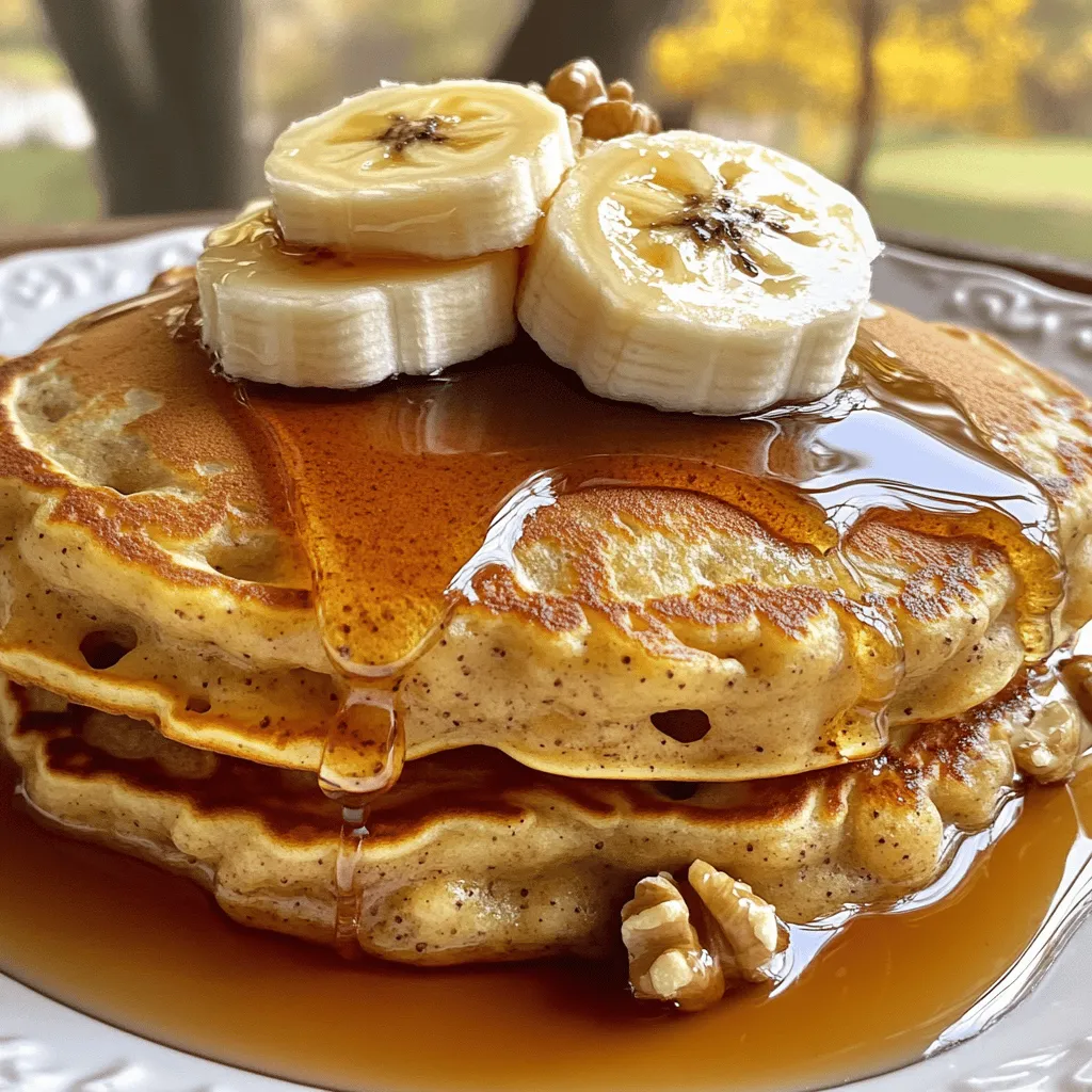 To make delicious banana bread pancakes, you need some key ingredients. Here’s what you’ll need: - 1 cup all-purpose flour - 1 tablespoon baking powder - 1/2 teaspoon baking soda - 1/4 teaspoon salt - 1 ripe banana, mashed - 1/4 cup brown sugar - 1 egg - 1 cup buttermilk (or 1 cup milk + 1 tablespoon vinegar) - 2 tablespoons melted butter - 1 teaspoon vanilla extract - 1/2 teaspoon ground cinnamon - 1/4 cup walnuts, chopped (optional) These ingredients create a fluffy pancake that tastes just like banana bread. The ripe banana adds a sweet flavor, while the brown sugar gives it depth. The buttermilk makes the pancakes tender and light. You can also add walnuts for a nice crunch. If you want to make these pancakes even more special, consider using a little vanilla extract. It adds a lovely aroma. Ground cinnamon gives the pancakes warmth and spice. I recommend using ripe bananas. They are sweeter and easier to mash. If you don’t have buttermilk, you can make a quick substitute. Just mix milk with vinegar and let it sit for a few minutes. For the full recipe, check out the instructions to create these tasty pancakes. Each ingredient plays an important role in creating a breakfast treat you won’t forget! Start by mixing the dry items. In a large bowl, combine: - 1 cup all-purpose flour - 1 tablespoon baking powder - 1/2 teaspoon baking soda - 1/4 teaspoon salt Whisk these together until they blend. Sifting flour is key for light pancakes. When you sift, it removes lumps and adds air. This helps your pancakes rise better and stay fluffy. Next, it’s time for the wet mix. In another bowl, mash: - 1 ripe banana Then, add: - 1/4 cup brown sugar - 1 egg Mix these until smooth. Now, pour in: - 1 cup buttermilk (or 1 cup milk + 1 tablespoon vinegar) - 2 tablespoons melted butter - 1 teaspoon vanilla extract - 1/2 teaspoon ground cinnamon Stir all these ingredients together. The banana adds sweetness and moisture. Buttermilk gives a nice tang, which balances the flavors. Now, combine both mixtures. Pour the wet mix into the dry mix. Fold gently until combined. It’s okay if some lumps stay. Overmixing can make your pancakes tough. Heat a non-stick skillet over medium heat. Lightly grease it with butter or oil. For each pancake, pour about 1/4 cup of batter onto the skillet. Cook for 2-3 minutes until bubbles form. Flip the pancakes and cook for another 1-2 minutes until they turn golden brown. Keep the cooked pancakes warm in a low oven. Serve them with maple syrup and extra banana slices or walnuts. Enjoy your delicious banana bread pancakes! For the full recipe, check the previous section. To make the best banana bread pancakes, avoid overmixing the batter. When you mix too much, the pancakes can become tough. You want some lumps in the batter. This keeps the pancakes light and fluffy. The cooking temperature is also key. Preheat your skillet to medium heat. If it's too hot, your pancakes can burn. If it's too cool, they won’t cook through. Look for bubbles on the surface before flipping. This shows they are ready. For toppings, maple syrup is a classic choice. You can also add fresh banana slices or chopped walnuts on top. A dollop of whipped cream makes it extra special. To present the dish, stack the pancakes high on a plate. Drizzle syrup over the stack and add a sprinkle of cinnamon. You can even garnish with mint leaves for a fresh touch. Running out of batter can happen if you pour too much at once. Use 1/4 cup of batter for each pancake. This helps you keep track of how many you make. Burning pancakes is a common issue too. Keep an eye on the heat. If they start to smoke, lower the temperature. Also, use a timer to help you avoid overcooking. For the full recipe, check out the [Full Recipe]. {{image_2}} You can make banana bread pancakes even better with some fun additions. Try adding chocolate chips. They melt and give a sweet taste. You can also mix in nuts like pecans or hazelnuts for crunch. Get creative with spices. Nutmeg and allspice add warmth. Just a pinch can change the whole flavor. Experiment to find your perfect mix. If you need gluten-free pancakes, swap all-purpose flour for a gluten-free blend. Look for one that works well for baking. For a dairy-free option, use almond milk or coconut milk. You can also use a plant-based yogurt instead of buttermilk. Always check labels to avoid any dairy. You can easily change the serving size of these pancakes. If you want more, just double the recipe. If you need less, halve the ingredients. For meal prep, cook a big batch on the weekend. Stack and store them in the fridge. They are great for quick breakfasts. You can reheat them in a toaster or microwave. It saves time and keeps breakfast fun! For the full recipe, check the section above. Store leftover pancakes in the fridge or freezer. If you refrigerate them, place them in an airtight container. This keeps them fresh for about three days. For longer storage, freeze the pancakes. Lay them flat in a single layer on a baking sheet. Once frozen, stack them in a freezer bag. This method prevents them from sticking together. To reheat pancakes, use different methods to keep their texture. The microwave is fast but can make them soggy. Place pancakes on a microwave-safe plate and heat for about 20-30 seconds. For a crispier pancake, use a toaster or skillet. Heat them on medium-low for a few minutes until warm. This method helps maintain their delicious texture. Banana bread pancakes last about three days in the fridge. In the freezer, they can last for up to three months. Check for signs of spoilage before eating. If they smell off or have a dry texture, it’s best to toss them. Always trust your senses for food safety. You want to enjoy every bite of your tasty pancakes! For the full recipe, refer to the beginning of this article. Yes, you can use whole wheat flour. It adds more fiber and nutrients. However, it can make pancakes denser. If you want fluffier pancakes, mix half whole wheat and half all-purpose flour. This gives a nice balance. You can make a simple buttermilk substitute. Just mix 1 cup of milk with 1 tablespoon of vinegar or lemon juice. Let it sit for about five minutes. This will sour the milk and work well in your pancakes. To make these pancakes vegan, swap the egg with 1/4 cup of applesauce. For buttermilk, use almond milk mixed with vinegar. You can also replace melted butter with coconut oil or a vegan butter substitute. These swaps keep the flavors yummy! For the full recipe, check out the [Full Recipe]. Banana bread pancakes are fun and easy to make. You start with simple ingredients, like ripe bananas and some flour. Then, follow easy steps to mix and cook. Use tips to make them perfect, like watching the temperature. Experiment with flavors and store extras well. Remember, you can adjust for diets too! With all these ideas, you can enjoy delicious pancakes anytime. Happy cooking!