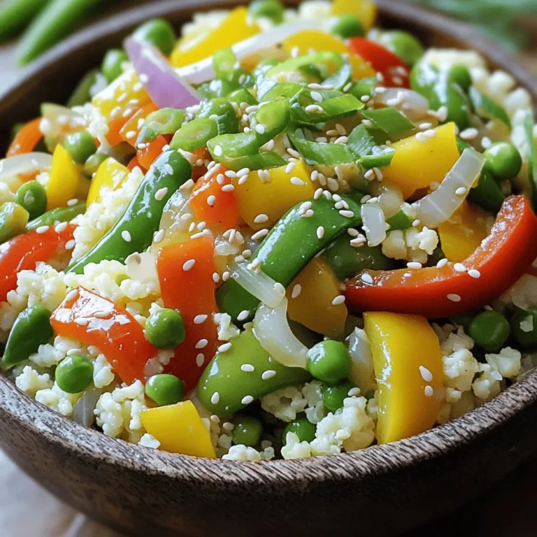 For a tasty cauliflower rice stir-fry, gather these ingredients: - 1 medium head of cauliflower, grated to resemble rice - 1 cup mixed bell peppers, diced (red, yellow, green) - 1 cup snap peas, trimmed - 1 small onion, finely chopped - 2 cloves garlic, minced - 1-inch piece of ginger, grated - 2 tablespoons soy sauce (or tamari for gluten-free) - 1 tablespoon sesame oil - 1 tablespoon vegetable oil - 2 green onions, sliced (for garnish) - Sesame seeds (optional, for garnish) - Salt and pepper to taste This dish is low in calories but high in nutrients. A serving serves four and includes: - Calories: 120 - Protein: 3g - Carbohydrates: 10g - Fiber: 3g - Fat: 7g It offers a good source of vitamins A and C from the bell peppers and peas. Plus, cauliflower adds fiber and antioxidants. You can easily change some ingredients to fit your taste or needs: - Use broccoli or zucchini instead of cauliflower for a different base. - Swap bell peppers for carrots or mushrooms for more variety. - Replace soy sauce with coconut aminos for a soy-free option. - Add cooked chicken, shrimp, or tofu for more protein. Feel free to customize your stir-fry based on what you have at home! For the full recipe, check out the details above. To make cauliflower rice, start with a medium head of cauliflower. Remove the leaves and cut off the stem. Break the cauliflower into small florets. You can grate these florets using a box grater. If you prefer, use a food processor for a quicker option. Pulse the cauliflower until it looks like small rice grains. This will be the base of your stir-fry. Next, heat 1 tablespoon of vegetable oil in a large frying pan or wok over medium-high heat. Add the finely chopped onion and stir-fry for 2-3 minutes until it turns translucent. Then, add 2 cloves of minced garlic and 1-inch grated ginger. Stir these for about a minute until you smell the great aroma. Now, mix in 1 cup of diced bell peppers and 1 cup of snap peas. Cook these for about 3-4 minutes until they are tender but still crisp. Once the veggies are ready, stir in the cauliflower rice. Pour in 2 tablespoons of soy sauce and 1 tablespoon of sesame oil. Mix everything well and cook for another 4-5 minutes. This lets the cauliflower rice heat up and soak in all the flavors. Finally, season with salt and pepper to taste. When everything is cooked, remove the pan from the heat. Transfer the stir-fry to a serving dish. To make it pretty, garnish with sliced green onions and a sprinkle of sesame seeds if you like. Enjoy your delicious cauliflower rice stir-fry! For the detailed steps and measurements, check the Full Recipe. To boost the taste of your cauliflower rice stir-fry, try adding fresh herbs. Cilantro and basil work well. You can also use lime juice for a zesty kick. A splash of rice vinegar adds depth too. For a spicy twist, add red pepper flakes or sriracha. I suggest using a large frying pan or a wok. These help with even cooking. A non-stick surface makes stirring easier and reduces the chance of sticking. If you have a lid, use it to steam the veggies slightly. This keeps them crisp and colorful. This stir-fry is great for meal prep. You can make a big batch and store it. Divide into containers for quick meals. Keep the cauliflower rice and veggies separate if you want them fresh longer. Reheat in the microwave or on the stove. For the full recipe, check out the details above. {{image_2}} You can add protein to your cauliflower rice stir-fry for a complete meal. Chicken, shrimp, or tofu work well. Simply cook your choice of protein first. Remove it from the pan, then stir-fry the veggies. Add the cooked protein back in before serving. This method keeps the flavors fresh and bright. This dish is easy to make vegetarian or vegan. If you want a vegetarian option, use eggs for extra protein. Just scramble them in the pan before adding vegetables. For a vegan twist, stick with tofu or chickpeas. Both add great texture and flavor without losing any taste. Feel free to mix and match vegetables based on what you love. Try zucchini, carrots, or broccoli. You can even add leafy greens like spinach or kale. Using fresh seasonal vegetables gives your dish a new spin. Explore what’s in your fridge to create unique flavors. You can find the full recipe for additional inspiration. Store your cauliflower rice stir-fry in an airtight container. Make sure it cools first. It will last about 3 to 5 days in the fridge. When ready to eat, check for any signs of spoilage. If it looks good, enjoy it again! To freeze the stir-fry, let it cool down completely. Then, place it in a freezer-safe bag or container. Remove as much air as possible. It will stay fresh for up to 3 months. When you want to eat it, just thaw it overnight in the fridge. Reheat your stir-fry on the stove for best results. Use a non-stick pan over medium heat. Add a splash of water to keep it moist. Stir frequently to warm it evenly. You can also use the microwave if you're in a hurry. Heat in short bursts, stirring in between, until hot throughout. Enjoy your tasty meal! For the Full Recipe, check the main article. Cauliflower rice is a low-carb alternative to traditional rice. It comes from cauliflower. To make it, remove the leaves and stem of a medium head of cauliflower. Cut it into small florets. Then, use a box grater or a food processor to grate the florets. You want it to look like rice grains. It is simple and takes just a few minutes. Yes, you can prepare cauliflower rice in advance. You can store it in the fridge for up to three days. Just keep it in an airtight container. You can also cook the stir-fry ahead of time. Store it in the fridge for up to four days. When ready to eat, just reheat on the stove or in the microwave. To add protein, you have many options. You can stir in cooked chicken, shrimp, or tofu. Another great option is to add eggs. Scramble them in the pan before adding the cauliflower rice. You can also use nuts like cashews or almonds for a crunchy texture. These additions will make your meal more filling and nutritious. Check the Full Recipe for more tips. Cauliflower rice is a versatile dish that can fit many diets. We covered the ingredients, cooking steps, and tips to enhance your meals. You can easily make it your own with different proteins and veggies. Proper storage ensures leftovers stay fresh for later. I hope these ideas inspire you to enjoy cauliflower rice in new ways. Remember, it’s not just healthy; it’s fun to make!