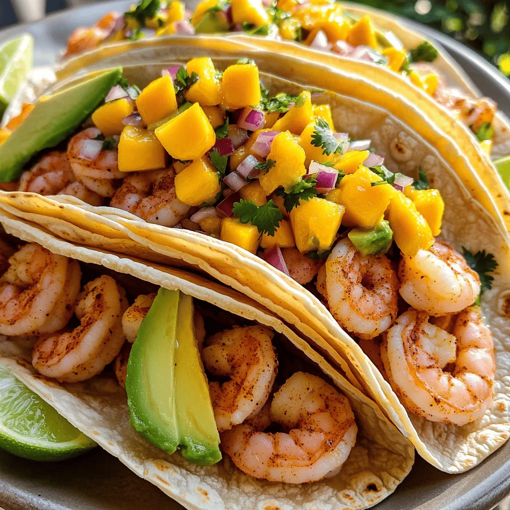 - Shrimp: 1 lb peeled and deveined shrimp - Vegetables: 1 ripe mango (diced), 1/2 red onion (finely chopped), 1 jalapeño (minced, seeds removed), 1/4 cup fresh cilantro (chopped) - Spices: 1 teaspoon cumin, 1 teaspoon paprika, 1/2 teaspoon garlic powder, salt and pepper to taste - Tortillas: 8 small corn tortillas - Extras: 2 tablespoons lime juice, 1 tablespoon olive oil, avocado slices for serving, lime wedges for garnish To make delightful shrimp tacos, you need fresh shrimp. Look for shrimp that is firm and smells like the ocean. You can use small or medium shrimp, depending on your preference. The vegetables add bright flavors. A ripe mango brings sweetness, while red onion adds crunch. Jalapeño gives a nice kick. You can adjust the amount based on how spicy you want it. Spices like cumin and paprika enhance the shrimp's flavor. Garlic powder adds depth without overpowering. Salt and pepper balance everything. For the tortillas, small corn tortillas work best. They hold the filling well and add a nice texture. Lastly, lime juice and olive oil help marinate the shrimp. Avocado slices add creaminess. Lime wedges give a fresh zest when served. This combination creates a tasty meal that brightens any day. You can find the full recipe in the article. To make the shrimp tasty, start by marinating them. In a bowl, mix one tablespoon of olive oil, one teaspoon of cumin, one teaspoon of paprika, and half a teaspoon of garlic powder. Add salt and pepper to your taste. Toss the shrimp in this mix until they are fully coated. Let them sit for about 10 minutes. This small wait helps the flavors soak in. For cooking, heat a skillet over medium-high heat. Once hot, add the marinated shrimp. Cook them for 2-3 minutes on each side. You know they are done when they turn pink and opaque. This quick cooking keeps them juicy and tender. For the mango salsa, gather these ingredients: one ripe mango, half a red onion, one jalapeño, a quarter cup of fresh cilantro, and two tablespoons of lime juice. Start by dicing the mango into small pieces. Finely chop the red onion and mince the jalapeño after removing the seeds for less heat. In a bowl, combine all these ingredients. Stir gently to mix them well. Set the salsa aside. When picking a ripe mango, look for one that feels slightly soft and has a fruity smell. This means it’s ready to eat! To build the tacos, warm eight small corn tortillas in a dry skillet for about 30 seconds on each side. This makes them soft and easy to fold. Place a few shrimp in the center of each tortilla. Top with a generous scoop of mango salsa. Add a couple of avocado slices for creaminess. For a fun touch, serve the tacos with lime wedges on the side. Squeezing lime over the tacos adds a fresh zing. Arrange the tacos on a platter and garnish with extra cilantro for a vibrant look. You can find the full recipe [here](#). When buying shrimp, look for a few key signs. Choose shrimp that smell fresh, not fishy. Check for a firm texture and a shiny appearance. If the shell feels slimy, skip it. Look for shrimp that are pink or gray, depending on the type. Always buy shrimp from a trusted source. A great mango salsa needs ripe mangoes. Choose mangoes that yield slightly to gentle pressure. This means they are juicy and sweet. To balance flavors, mix sweet and spicy. Use lime juice for brightness and fresh cilantro for a herbal note. Taste as you go to get it just right. Presentation counts! Arrange your tacos on a large platter. For color, add lime wedges and extra cilantro around the tacos. You can also use colorful plates to make them pop. For a fun touch, serve with avocado slices on the side. This adds both beauty and flavor to your meal. For the full recipe, check out the Tropical Shrimp Tacos with Mango Salsa 🥭. {{image_2}} You can switch the shrimp with other proteins. Fish like tilapia or mahi-mahi works well. Chicken is another great choice. Just grill it and slice it up for your tacos. If you want a vegan option, try using jackfruit or tofu. These options still taste amazing and keep a fresh feel. You can adjust the spice level to fit your taste. For mild tacos, skip the jalapeño. Use a little lime juice for a fresh flavor. If you like heat, add more jalapeño or use hot sauce. You can also mix in some chili powder or cayenne pepper for extra warmth. Experiment to find your perfect blend! Mango salsa is great, but there are many other options. Pineapple salsa adds a sweet twist. Try peach or watermelon for a refreshing change. You can also make a vegetable salsa with corn, bell peppers, and tomatoes. These will add crunch and color to your tacos. Don't be afraid to mix and match! For the full recipe, check out the Tropical Shrimp Tacos with Mango Salsa. To keep your shrimp tacos fresh, use a tight container. Glass or plastic containers work well. Make sure the tacos are cool before sealing. Place a paper towel inside the container to soak up moisture. This helps prevent sogginess. Store in the fridge for up to two days for the best taste. When you reheat shrimp tacos, keep the texture in mind. The best way is to use a skillet. Heat it over medium heat. Place the tacos in the skillet for about 3-4 minutes. This warms them up without making them soggy. You can also use a microwave for quick reheating. Just place them on a plate and cover with a damp paper towel. Heat for about 30 seconds to 1 minute. Check to see if they are warm enough. Enjoy your tacos like they are fresh! Shrimp tacos stay fresh for about 1 to 2 days in the fridge. Store them in an airtight container. The shrimp may lose some texture after a day. If you want the best quality, eat them right after making them. Yes, you can make the mango salsa a few hours before serving. Keep it in the fridge until you're ready to use it. This helps the flavors mix well. However, don’t make it too far in advance. Freshness is key for the best taste. Corn tortillas are the best choice for shrimp tacos. They add a nice flavor and texture. They are also gluten-free. If you prefer, flour tortillas work too. They are softer and often larger, making them easier to fill. Choose what you enjoy most! To add more flavor, try different marinades. A mix of lime juice and garlic works great. You can also use chili powder or even fresh herbs. For a spicy kick, add cayenne pepper or hot sauce. These options will make your shrimp tacos even tastier! You learned how to make delicious shrimp tacos from start to finish. We covered selecting fresh ingredients, preparing shrimp, and making tasty mango salsa. You also discovered serving and storage tips to keep your tacos fresh. Remember, you can mix and match proteins and spices to create your own twist. Now, it's time to enjoy your dish and impress your friends and family. Happy cooking!