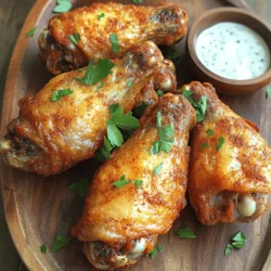 To make crispy air fryer chicken wings, you need: - 2 pounds chicken wings, split at the joint These wings are the star of the dish. Splitting them at the joint helps them cook evenly. For the dry seasoning mix, gather these items: - 1 tablespoon baking powder - 1 teaspoon garlic powder - 1 teaspoon onion powder - 1 teaspoon smoked paprika - 1 teaspoon salt - ½ teaspoon black pepper - ½ teaspoon cayenne pepper (adjust for heat) This blend gives the wings that delicious, crispy taste. Baking powder is key for crunch. The spices boost flavor and make each bite tasty. You will also need: - 2 tablespoons olive oil - Fresh parsley, chopped (for garnish) - Optional: Your favorite dipping sauce (ranch, blue cheese, etc.) Olive oil helps the seasoning stick and adds flavor. Parsley makes your wings look pretty. Dipping sauces add fun and flavor, so pick your favorite! For the full recipe, check out the steps to make these wings shine! Start by preheating your air fryer to 360°F (182°C). This helps cook the wings evenly. Next, rinse the chicken wings under cold water. Pat them dry with paper towels. It's really important to dry them well. If the wings are wet, they won’t get crispy. In a large bowl, mix the dry seasonings. Combine 1 tablespoon baking powder, 1 teaspoon garlic powder, 1 teaspoon onion powder, 1 teaspoon smoked paprika, 1 teaspoon salt, ½ teaspoon black pepper, and ½ teaspoon cayenne pepper. Stir this blend well. Then, add the chicken wings to the bowl. Drizzle 2 tablespoons of olive oil over them. Toss everything together until the wings are fully coated in the seasoning mix. Place the seasoned wings in a single layer in the air fryer basket. Make sure not to overcrowd them. If your air fryer is small, you may need to cook in batches. Cook the wings for 25 to 30 minutes. Flip them halfway through for even cooking. Look for a nice golden brown color and crispy texture. If they need more crispiness, air fry them for an extra 5 minutes. Once done, take them out and let them rest for a few minutes. Add fresh parsley on top for a beautiful finish. Enjoy your crispy chicken wings with your favorite dipping sauce! To get the best crispiness, start with dry wings. After rinsing, pat them dry well. This step helps remove moisture. Use baking powder in your dry mix. It helps create a crunchy texture. Don't skip the olive oil either; it aids in browning. Spread the wings out in the air fryer basket. Leave space for air to flow around them. Check the color of your wings. They should be golden brown and crispy. Use a meat thermometer to be sure. The internal temperature should reach 165°F. If they need more time, air fry them for 5 more minutes. Flip them halfway through for even cooking. Always preheat your air fryer. This step helps with even cooking. Avoid overcrowding the basket. Cook in batches if needed. Keep the wings in a single layer. This allows hot air to circulate freely. Finally, let the wings rest for a few minutes before serving. This helps the skin stay crisp. For more details, refer to the Full Recipe for perfect air fryer chicken wings. {{image_2}} You can change the taste of your wings easily. For a spicy kick, toss them in Buffalo sauce after cooking. You can also use BBQ sauce for a sweet glaze. Just remember to coat them lightly to keep the crispy skin. If your wings are thicker, they may need more time. Increase the cooking time by 5 to 10 minutes. Keep an eye on them to avoid overcooking. The wings should still be golden brown and crispy when done. Want to cut down on sodium? Use low-sodium soy sauce instead of salt in your mix. You can also skip the salt altogether. The spices still add great flavor, making your wings tasty and healthy. For the full recipe, check the section above. To store leftover chicken wings, let them cool to room temperature. Place them in an airtight container. You can also use a resealable plastic bag. Make sure to remove as much air as possible. Store the wings in the fridge for up to three days. To reheat your wings and keep them crispy, use the air fryer. Preheat the air fryer to 350°F (175°C). Place the wings in a single layer in the basket. Heat them for 8 to 10 minutes. Check them halfway through to ensure they are warm and crispy. If you want to keep wings longer, freezing is a great option. First, let the wings cool completely. Arrange them in a single layer on a baking sheet. Freeze for about an hour until solid. Then, transfer the wings to a freezer-safe bag. Label the bag with the date. You can freeze them for up to three months. The best temperature for air frying chicken wings is 360°F (182°C). This temperature helps cook the wings evenly and makes them crispy. I recommend preheating your air fryer before adding the wings. This step ensures they start cooking right away for the best results. Yes, you can use frozen chicken wings. However, they will need extra cooking time. I suggest adding about 10 to 15 minutes to the cooking time. Make sure to check that they reach 165°F (74°C) inside. Thawing them first can help them cook more evenly. To make chicken wings spicier, you can add more cayenne pepper or use hot sauce. Mix the hot sauce into your seasoning blend before coating the wings. You can also toss the cooked wings in buffalo sauce for an extra kick. Adjust the spice to your taste for the perfect flavor. Air fryer chicken wings pair well with many sides. Here are some great options: - Celery sticks - Carrot sticks - Ranch dressing - Blue cheese dressing - French fries - A fresh salad These sides balance the meal and add crunch. You can mix and match based on your mood and taste. For the full recipe, check the details above. You now know how to make tasty chicken wings in an air fryer. We covered the main ingredients, like chicken wings and dry seasoning. I shared easy steps for prep, coating, and cooking. You learned how to get wings crispy and checked for doneness. We explored fun flavor ideas and storage tips too. With these guidelines, you can serve delicious wings any time. Enjoy your cooking!