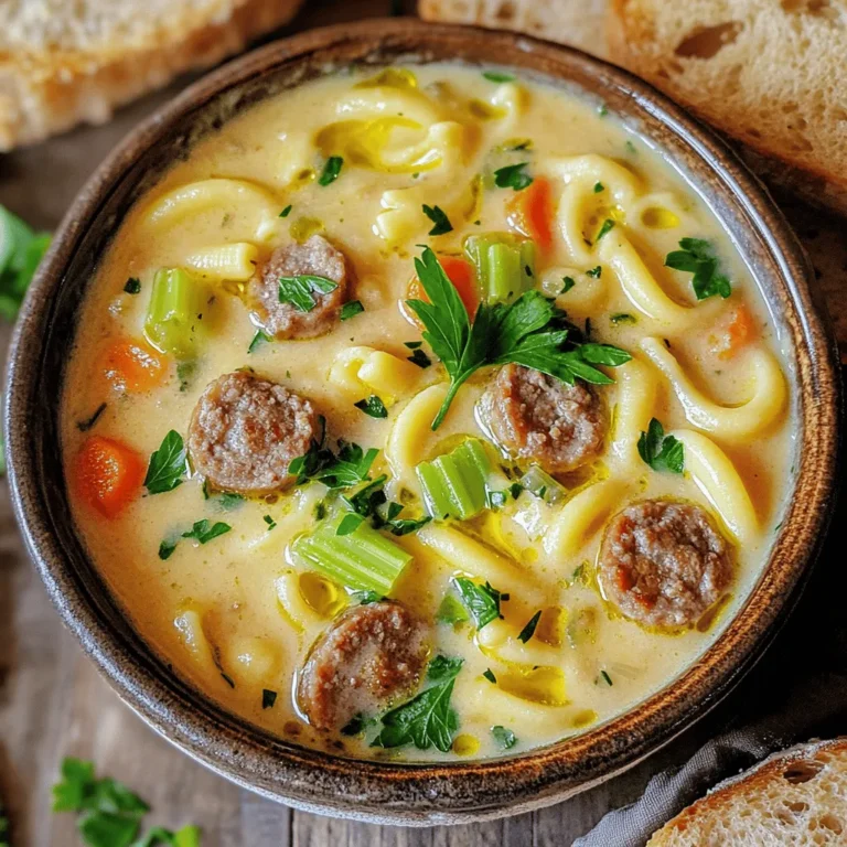To make a hearty Creamy Parmesan Sausage Ditalini Soup, you need a few key ingredients: - 1 tablespoon olive oil - 1 pound Italian sausage (mild or spicy, your choice) - 1 medium onion, diced - 2 cloves garlic, minced - 2 medium carrots, diced - 2 celery stalks, diced - 6 cups chicken broth - 1 cup ditalini pasta These ingredients form the base of the soup, bringing rich flavors and a satisfying texture. Next, we add the creamy elements that make this soup truly special: - 1 cup heavy cream - 1 cup grated Parmesan cheese These creamy ingredients create a velvety texture that makes each spoonful delightful. Lastly, don’t forget the seasoning to elevate the flavors: - 1 teaspoon Italian seasoning - 2 cups fresh spinach, roughly chopped - Fresh parsley, chopped (for garnish) These extras add freshness and brightness to the soup. You can customize the soup to your taste by adjusting the seasonings. For the full recipe, check out the details provided earlier in this article. This dish is not just a meal but an experience that warms the heart. - Start by sautéing the sausage. In a large pot, heat 1 tablespoon of olive oil over medium heat. Add 1 pound of Italian sausage, removing the casings first. Break it apart with a wooden spoon. Cook until it's browned, which should take about 5 to 7 minutes. If there is too much grease, remove it. - Next, cook the aromatics. Add 1 medium onion, diced, 2 medium carrots, diced, and 2 celery stalks, diced, to the pot. Sauté these for about 5 minutes until they soften. Stir in 2 cloves of minced garlic and cook for one more minute until it smells great. - Bring in the chicken broth. Pour in 6 cups of chicken broth and let it come to a gentle boil. Once boiling, add 1 cup of ditalini pasta and 1 teaspoon of Italian seasoning. Lower the heat and let it simmer. Cook the pasta according to the package, usually 8 to 10 minutes until it’s al dente. - Add heavy cream and finishing touches. After the pasta is cooked, stir in 1 cup of heavy cream and 1 cup of grated Parmesan cheese. Mix well until the cheese melts and the soup becomes creamy. Season with salt and pepper to your taste. - For ladling and garnishing the soup, use a ladle to serve the soup into bowls. Top with fresh parsley for a pop of color. You can also offer extra Parmesan cheese on the side for those who love it. - Ideas for accompanying bread or sides include serving the soup with crusty bread. This adds a nice crunch and completes your meal. You can also pair it with a simple salad for a fresh touch. To boost flavor, try adding spices. A pinch of red pepper flakes brings heat. Fresh herbs like basil or thyme add brightness. You can also toss in diced bell peppers or zucchini. These veggies give the soup more texture and taste. For the best creaminess, add heavy cream slowly. Stir it in well after cooking the pasta. If you want chewy pasta, cook it separately. This keeps the pasta from getting too soft in the soup. Use a large pot for even cooking. A sturdy wooden spoon is best for stirring. It won’t scratch your pot and helps break up the sausage. Make sure you have a ladle for serving. It makes it easy to dish out the soup. For the complete recipe, check the Full Recipe section. {{image_2}} You can switch up the meat in this soup. Using chicken or turkey sausage is a great option. These choices are leaner but still packed with flavor. They will make your soup lighter but just as tasty. For a vegetarian version, skip the sausage altogether. Use mushrooms for umami flavor. Tofu or tempeh can also add protein. Think about adding more beans for extra texture and nutrition. If you need a gluten-free soup, don’t worry! You can find gluten-free ditalini pasta at most stores. Rice or quinoa can also work well. They’ll change the texture a bit but still give you a hearty meal. For thickening, use cornstarch or arrowroot powder. Just mix them with a little cold water first. This will help avoid clumps in your soup. You can easily change the spice level in your soup. Choose mild sausage for a gentle taste. If you like heat, spicy sausage is the way to go. You can also have fun with cheeses. While Parmesan shines in this dish, adding mozzarella can make it extra gooey. Feta cheese will give a tangy twist. Mix and match to find your favorite! For the full recipe, check out the [Full Recipe]. To store your Creamy Parmesan Sausage Ditalini Soup, cool it to room temperature first. Then, transfer the leftovers into airtight containers. Glass or plastic containers work well for this. Make sure to leave some space in the container, as the soup may expand when frozen. This helps keep the soup fresh and tasty. If you want to freeze the soup for later, use freezer-safe containers. Fill them about three-quarters full, leaving room for expansion. If you use a plastic bag, remove as much air as possible before sealing. To thaw, place the soup in the fridge overnight. Reheat it gently on the stove over low heat, stirring often to keep it creamy. In the fridge, your soup will last about 3 to 4 days. Look for signs of spoilage, like a sour smell or unusual texture. If you see any mold, it’s best to throw it away. Keeping an eye on these details helps ensure your soup stays safe and delicious. For the full recipe, check the earlier section. Can I make this soup ahead of time? Yes, you can prepare this soup a day before. Just store it in the fridge. When you're ready to eat, heat it up on the stove. The flavors will blend even more. Is it possible to freeze the creamy soup? Absolutely! This soup freezes well. Let it cool before putting it in airtight containers. It can last up to three months in the freezer. Thaw in the fridge overnight when you want to enjoy it again. What can I substitute if I can’t find ditalini pasta? If you can't find ditalini, use small pasta like elbow macaroni or shells. These will work well and still bring great texture to your soup. Alternatives for heavy cream If you need a lighter option, use half-and-half instead of heavy cream. You can also try coconut milk for a dairy-free version. What if I don’t have Italian sausage on hand? You can swap Italian sausage with ground turkey or chicken. For a vegetarian option, use mushrooms or lentils to add depth and flavor. How to double the recipe for larger gatherings To double the recipe, just double all the ingredients. Remember to use a bigger pot to cook it all at once. Suggestions for reducing serving sizes for meal prep For meal prep, halve the recipe and store portions in individual containers. This makes it easy to grab a quick meal on busy days. This blog post covered the essentials for making Creamy Parmesan Sausage Ditalini Soup. We explored key ingredients like sausage, vegetables, and creamy elements. I provided step-by-step instructions, tips for the perfect texture, and even variations for dietary needs. In conclusion, cooking this soup is simple and rewarding. You can adjust flavors and ingredients to suit your taste. Enjoy this warm dish with friends or family, and make it your own!