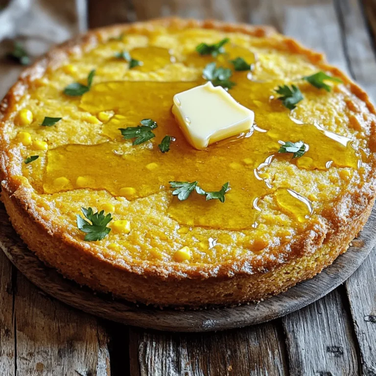 To make sweet cornbread, you need these simple ingredients: - 1 cup cornmeal - 1 cup all-purpose flour - 1/3 cup granulated sugar - 1 tablespoon baking powder - 1/2 teaspoon salt - 1 cup buttermilk (or substitute with milk and 1 tablespoon vinegar) - 1/4 cup unsalted butter, melted - 2 large eggs - 1 cup corn kernels (fresh, frozen, or canned) - 1/2 cup honey These ingredients work together to create a soft, moist bread that is sweet and flavorful. You can make a few changes if you need to. - For buttermilk, you can use regular milk mixed with vinegar. This gives a similar tang. - If you want a different sweetness, try maple syrup instead of honey. - Feel free to add cheese or jalapeños for a twist. Both add great flavor and texture. By using these substitutions, you can customize your cornbread to fit your taste. You can also explore the full recipe for more details on preparation. First, let's preheat the oven to 400°F (200°C). This step is key for a nice rise. While the oven heats up, grab your baking pan. Grease a 9-inch round cake pan or a square dish with butter or oil. This helps the cornbread pop out easily after baking. In a large bowl, combine the cornmeal, all-purpose flour, granulated sugar, baking powder, and salt. Use a whisk to mix these ingredients well. This step ensures even distribution of flavors. The cornmeal gives a lovely texture, and the sugar adds sweetness. In another bowl, mix the buttermilk, melted butter, eggs, and honey. Stir until you have a smooth blend. This mixture brings moisture and richness. The honey adds a touch of natural sweetness that pairs perfectly with the corn. Now, pour the wet ingredients into the dry mix. Stir gently until just combined. It's okay if there are a few lumps; don’t overmix! Next, fold in the corn kernels. They add a burst of sweet flavor and a nice pop in every bite. Pour the batter into your prepared pan. Smooth the top with a spatula for an even bake. Bake for 20 to 25 minutes. Check for doneness by inserting a toothpick into the center. If it comes out clean, your cornbread is ready! Let it cool slightly in the pan before lifting or slicing. Enjoy the warm, sweet aroma! To get the best texture in your cornbread, avoid overmixing. When you mix the wet and dry ingredients, stir gently. A few lumps are okay. Overmixing makes the cornbread tough. Always use fresh ingredients. Fresh corn kernels add flavor and sweetness. Fresh buttermilk improves the batter's richness. Serve your cornbread warm. A pat of butter or a drizzle of honey makes it extra yummy. You can also pair it with soups or stews. The soft, sweet bread complements spicy or hearty meals well. It adds a nice touch to chili or chicken soup. To make your cornbread even better, try adding spices or herbs. A pinch of cayenne or smoked paprika gives it a warm kick. Fresh herbs like thyme or chives can add a nice twist. You can also experiment with toppings. Try adding cheese, jalapeños, or even nuts for crunch. Each option can transform the dish into something unique. For the complete recipe, check out the Full Recipe. {{image_2}} You can make your cornbread even sweeter by adding more honey. Just stir in an extra 1/4 cup of honey into the wet mix. This adds a rich flavor that pairs well with butter. You can even drizzle some honey on top after baking for extra sweetness! If you want a twist, try adding cheese or spices. Sharp cheddar cheese adds a nice salty bite. You could also mix in spices like cumin or paprika for warmth. For a kick, jalapeño cornbread is a fun option. Just chop fresh jalapeños and fold them into the batter. This adds a spicy punch that many enjoy! Are you looking for a gluten-free choice? You can use gluten-free flour blends instead of all-purpose flour. Make sure to check the blend for xanthan gum, which helps bind the ingredients. This way, everyone can enjoy a slice of sweet cornbread! To keep your sweet cornbread fresh, store it in an airtight container. This helps seal in moisture and flavor. You can also wrap it tightly in plastic wrap. If you have leftover cornbread, keeping it in the fridge is a good idea. This will help it last longer, typically up to a week. Just make sure to let it cool completely before storing. If you want to save some cornbread for later, freezing is easy. First, let the cornbread cool down. Then wrap it in plastic wrap and place it in a freezer bag. This will keep it fresh for about three months. When you're ready to eat it, thaw it in the fridge overnight. To reheat, place the cornbread in the oven at 350°F (175°C) for about 10-15 minutes. This will help restore its soft texture. Enjoy your sweet cornbread again with ease! Sweet cornbread has a rich, sweet flavor. This comes from added sugar or honey. Regular cornbread is more savory and often contains less sugar. The texture of sweet cornbread is moist and fluffy. Regular cornbread tends to be drier and crumbly. You can enjoy sweet cornbread on its own or with butter and honey. Regular cornbread pairs well with savory dishes like chili or stew. Yes, you can make cornbread ahead of time. I suggest baking it up to two days before you need it. Store it in an airtight container at room temperature. You can also refrigerate it to keep it fresh longer. If you want to serve it warm, simply reheat it in the oven. Wrap it in foil to keep it from drying out. This way, you can enjoy your sweet cornbread without the rush. To check if your cornbread is done, look for a golden brown top. Insert a toothpick into the center; it should come out clean. If the toothpick has batter on it, bake the cornbread a little longer. You can also tap the top; it should sound hollow. When it looks and sounds right, it's ready to enjoy. This sweet cornbread will be soft and moist, perfect for any meal. We explored key ingredients for sweet cornbread, like cornmeal and buttermilk. I shared step-by-step methods to make it easy for you. Don't forget tips for texture and serving ideas to enhance flavor. You can try different variations, like adding honey or cheese, to suit your taste. Storing and freezing cornbread correctly keeps it fresh. Experiment with these ideas, and enjoy delicious cornbread every time you bake!