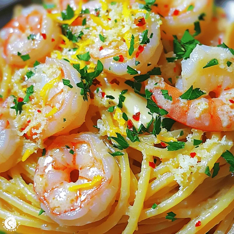 To make Garlic Butter Shrimp Pasta, you need fresh and simple ingredients. Here’s what you will need: - 8 oz spaghetti or linguine - 1 lb large shrimp, peeled and deveined - 4 tablespoons unsalted butter - 4 cloves garlic, minced - 1 teaspoon red pepper flakes (adjust to taste) - 1 teaspoon lemon zest - 2 tablespoons fresh lemon juice - 1/4 cup fresh parsley, chopped - Salt and pepper to taste - Grated Parmesan cheese, for serving These ingredients make the dish bright and flavorful. The shrimp brings protein, while the garlic and butter create a rich sauce. Fresh lemon juice and zest add a zing that perfectly balances the flavors. You can adjust the red pepper flakes to make it just the way you like. This recipe is all about freshness and simplicity. You can find the full recipe for Garlic Butter Shrimp Pasta to guide you through each step. - Bring a large pot of salted water to a boil. - Add 8 oz of spaghetti or linguine. Cook it until al dente. - Reserve 1 cup of the pasta cooking water, then drain the pasta. Cooking pasta is simple but key. The salted water adds flavor right away. Al dente means the pasta is firm but not hard. This keeps your dish from being mushy. - In a large skillet, melt 2 tablespoons of butter over medium heat. - Add 4 cloves of minced garlic and 1 teaspoon of red pepper flakes. - Stir for about 30 seconds until fragrant. - Add 1 lb of large shrimp to the skillet. - Season them with salt, pepper, and 1 teaspoon of lemon zest. - Cook for 2-3 minutes on each side until pink and opaque. Sautéing shrimp is quick. You want to see bright pink color. Overcooked shrimp can become rubbery, so watch the time. The garlic and red pepper flakes give a nice kick to the dish. - Add the cooked pasta to the skillet with the shrimp. - Pour in the remaining 2 tablespoons of butter and 2 tablespoons of fresh lemon juice. - Toss everything together. If needed, add a splash of reserved pasta water. Mixing the pasta and shrimp well is important. This helps all the flavors blend. Adding pasta water can make your sauce creamy. You can adjust the sauce to your liking by adding more water or butter. These steps make Garlic Butter Shrimp Pasta come alive. For the full experience, check out the Full Recipe. Enjoy your cooking! - Shrimp cook fast. Watch the color change. When they turn pink and opaque, they are done. - Overcooking shrimp makes them tough. Aim for 2-3 minutes on each side. - Fresh herbs like basil or thyme add a nice touch. You can also try spices like paprika or cayenne. - Different pasta shapes give a new vibe. Try penne or fettuccine for a fun twist. - Pair your pasta with a light salad or crusty bread. A glass of white wine works great too. - Fresh parsley or lemon wedges make lovely garnishes. They add color and flavor. For the full recipe, check the Garlic Butter Shrimp Pasta! {{image_2}} You can switch up the shrimp by using chicken or scallops. - Chicken: Cut chicken breast into small pieces. Cook them until golden before adding garlic. - Scallops: These cook fast, too. Sear them for just 2-3 minutes per side. If you prefer vegan or vegetarian options, try these: - Chickpeas: They add protein and a nice texture. - Mushrooms: Use hearty varieties like portobello for a meaty bite. You can enjoy this dish with a creamy sauce or stick with classic garlic butter. - Creamy options: Add heavy cream or cream cheese for a rich twist. - Spice lovers: Add more red pepper flakes or some diced jalapeños for heat. If you need gluten-free pasta, use rice noodles or zucchini noodles. - Gluten-free: These options cook quickly and taste great with the sauce. Also, if you don’t have fresh herbs, use dried versions. - Dried herbs: They are more concentrated, so use less than fresh. For the complete recipe, check the [Full Recipe]. Store your Garlic Butter Shrimp Pasta in an airtight container. This keeps it fresh. You can refrigerate it for up to three days. To reheat, add a splash of water or broth. This helps keep the pasta moist. If you want to freeze some pasta, use a freezer-safe container. Make sure to cool it first. It can last for up to two months in the freezer. When you're ready to eat, thaw it overnight in the fridge. Reheat in a skillet with a bit of water or broth. Reheat your pasta in a skillet on low heat. This method helps keep the texture nice. Stir often and add a little water if needed. Avoid using the microwave, as it can make the pasta mushy. Enjoy your meal again with the same great taste! It takes about 20 minutes to make Garlic Butter Shrimp Pasta. This includes 10 minutes for prep and 10 minutes for cooking. You can have a tasty meal in no time! Yes, you can make Garlic Butter Shrimp Pasta ahead of time. Cook the pasta and shrimp, then cool them. Store in an airtight container in the fridge for up to two days. When ready to eat, just reheat gently on the stove. Add a little extra butter or pasta water to keep it moist. You can serve Garlic Butter Shrimp Pasta with many tasty sides. Some good options include: - A fresh green salad - Garlic bread - Roasted vegetables - A glass of white wine or iced tea These pair well and add more flavor to your meal. Yes, this recipe is very easy to customize. You can change the pasta, add more veggies, or use a different protein. Try chicken, scallops, or even tofu for a vegan twist. You can also adjust the spice by adding more or fewer red pepper flakes. Make it your own! For the complete recipe, check out the Full Recipe. Garlic Butter Shrimp Pasta is a quick and tasty dish. We reviewed the ingredients, cooking steps, tips, variations, and storage info. You can adjust the recipe to suit your taste and needs. Whether you prefer shrimp, chicken, or a vegan option, this dish has something for everyone. Enjoy your meal and feel proud of what you made. With practice, you'll perfect this easy recipe. Trust me, everyone will love it. Happy cooking!