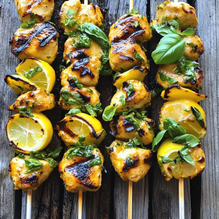- 1 lb chicken breast, cut into cubes - 1/4 cup fresh lemon juice - Zest of 1 lemon - 1/4 cup olive oil - 2 cloves garlic, minced - 1/4 cup fresh basil, chopped - 1 teaspoon honey - Salt and pepper to taste - Wooden or metal skewers (if using wooden skewers, soak them in water for 30 minutes) For the Lemon Basil Chicken Skewers, gathering the right ingredients is key. Start with 1 lb of chicken breast, cut into bite-sized cubes. This keeps the cooking even and quick. You need 1/4 cup of fresh lemon juice and the zest of 1 lemon for a bright flavor. The 1/4 cup of olive oil adds richness and helps the marinade stick. Next, include 2 cloves of minced garlic and 1/4 cup of chopped fresh basil. These two ingredients will give the skewers a fresh, aromatic taste. Add 1 teaspoon of honey for a hint of sweetness, and salt and pepper to taste for seasoning. Don't forget about the skewers! Use either wooden or metal ones. If you choose wooden skewers, soak them in water for 30 minutes to prevent burning on the grill. This simple step keeps your Lemon Basil Chicken Skewers juicy and tasty. You can find the full recipe in the preceding sections for more details. To start, grab a bowl and whisk together the following ingredients: - 1/4 cup fresh lemon juice - Zest of 1 lemon - 1/4 cup olive oil - 2 cloves garlic, minced - 1/4 cup fresh basil, chopped - 1 teaspoon honey - Salt and pepper to taste Whisk these until they blend well. This mix creates a bright, zesty flavor that makes the chicken shine. Marination is important! Let it sit for at least 30 minutes. If you have time, two hours gives even better flavor. Next, it’s time to thread the chicken onto skewers. Take your chicken breast, cut into bite-sized cubes, and coat them in the marinade. After marinating, simply slide the chicken pieces onto the skewers. Make sure to leave a small gap between each piece. This helps the chicken cook evenly and get those nice grill marks. Now, preheat your grill or grill pan to medium-high heat. This step is key for getting a good sear on the chicken. Once heated, place the skewers on the grill. Cook for about 10-12 minutes. Remember to turn them occasionally. The chicken should reach an internal temperature of 165°F (75°C). When done, take the skewers off the heat and let them rest for a few minutes before serving. Enjoy the juicy, vibrant flavors of your Lemon Basil Chicken Skewers! For the full recipe, check out the complete guide! To make your Lemon Basil Chicken Skewers shine, marination is key. I recommend marinating the chicken for at least 30 minutes. For even more flavor, let it sit for up to 2 hours. The longer the chicken soaks, the better the taste. You can also use leftover marinade after cooking. Just brush it on the skewers before serving. This adds a nice touch without wasting any flavors. Check the doneness of your chicken using a meat thermometer. The internal temperature should reach 165°F (75°C). If you use a charcoal grill, you might need to adjust the heat. For gas grills, aim for medium-high heat. Make sure to turn the skewers often for even cooking. This will help you get those perfect grill marks. Pair your skewers with fresh sides. A light salad or grilled veggies works great. You can also serve them with rice or flatbreads. For a beautiful presentation, add some extra basil leaves or lemon wedges. These simple garnishes make your dish look and taste even better. For the complete recipe, check the [Full Recipe]. {{image_2}} You can change the marinade if you want to mix things up. If you don’t have lemon, try lime juice for a different zing. Fresh herbs like parsley or cilantro can also work well. If you feel adventurous, add spices like smoked paprika or cumin. These spices can add warmth and depth to your dish. You can also switch oils. Instead of olive oil, try avocado oil or sesame oil for a unique flavor twist. Chicken is great, but you can use other proteins too. Shrimp works wonderfully with this marinade. Just remember, shrimp cooks faster, so grill it for about 6-8 minutes. Beef can be another option. If you choose beef, cut it into bite-sized pieces like the chicken. It may need a bit longer, around 12-15 minutes. Tofu is a fantastic plant-based choice. Use firm or extra-firm tofu and cut it into cubes. It will take about 10-12 minutes to grill. For a plant-based skewer, you can use a mix of colorful veggies. Bell peppers, zucchini, and cherry tomatoes are great choices. You can also add mushrooms for that meaty texture. Just toss your veggies in the same marinade as the chicken. Skewer them and grill for about 10-12 minutes until they are tender. These veggie skewers are not only tasty but also add beautiful colors to your plate. For the best results, try to keep the pieces similar in size for even cooking. To keep your Lemon Basil Chicken Skewers fresh, place them in an airtight container. This will prevent moisture loss and keep the flavors intact. You can refrigerate the skewers for up to three days. If you notice any strong odors or changes in texture, it’s best to discard them. To freeze cooked chicken skewers, wrap them tightly in plastic wrap or aluminum foil. Place them in a freezer-safe bag. They can last for up to three months in the freezer. When you’re ready to enjoy them, thaw the skewers in the fridge overnight. Heat them in the oven at 350°F (175°C) for about 10-15 minutes, or until warmed through. Food safety is key when handling chicken. Always wash your hands before and after touching raw chicken. Use separate cutting boards for raw meat and other foods to avoid cross-contamination. Never place cooked skewers back on the same plate that held raw chicken. These simple steps will help keep your meals safe and delicious. You should marinate the chicken for at least 30 minutes. This will give the flavors time to soak in. If you want a stronger taste, marinate for up to 2 hours. Avoid marinating for too long, as the acid in lemon juice can change the chicken's texture. A good marination helps keep the chicken tender and juicy. Yes, you can prepare these skewers in advance. Marinate the chicken, then place it in the fridge. You can assemble the skewers up to a day ahead. Just remember to keep them covered. When ready to cook, simply grill them straight from the fridge. This saves time and allows for easy entertaining. Many sides go well with these skewers. Consider a fresh salad with mixed greens and a light dressing. Grilled veggies like bell peppers and zucchini also work great. For something heartier, serve with rice or quinoa. These sides enhance the meal while keeping it light and fresh. In this post, we covered how to make tasty Lemon Basil Chicken Skewers. We looked at the best ingredients, step-by-step instructions, and helpful tips to achieve great flavor. Enjoy perfect chicken with our grilling techniques and serving suggestions. Remember, you can switch up the ingredients for new flavors or use different proteins. Store leftovers properly for later. With these easy steps, you can impress everyone at your next barbecue. Happy grilling!