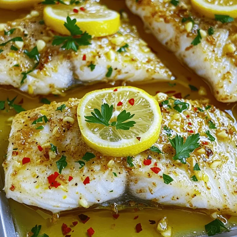 - 4 fillets of tilapia - 3 tablespoons olive oil - 4 cloves garlic, minced - 1 teaspoon red pepper flakes - 1 teaspoon paprika - 1 teaspoon dried oregano - 2 lemons (1 for juice, 1 sliced) - Salt and pepper to taste - Fresh parsley, chopped (for garnish) In this dish, you will use fresh tilapia fillets that are mild and flaky. The olive oil adds richness while garlic brings a nice depth of flavor. The minced garlic, along with red pepper flakes and paprika, provides a spicy kick. Dried oregano adds an earthy note that balances the dish. Using lemons is key here. One lemon gives you fresh juice while the other adds a bright touch with its slices. Finally, adding salt and pepper to taste enhances all the flavors. Garnishing with fresh parsley not only looks great but adds a fresh taste. This combination of ingredients makes Spicy Lemon Garlic Baked Tilapia a standout dish. You can find the full recipe linked above for all the details. 1. First, preheat your oven to 400°F (200°C). This step is key for even cooking. 2. Next, get your baking dish ready. You want it to fit all the tilapia fillets. 1. In a small bowl, whisk together the following ingredients: - 3 tablespoons olive oil - 4 cloves garlic, minced - 1 teaspoon red pepper flakes - Juice from 1 lemon - 1 teaspoon paprika - 1 teaspoon dried oregano - Salt and pepper to taste This mixture adds a spicy kick and bright flavor to the fish. 1. Take your tilapia fillets and place them in the baking dish. 2. Coat the fillets with the spicy garlic mixture. Make sure each piece is well-covered. 3. Lay lemon slices on top of the fish. This adds more flavor as it bakes. 4. Now, place the baking dish in the preheated oven. Bake for 12-15 minutes. The fish should turn flaky and easily pull apart. This dish is quick and packed with flavor. Don't forget to check out the Full Recipe for more details! - Always choose fresh tilapia for the best flavor. Fresh fish tastes better and has a firmer texture. - You can adjust the spice level by changing the amount of red pepper flakes. Start small and add more if you want extra heat. - Use fresh parsley as a garnish. It adds color and a nice touch to your dish. - Serve with lemon wedges. They give an extra zesty flavor that brightens up the meal. For the complete dish, check out the Full Recipe. {{image_2}} If you want to switch things up, you can easily swap the tilapia for other types of fish. Cod and haddock both work well. They have a mild flavor, just like tilapia. This change can add a new twist to the dish. Another great option is to use lime juice instead of lemon juice. Lime brings a unique taste that brightens the fish. It pairs nicely with the garlic and spices, giving you a different flavor profile to enjoy. You don’t have to bake your tilapia if you want a different taste. Grilling is a fantastic option. It adds a smoky flavor that complements the spices. Just make sure to keep an eye on it. Grilled fish cooks quickly! If you prefer a crispy texture, try pan-searing the tilapia. Heat some oil in a pan and cook the fillets for a few minutes on each side. This method gives the fish a nice golden crust while keeping it moist inside. These variations allow you to customize the dish to your liking. Enjoy the full recipe to explore all these exciting options! Store any leftovers in an airtight container. This keeps them fresh for up to 3 days. When you are ready to eat, reheat the tilapia in the oven. This method helps maintain the fish's texture and flavor. You can freeze cooked tilapia for up to 2 months. Make sure to place it in a freezer-safe container. When you want to enjoy it again, thaw the tilapia in the refrigerator. This slow thawing keeps the fish moist and tasty. To know if tilapia is ready, check for easy flakiness. The fish should flake apart with a fork. Also, use a food thermometer to check the internal temperature. It should reach 145°F (63°C). This ensures it is safe to eat and cooked just right. Yes, you can use frozen tilapia. Just make sure it is completely thawed before you start cooking. Thaw it in the fridge overnight or place it in cold water for a quicker thaw. This helps the fish cook evenly and absorb more flavor from the spices. I love pairing this dish with rice, steamed vegetables, or a fresh salad. Rice soaks up the zesty flavors well. Steamed veggies add a nice crunch, and a salad keeps things light. These sides balance the meal and make it colorful. If you want less heat, you can reduce the red pepper flakes. You can even omit them entirely for a milder flavor. This way, everyone can enjoy the dish without too much spice. Just adjust it to your taste! If you're looking for a zestier kick, try adding more lemon juice instead. In this post, we explored a simple and delicious Spicy Lemon Garlic Baked Tilapia recipe. We covered key ingredients, from fillets to fresh herbs. You learned step-by-step instructions and tips for perfecting flavor and presentation. Variations and storage advice were also included, ensuring your dish remains fresh. This recipe is perfect for any meal. With the right adjustments, you can suit your taste and enjoy healthy eating. Try it out and impress your family or friends!