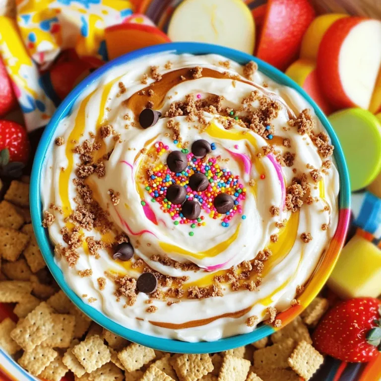 To make the viral homemade Dunkaroo dip, you will need: - 1 cup vanilla frosting - 1 cup cream cheese, softened - 1 teaspoon vanilla extract - 1/2 cup chocolate sprinkles - 1/2 cup rainbow sprinkles - 1/4 cup mini chocolate chips - 1/2 cup crushed graham crackers (for dipping) - Assorted fruit and cookie dippers (like apple slices, strawberries, cookies, etc.) Using quality ingredients is key for this dip. The cream cheese must be soft. This makes it easy to mix and gives a smooth texture. The vanilla frosting should be fresh. It adds sweetness and a lovely flavor. Sprinkles bring fun colors and crunch. Always choose sprinkles that you love. The better the ingredients, the better the taste. You can dip many things into this delightful mix. Here are some great choices: - Fruits: Try apple slices, strawberries, or banana pieces. - Cookies: Use graham crackers, animal crackers, or chocolate chip cookies. - Pretzels: Add a salty crunch with pretzel sticks. These options make the experience even more fun. You can mix and match to find your favorite! To make this fun Dunkaroo dip, start by gathering your ingredients. You will need vanilla frosting, cream cheese, and some sweet toppings. This recipe is quick and easy, taking just ten minutes to prepare. 1. In a large mixing bowl, add 1 cup of softened cream cheese. 2. Then, mix in 1 cup of vanilla frosting. Use a hand mixer or whisk to blend them well. 3. Next, pour in 1 teaspoon of vanilla extract for that extra flavor. 4. Mix until the dip is smooth and creamy. This step is key for a great texture. 5. Now, fold in 1/2 cup each of chocolate sprinkles and rainbow sprinkles. 6. Add 1/4 cup of mini chocolate chips for a fun crunch. 7. Your dip is almost ready! Transfer it to a serving bowl. Smooth the top and add a few extra sprinkles for decoration. Serve your Dunkaroo dip with 1/2 cup of crushed graham crackers. You can also add assorted fruit and cookie dippers, like apple slices and strawberries. This makes it fun and colorful! Enjoy this treat with friends or family. It’s great for parties or any fun gathering. For the full recipe, check above! To get that perfect creamy texture in your Dunkaroo dip, use softened cream cheese. Cold cream cheese will not mix well. I recommend letting it sit out for about 30 minutes before you start. Mix the cream cheese and vanilla frosting together really well. A hand mixer works best here. It helps blend everything smoothly. You want the dip to be soft and fluffy. If it feels too thick, you can add a splash of milk. This will also add to the creaminess. If you have leftovers, store them in an airtight container. Make sure to keep it in the fridge. The dip will stay fresh for about three days. When you want to eat it again, mix it well. Sometimes it may thicken a bit in the fridge. If that happens, just add a bit of milk and stir. You can also cover the dip with plastic wrap. This helps keep it fresh longer. Serving this dip at parties is a big hit! Use a nice bowl to make it look fun. You can add extra sprinkles on top for a colorful touch. Serve it with graham crackers, fruits, or cookies. I love using apple slices and strawberries. They add a fresh taste. Set out a few different dippers. This way, guests can choose what they like best. Remember, the more colors on the table, the better! This makes the snack look fun and inviting. For the full recipe, check out the detailed section above. {{image_2}} You can switch up the flavor of your Dunkaroo dip. Try adding chocolate, peanut butter, or even fun flavors like cookies and cream. For chocolate, mix in 1/2 cup of cocoa powder. This gives a rich, chocolatey taste. If you love peanut butter, stir in 1/2 cup of creamy peanut butter. This adds a nutty flavor that pairs well with the sweetness. You can also use flavored frosting, like chocolate or peanut butter, for a quick twist. These simple changes keep your dip fun and fresh! If you want a healthier dip, you can make a few swaps. Use low-fat cream cheese instead of regular cream cheese. This cuts down on fat without losing taste. For the frosting, try sugar-free vanilla frosting. It still tastes great but reduces sugar. You can also use Greek yogurt for a tangy twist. Add a touch of honey or maple syrup to sweeten it up. With these changes, you can enjoy a tasty treat without the guilt. Make your Dunkaroo dip fit seasonal themes. For Halloween, add orange food coloring and pumpkin spice. This gives a festive look and flavor. For Christmas, use red and green sprinkles. You can also mix in crushed peppermint candies for a minty taste. For birthdays, add colorful sprinkles and fun-shaped cookie cutters for serving. These creative touches make your dip festive and fun for any occasion. To keep your Dunkaroo dip fresh, store it in an airtight container. This helps prevent it from drying out or absorbing other smells from your fridge. Make sure the lid is tightly sealed. I like to place a piece of plastic wrap directly on the dip before sealing the lid. This adds extra protection. When stored correctly, your Dunkaroo dip can last for about 3 to 5 days in the fridge. After that, the taste and texture may change. Always check for any signs of spoilage before enjoying. If it looks or smells off, it’s best to toss it. Freezing Dunkaroo dip is not the best idea. Cream cheese does not freeze well. It can become grainy and lose its creamy texture. If you have leftovers, it’s better to enjoy them fresh. However, if you must freeze it, store it in a freezer-safe container. Just know that the quality may not be the same once thawed. You can use Greek yogurt or mascarpone cheese. Both offer a creamy texture. Greek yogurt gives a tangy taste. Mascarpone is rich and smooth. Choose based on your taste. Yes, you can! Prepare the dip a day in advance. Store it in the fridge. This way, the flavors blend well. Just remember to stir before serving. To reduce sweetness, cut down on the frosting. You can also add more cream cheese. Another option is to mix in sour cream. This gives a nice balance of flavors. Absolutely! Flavored frosting can add a fun twist. Try chocolate or strawberry frosting. It will change the taste but keep it yummy. You can dip fruits like apples or strawberries. Cookies are great too! Graham crackers work well for a crunchy bite. Get creative with your dippers! The dip stays fresh for about three days in the fridge. Store it in an airtight container. Always check for any changes in smell or texture before eating. Freezing is not recommended. It may change the texture. If you need to store it longer, keep it in the fridge instead. Enjoy it fresh for the best taste! Try milk, fruit juices, or even soda. A creamy drink like a milkshake works great too. Choose what you love for a fun treat! Yes! This dip is fun and easy to share. Guests will love dipping their favorite snacks. It’s colorful and perfect for any gathering. This blog post covered key points for making Dunkaroo dip. We discussed important ingredients and their quality. You learned how to mix and serve this tasty treat. I offered tips for a creamy texture and great storage ideas. I also shared fun variations to keep things fresh. In conclusion, this dip is easy and fun for all. Enjoy experimenting with flavors and sharing it at your next gathering!