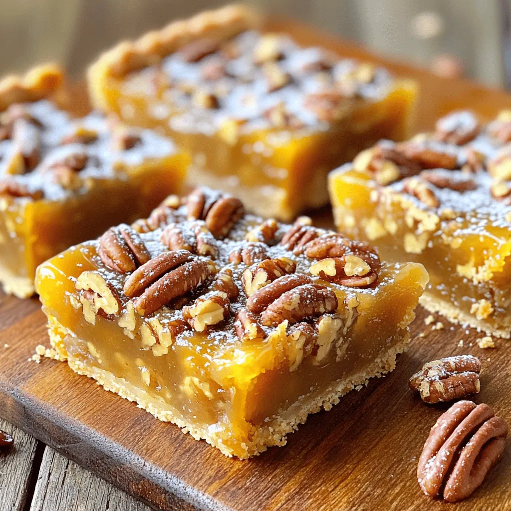 To make the best maple pecan pie bars, you need simple, fresh ingredients. Here they are: - 1 ½ cups all-purpose flour - ½ cup unsalted butter, melted - ½ cup brown sugar - ¼ teaspoon salt - 1 cup pecans, roughly chopped - 1 cup pure maple syrup - 2 large eggs - 1 teaspoon vanilla extract - ½ teaspoon cinnamon - ¼ teaspoon nutmeg - ¼ teaspoon salt Each ingredient plays a key role in the flavor and texture of the bars. The flour gives the crust its structure. The butter adds richness, while brown sugar brings sweetness and a hint of caramel flavor. Pecans give a nice crunch, and maple syrup is the star that ties it all together. These bars are not just tasty; they also offer some nutrition. Each bar contains: - Calories: About 200 - Protein: 3 grams - Carbohydrates: 25 grams - Fat: 10 grams - Fiber: 1 gram - Sugar: 12 grams While they are a dessert, you still enjoy some benefits from the nuts and maple syrup. If you run out of an ingredient or want to change things up, there are easy swaps. Here are some ideas: - For gluten-free bars, use almond flour or a gluten-free blend instead of all-purpose flour. - Swap the butter for coconut oil to make it dairy-free. - Use honey or agave syrup in place of maple syrup for a different flavor. - You can also try other nuts like walnuts or almonds if you prefer. These substitutions can help you cater to dietary needs or personal taste while keeping the essence of the recipe. For the complete recipe, check the [Full Recipe]. To start, gather all your ingredients. You will need the following: - 1 ½ cups all-purpose flour - ½ cup unsalted butter, melted - ½ cup brown sugar - ¼ teaspoon salt - 1 cup pecans, roughly chopped - 1 cup pure maple syrup - 2 large eggs - 1 teaspoon vanilla extract - ½ teaspoon cinnamon - ¼ teaspoon nutmeg - ¼ teaspoon salt This recipe is simple and quick, taking about 15 minutes to prep. Make sure to preheat your oven to 350°F (175°C) before you begin. 1. Make the Crust: In a bowl, mix flour, melted butter, brown sugar, and salt. Stir until it looks crumbly. Press this mix into the bottom of your lined dish. Use your fingers or a spatula to make it even. 2. Bake the Crust: Place the dish in the oven. Bake for 15-20 minutes until it turns a light brown. Take it out and let it cool for a bit. 3. Prepare the Filling: In another bowl, whisk together the maple syrup, eggs, vanilla extract, cinnamon, nutmeg, and salt. Make sure it is mixed well. 4. Add the Pecans: Fold the chopped pecans into the maple mix. Make sure they are all coated. 5. Assemble the Bars: Pour the pecan mixture over your crust. Spread it evenly across the top. 6. Bake Again: Put the dish back into the oven. Bake for 25-30 minutes until the filling is set. It will puff up slightly as it bakes. 7. Cool and Cut: Let the bars cool for at least 1 hour. Use the parchment paper to lift the bars out of the dish. Place them on a cutting board and cut into squares. 8. Serve: Enjoy your Maple Pecan Pie Bars at room temperature. They taste great with a sprinkle of powdered sugar or a scoop of ice cream. As you bake, it helps to visualize each step. You can take photos of your crust before and after baking. Capture the filling before it goes into the oven. This way, you can see how well your bars come together. Check out the [Full Recipe] for step-by-step images that will help guide you through the process. These visuals make baking fun and easy! Start with cold butter. Cold butter helps the crust stay flaky. Mix the flour, melted butter, brown sugar, and salt well. Press it firmly into the baking dish. This prevents the crust from crumbling. Bake until light brown. This step is key for texture. Use fresh eggs for the filling. Whisk them well with the maple syrup. This helps create a smooth mixture. Make sure to bake the bars until the filling is slightly puffed. It should jiggle a bit in the center. Letting it cool will help it set more. Don’t skip lining the baking dish. It makes removal easy and clean. Avoid overmixing the filling. This can make it tough. Watch the baking time closely; every oven is different. If you bake too long, the filling can dry out. Enjoy making these bars with care! For the full recipe, check out the details above. {{image_2}} You can easily add chocolate to your Maple Pecan Pie Bars. Simply mix in half a cup of chocolate chips with the pecans. Use dark or semi-sweet chocolate for a rich flavor. This twist creates a mix of sweet maple and deep chocolate. It makes each bite a delightful surprise. To make vegan Maple Pecan Pie Bars, swap the eggs for flax eggs. Mix one tablespoon of ground flaxseed with three tablespoons of water. Let it sit for five minutes until it thickens. Also, use coconut oil instead of butter. This change keeps the bars creamy and delicious without eggs or dairy. You can switch pecans for other nuts, too. Walnuts give a strong flavor, while almonds add crunch. Try macadamia nuts for a buttery taste. You can combine different nuts for a unique texture. Mix and match to find your favorite blend. Each nut brings its own charm to the bars. For more details, check out the Full Recipe! To keep your Maple Pecan Pie Bars fresh, store them in an airtight container. This will help prevent them from drying out. Place parchment paper between layers if you stack them. This keeps them from sticking together. Store them at room temperature for up to three days. If you need longer storage, consider freezing them. Freezing Maple Pecan Pie Bars is easy and effective. First, let the bars cool completely after baking. Then, cut them into squares. Wrap each square tightly in plastic wrap. Place the wrapped bars in a freezer-safe bag or container. They can last for up to three months in the freezer. When you’re ready to enjoy them, just thaw at room temperature. If your bars lose some of their charm, don’t worry! You can revive them. Simply warm them in the oven at 300°F (150°C) for about 10 minutes. This will bring back their freshness. You can also serve them with a drizzle of maple syrup or a scoop of ice cream. This adds a touch of sweetness and makes them taste new again. Maple Pecan Pie Bars can last for about a week. Store them in an airtight container at room temperature. If you want them to last longer, place them in the fridge. They may last up to two weeks when chilled. Yes, you can make these bars ahead of time. They are perfect for prepping a day or two before serving. Just bake, cool, and store them in an airtight container. This makes them great for parties or family gatherings. Serve Maple Pecan Pie Bars at room temperature for the best taste. For extra flair, dust them with powdered sugar. You can also add a dollop of whipped cream or a scoop of vanilla ice cream. These add a nice touch and make the dessert even more delightful. For the full recipe, check the earlier section. Maple pecan pie bars blend sweet and nutty flavors into a tasty treat. We covered key ingredients, nutritional facts, and helpful tips for making the perfect bars. Remember to avoid common baking mistakes and explore fun variations, like adding chocolate or going vegan. Store your bars properly to keep them fresh. With this guide, you can enjoy great results every time. Keep experimenting with flavors and enjoy your baking journey!