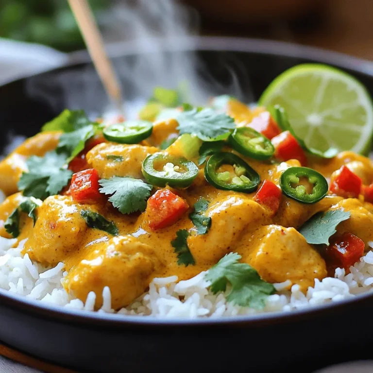 - 4 chicken thighs, skinless and boneless - 1 can (14 oz) coconut milk - 2 tablespoons coconut oil - 1 onion, finely chopped - 3 cloves garlic, minced - 1 red bell pepper, diced - 1 green bell pepper, diced - 1-2 jalapeños, finely chopped (adjust for spice preference) - 1 tablespoon fresh ginger, grated - 2 teaspoons ground cumin - 1 teaspoon smoked paprika - 1 teaspoon turmeric - Salt and pepper, to taste - 1 lime, juiced - Fresh cilantro, for garnish This dish centers on chicken, coconut milk, and spices. The chicken provides protein, while coconut milk adds creaminess. The mix of spices creates a warm, inviting flavor. Next, we add colorful vegetables and garnishes. Onions and bell peppers bring sweetness and crunch. Jalapeños add a kick, while ginger gives a fresh zing. The lime juice brightens up the dish. Fresh cilantro on top makes it look lovely and tastes great. For the full recipe, check out the instructions to bring this flavorful delight to life. Start by making your marinade. Mix lime juice, garlic, ginger, cumin, smoked paprika, turmeric, salt, and pepper in a bowl. Then, add the chicken thighs. Make sure every piece is well-coated. Cover and let this marinate for at least 30 minutes. If you have more time, marinate for a few hours. This helps the flavors soak in deeply. Next, heat coconut oil in a large skillet over medium heat. Add the chopped onion and sauté for about 5 minutes. You want them to turn translucent. Then, stir in the diced red and green bell peppers, along with the jalapeños. Cook this mix for another 3 to 4 minutes. The veggies should soften and release their lovely scents. Now, it’s time to cook the chicken. Add the marinated chicken thighs to the skillet. Brown each side for about 6 to 7 minutes. You want them fully cooked through. Once done, pour in the coconut milk and stir well. Bring this mixture to a gentle simmer. Let it cook for about 10 minutes. This allows the flavors to meld, and the sauce will thicken slightly. For the full recipe, check the details above. To elevate the taste of Spicy Brazilian Coconut Chicken, consider adding a few extra spices. You could use coriander for a fresh touch or a pinch of cayenne for added heat. Fresh herbs like basil or parsley can also enhance the dish. For richer results, try grilling the chicken instead of pan-frying. This method adds a nice char and depth of flavor. You can also roast the vegetables before adding them to the skillet. Roasting brings out their sweetness and adds complexity. Serving is key for making this dish shine. Place the spicy chicken over a fluffy bed of jasmine rice or creamy quinoa. This allows the sauce to soak in and adds a nice contrast. For garnishes, sprinkle fresh cilantro on top before serving. Add lime wedges for a bright pop of color and a zesty kick. You might also consider thinly slicing red peppers for an eye-catching touch. These small details make your dish look as good as it tastes. Enjoy your culinary journey with this flavorful delight! {{image_2}} You can switch out the chicken thighs for other cuts. Chicken breast works well too. For a vegetarian option, try firm tofu or chickpeas. Both will soak up the flavors nicely. If you need a dairy-free version, coconut milk is already perfect. For a spice adjustment, use fewer jalapeños for less heat. You can also add more spices like paprika or a dash of cayenne for extra kick. Brazil has many dishes with similar flavors. Moqueca is a famous Brazilian fish stew that uses coconut milk and spices. It brings a unique taste and showcases Brazil’s love for bold flavors. Other cultures offer their own twists. Thai cuisine uses coconut milk in curries, often with lemongrass. Indian dishes like coconut chicken curry also highlight the creamy texture of coconut milk. Each dish brings a different story and taste to the table. To keep your Spicy Brazilian Coconut Chicken fresh, store it in an airtight container. This will prevent moisture loss and keep flavors intact. It can last in the fridge for up to four days. If you want to save it for a longer time, freeze it. In the freezer, it can remain good for about three months. When it comes to reheating, you want to keep the flavors bright and the chicken juicy. The best method is to use a skillet. Heat it on low and add a splash of coconut milk to keep it moist. Stir occasionally for even heating. You can also use a microwave, but be careful not to overheat. For serving after reheating, try spooning it over rice or quinoa. Add a fresh squeeze of lime and some chopped cilantro for a burst of flavor. This keeps the dish vibrant and enjoyable, even on the second day. Enjoy your meal! Spicy Brazilian Coconut Chicken comes from Brazil's rich culinary scene. This dish blends indigenous flavors with African and Portuguese influences. Coconut is a key ingredient in many Brazilian recipes. It adds a creamy texture and a sweet taste. Many Brazilian dishes use spices and peppers, making them bold and exciting. This dish reflects Brazil's vibrant food culture, showcasing its love for fresh, local ingredients. Yes, you can prepare this recipe ahead of time. Marinate the chicken earlier in the day or even the night before. This helps the flavors soak in well. After cooking, let the dish cool down. Store it in an airtight container in the fridge. It will stay fresh for about three days. You can also freeze it for up to three months. Just remember to thaw it in the fridge before reheating. You can easily change the spice level to fit your taste. For mild heat, use just one jalapeño or omit it. You can also replace jalapeños with sweet peppers. For more heat, add extra jalapeños or use a hotter pepper like serrano. Another option is to add crushed red pepper flakes to the sauce. Always taste as you go, so you get the spice just right! This blog post covered a tasty recipe for Spicy Brazilian Coconut Chicken. We looked at the key ingredients, like coconut milk and spices, along with marinating and cooking steps. I shared tips to boost flavor and present your dish beautifully. You learned how to store leftovers and answers to common questions. Trying this recipe will bring exciting flavors to your meals. Don’t hesitate to experiment with variations. Enjoy cooking, and make this dish your own!