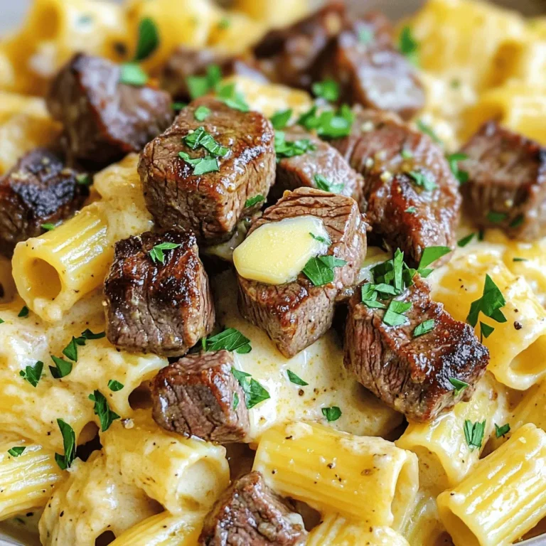 - 1 lb sirloin steak, cut into bite-sized tips - 4 tablespoons unsalted butter - 4 cloves garlic, minced - 1 teaspoon fresh thyme leaves (or ½ teaspoon dried) - 12 oz rigatoni pasta - 1 cup heavy cream - 1 ½ cups shredded mozzarella cheese - ½ cup grated Parmesan cheese - Salt and pepper, to taste - Fresh parsley, chopped for garnish When making Garlic Butter Steak Tips with Cheesy Rigatoni, you need to focus on the right ingredients. I love using fresh sirloin steak. It has a great flavor and tenderness. You will want to cut it into small tips to cook fast. Unsalted butter makes the garlic sauce rich and tasty. Garlic adds a nice punch. Fresh thyme brings a lovely herbal note. I often choose rigatoni pasta for this dish. Its shape holds the cheesy sauce well. For the cheesy sauce, heavy cream gives it a smooth texture. Shredded mozzarella melts beautifully, while Parmesan adds depth. Do not forget seasoning! Salt and pepper are key. Fresh parsley at the end adds color and freshness. These ingredients come together to create a dish that is both comforting and gourmet. For the full recipe, check out the details in the earlier section. 1. Start by filling a large pot with water. Add a generous amount of salt. Bring it to a boil. 2. Once the water is boiling, add the rigatoni. Cook it according to the package instructions until it is al dente. This usually takes about 10-12 minutes. 3. Drain the pasta in a colander, but save ½ cup of the pasta water. Set the rigatoni aside. 1. In a large skillet, melt 2 tablespoons of butter over medium-high heat. 2. Season the steak tips with salt and pepper. Make sure they are evenly coated. 3. Once the butter is hot and sizzling, add the steak tips to the skillet. Cook for about 4-5 minutes, turning them to brown on all sides. 4. When the steak tips are browned, remove them from the skillet and set them aside. 1. In the same skillet, reduce the heat to medium and add the remaining 2 tablespoons of butter. 2. Add the minced garlic and fresh thyme. Cook for 1-2 minutes until the garlic is fragrant but not browned. 3. Pour the heavy cream into the skillet and bring it to a gentle simmer. Stir often to prevent sticking. 4. Gradually mix in the mozzarella and Parmesan cheese. Stir until the cheese is melted and the sauce is smooth. If it gets too thick, add some reserved pasta water until it reaches the right consistency. 1. Add the cooked rigatoni and the steak tips back into the skillet with the cheesy sauce. 2. Gently toss everything together, ensuring the pasta is well-coated in the sauce. 3. Taste and adjust the seasoning if needed, adding more salt or pepper to your liking. For the full recipe, check out the complete guide. To cook steak tips just right, you need to know your doneness. Use a meat thermometer for best results. Aim for 130°F for medium-rare and 140°F for medium. This keeps your steak juicy and tender. For searing, heat your skillet until it’s very hot. Add the butter right before cooking the steak. This helps form a nice crust. Do not overcrowd the pan; cook in batches if needed. This step is key to getting maximum flavor. To get your sauce perfect, you may need to adjust its thickness. If it’s too thick, add a little reserved pasta water. Stir well to combine. If it’s too thin, let it simmer for a few minutes. This thickens the sauce nicely. Cheese can clump if added too fast. Gradually add mozzarella and Parmesan while stirring. This keeps the sauce smooth and creamy. Remember, patience is key here. Pair your Garlic Butter Steak Tips with side dishes like a simple salad or garlic bread. These complement the rich flavors well. For presentation, use a large platter to serve. Place the rigatoni in the center and top with steak tips. Sprinkle chopped parsley on top for color. This makes the dish look stunning and appetizing. For the full recipe, check the link provided. {{image_2}} You can switch the steak for chicken or shrimp if you like. - Chicken: Use boneless, skinless chicken breast or thighs. Cut into bite-sized pieces. Cook until golden brown. - Shrimp: Use large shrimp, peeled and deveined. Add them to the pan for just a few minutes until pink and cooked through. - Vegetarian: Try using mushrooms instead of meat. Portobello or cremini mushrooms work well. Sauté them until they are tender. If you want to switch up the pasta, there are many great options. - Other Pasta Shapes: Penne, fusilli, or farfalle are all good choices. They hold the sauce nicely. - Gluten-Free Alternatives: Use gluten-free pasta made from rice, quinoa, or chickpeas. They taste great and keep the dish delicious. You can add more flavor with just a few ingredients. - Adding Vegetables: Toss in fresh spinach or bell peppers for color and nutrition. Sauté them with the garlic. - Different Herbs and Spices: Try adding basil, oregano, or even a pinch of red pepper flakes. This can give the dish a new twist. These variations let you customize your Garlic Butter Steak Tips with Cheesy Rigatoni just the way you like. For the full recipe, check the detailed instructions above. To keep your Garlic Butter Steak Tips with Cheesy Rigatoni fresh, follow these steps: - Let the dish cool to room temperature. - Use airtight containers to store leftovers. - Divide into single servings for easy reheating. - Keep in the fridge for up to three days. I recommend glass containers. They keep food fresh and heat evenly. When reheating, it's key to avoid dryness. Here’s how: - Stovetop: Heat a skillet over medium-low heat. Add a splash of cream or water to help moisten. Stir frequently until heated through. - Microwave: Place in a microwave-safe dish. Cover with a damp paper towel. Heat in short intervals, stirring in between. Both methods work well, but stovetop keeps it creamier. Yes, you can freeze this dish! Here’s how: - Store in airtight containers or freezer bags. - Label with the date for tracking. - It can freeze for up to three months. To thaw, place in the fridge overnight. Reheat gently on the stovetop. Adding a bit of cream helps restore that creamy texture. Enjoy your meal again! It takes about 15 minutes to prep and 30 minutes to cook. In total, you can have this dish ready in about 45 minutes. This time includes boiling the water, cooking the pasta, and perfecting the steak tips and sauce. Yes, you can make the sauce ahead. Cook the garlic and butter mix first. Then, store it in the fridge. When you're ready, gently reheat it and add the cream and cheese. This saves you time on a busy day. Sure! For a dairy-free option, use coconut milk instead of heavy cream and dairy-free cheese. For gluten-free, you can swap rigatoni with gluten-free pasta. Both options still taste great! To ensure tenderness, choose a good cut like sirloin. Cut it into small pieces for quick cooking. Cook them over high heat for a short time. This method keeps them juicy and tender. This blog post covered how to make Garlic Butter Steak Tips with Cheesy Rigatoni. You learned about the key ingredients, step-by-step cooking methods, and helpful tips. We also explored variations and storage options. Remember, cooking is an art. Feel free to tweak ingredients to suit your taste. Enjoying your dish is the goal. With these tips, you can create a great meal that impresses. Happy cooking!