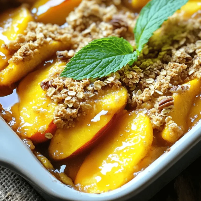 - 6 ripe peaches, peeled and sliced - 1 tablespoon lemon juice - 1/4 cup brown sugar - 1 teaspoon cinnamon - 1/4 teaspoon nutmeg - 1 cup rolled oats - 1/2 cup all-purpose flour - 1/3 cup melted coconut oil (or unsalted butter) - 1/4 cup maple syrup - 1/4 teaspoon sea salt - 1/2 cup chopped pecans (optional) When I make peach crisp, I love using ripe peaches. They add a sweet and juicy base. The lemon juice brightens the flavor. Brown sugar gives a nice richness. Cinnamon and nutmeg bring warmth and spice. For the topping, I use rolled oats for texture. All-purpose flour helps bind it together. Melted coconut oil makes it rich, but you can use butter. Maple syrup adds sweetness. Sea salt balances all the flavors. Chopped pecans are a tasty option, too. - Baking dish (9x9 inches) - Mixing bowls - Measuring cups and spoons - Cooking spray or greasing tool You will need a 9x9-inch baking dish to hold your peach crisp. Mixing bowls help combine ingredients easily. Measuring cups and spoons ensure you add the right amounts. A cooking spray makes greasing the dish quick and easy. With these tools and ingredients, you're set for a tasty peach crisp! For the full recipe, check out the link. - Preheat your oven to 350°F (175°C). - Grease a 9x9-inch baking dish with coconut oil or cooking spray. - In a large bowl, mix the sliced peaches with lemon juice, brown sugar, cinnamon, and nutmeg. - Toss gently until the peaches are well coated. - Pour this peach mixture into the prepared baking dish. - In another bowl, combine rolled oats, flour, melted coconut oil, maple syrup, sea salt, and pecans if you choose to use them. - Stir until everything mixes well and forms a crumbly texture. - Spread the oat topping evenly over the peach mixture in the baking dish. - Bake in the preheated oven for 30-35 minutes. - Look for a golden brown topping and bubbling peaches. This method brings out the best flavors in your Peach Crisp with Oat Topping. You can find the Full Recipe to ensure you don’t miss any details. Use ripe peaches for the best flavor. The sweeter the peach, the better your crisp will taste. You can also adjust the sweetness. If you like it sweeter, add more brown sugar. If you prefer less, use less. Taste as you go to find the right balance for you. This peach crisp tastes best warm. Serve it with a scoop of vanilla ice cream or a dollop of whipped cream. The creamy textures pair well with the warm, fruity crisp. For a beautiful touch, garnish with fresh mint leaves. They add color and a hint of freshness. Bake until the topping is golden brown. This ensures a nice crunch that contrasts with the soft peaches. If you want an extra crispy topping, broil it for a minute. Keep a close eye while broiling, so it doesn’t burn. Your crisp will be the star of your dessert table! For the full recipe, check out the Sweet & Spicy Peach Crisp section. {{image_2}} You can easily change the fruit in this crisp. Replace peaches with pears or apples. This swap gives a new taste and keeps it fresh. You can also mix in some berries. Blueberries or raspberries add a nice fruity twist. For those needing gluten-free options, use almond or coconut flour. This choice works well and keeps the crisp tasty. If you follow a vegan diet, switch brown sugar for maple syrup. This change keeps it sweet without any animal products. Want to make your crisp even better? Add a splash of vanilla or almond extract. This small addition can elevate the flavor. You might also try spices like ginger or cardamom. These spices bring an aromatic touch that makes every bite special. For the full recipe, check out the detailed instructions. Store your peach crisp in an airtight container. It will stay fresh in the refrigerator for up to 3 days. When storing, let it cool completely before sealing. This keeps it from getting soggy. You can freeze baked peach crisp for up to 3 months. To do this, let it cool, then wrap it tightly in plastic wrap. Place it in a freezer bag or container to avoid freezer burn. Thaw the crisp in the fridge overnight before reheating. This method gives the best results. To reheat, use your oven at 350°F. Bake until warmed through, about 15 minutes. This helps keep the topping crunchy. If you're short on time, you can use the microwave. However, be aware that this may make the topping less crispy. Enjoy your warm peach crisp again! For the full recipe, check out the complete guide above. Yes, you can prepare it a day in advance and bake it just before serving. This saves you time and helps the flavors meld together. Just cover it well and store it in the fridge. When you're ready, pop it in the oven for a warm treat. The topping should be golden brown and the peaches should be bubbling. This bubbling shows that the juices are cooking and mixing with the sugar. If you see a delightful golden hue, it's ready to enjoy! Yes, but reduce the sugar as canned peaches are often packed in syrup. Canned peaches save time and offer convenience. Just drain and rinse them well before using for the best taste. Serve warm with a scoop of ice cream or a dollop of whipped cream. The cool creaminess pairs perfectly with the warm, sweet crisp. You can also add a sprinkle of cinnamon on top for extra flavor. Absolutely, you can adjust sweetness, swap fruits, or modify toppings as desired. Try using berries or apples instead. You can also change the nuts in the topping or add spices to match your taste. The Full Recipe offers many options to suit your needs! In this blog post, we covered a delicious peach crisp recipe. You learned about essential ingredients, tools, and step-by-step instructions to create a satisfying dessert. We also explored tips for perfecting your crisp, serving suggestions, and possible variations to fit your taste. Remember, this dish shines with ripe peaches and offers countless ways to customize it. I hope you feel inspired to try this simple yet delightful recipe. Happy baking!