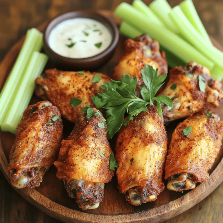 - 2 pounds chicken wings - Necessary kitchen tools: baking sheet, wire rack, large bowl - 2 tablespoons baking powder - 1 tablespoon smoked paprika - 1 tablespoon garlic powder - 1 tablespoon onion powder - 1 teaspoon salt - 1 teaspoon black pepper - 1 teaspoon cayenne pepper - 1 teaspoon dried thyme - 1 teaspoon brown sugar - 1 teaspoon lemon zest When it comes to making crispy dry rub chicken wings, the right ingredients are key. First, you need fresh chicken wings. I prefer using two pounds for a good serving. Make sure you have a baking sheet and a wire rack. These tools help the wings cook evenly and get extra crispy. Next, let’s talk about the dry rub. This mix gives your wings that amazing flavor. You will need baking powder, smoked paprika, garlic powder, onion powder, salt, and black pepper. For some heat, add cayenne pepper. Dried thyme adds a nice touch of earthiness. Brown sugar brings a hint of sweetness, and lemon zest brightens everything up. Gather these ingredients, and you are ready to make the best crispy wings. You can find the full recipe to guide you through every step. - Preheat oven to 425°F (220°C). - Line a baking sheet with aluminum foil. Place a wire rack on top. This rack helps air circulate and makes the wings crispy. - Pat the chicken wings dry with paper towels. This helps with crispiness. You want no moisture left. - In a bowl, mix the dry rub ingredients. Use baking powder, smoked paprika, garlic powder, onion powder, salt, black pepper, cayenne, dried thyme, brown sugar, and lemon zest. - Coat the wings with the dry rub. Make sure every wing gets a good amount of rub. - Place the wings on the wire rack. Make sure they are in a single layer. This helps them cook evenly. - Bake for 40-45 minutes. Flip the wings halfway through cooking for even crispiness. - Broil for 2-3 minutes at the end. This step gives your wings that extra crunch. Watch closely to avoid burning. For the full recipe, check the details above. Enjoy the crispy wings! To get the best crispy chicken wings, drying them is key. First, pat the wings with paper towels until they are very dry. This step makes a huge difference in texture. Moisture creates steam, which prevents crisping. Baking powder is another secret weapon. It helps to create a light and crisp skin. When you mix it with the spices, it reacts with the moisture in the chicken. This reaction leads to a wonderful crispiness. You can easily customize your chicken wings. Add spices like cumin or coriander for a twist. A little chili powder can bring the heat if you like spice. Feel free to experiment until you find your perfect mix! For oils, consider using avocado or peanut oil. They can add a rich flavor and help achieve that crispy finish. If you prefer, you can marinate the wings in a mix of your favorite sauces. Just remember to dry them well after marinating. Serve your crispy wings with delicious dips. Ranch or blue cheese dressing are great choices. They add a creamy contrast that pairs well with the wings. You can also try a spicy sriracha sauce for a kick! For a lovely presentation, use a rustic wooden platter. Arrange the wings neatly and add celery sticks for crunch. A sprinkle of fresh parsley on top adds color and freshness. Your guests will be impressed with both taste and look! For the full recipe, check out the [Full Recipe]. {{image_2}} To mix things up, you can try different dry rubs for your wings. Here are two great options: - Spicy buffalo dry rub alternative: If you love heat, add cayenne pepper and crushed red pepper flakes. This mix will give your wings a fiery kick. Combine it with garlic powder and onion powder for a robust flavor. - Sweet and smoky dry rub option: For a sweeter taste, use brown sugar and smoked paprika. This blend offers a nice balance of sweetness and smokiness. You can add cinnamon for a unique twist. You can also change how you cook your wings. Here are two popular methods: - Air fryer method for quick cooking: Use an air fryer for crispy wings in less time. Cook them at 400°F (200°C) for about 25-30 minutes. Flip halfway for even cooking. The air fryer gives you that crunch without much oil. - Grill adaptation for summer barbecues: Grill your wings for a smoky flavor. Preheat your grill to medium heat. Cook wings for 20-25 minutes, turning often. This method adds a nice char and flavor to your wings perfect for outdoor gatherings. Pairing sides with your wings makes for a complete meal. Here are some great options: - Recommended sides to serve with chicken wings: Serve wings with crispy celery sticks, carrot sticks, or a fresh salad. These add crunch and freshness. - Perfect drink pairings for a complete meal: Enjoy your wings with a cold beer or a tangy lemonade. Both drinks balance the spicy and smoky flavors, making your meal more enjoyable. For the full recipe, check out the Crispy Dry Rub Chicken Wings section above! To keep your leftover crispy dry rub chicken wings tasty, store them right. Use airtight containers to lock in flavor. Allow the wings to cool first. This step helps prevent moisture buildup. Refrigerate them within two hours of cooking. They will stay fresh for up to three days. Reheating wings can be tricky. You want them crispy, not soggy. The best method is the oven. Preheat it to 350°F (175°C). Place the wings on a baking sheet. Bake for about 10-15 minutes until heated through. Check that they are hot in the middle. You can use the microwave, but they might lose crispiness. If you must, heat them for 30 seconds. Flip them halfway for even warmth. If you want to save wings for later, freezing is a great option. Start by letting them cool completely. Next, place them in a single layer on a baking sheet and freeze for about an hour. Once frozen, transfer them to a freezer-safe bag. Remove as much air as possible. They can stay in the freezer for up to three months. When ready to eat, thaw them overnight in the fridge. This keeps them juicy and tasty. To get chicken wings extra crispy, you need to use a few key techniques: - Pat wings dry: Remove moisture with paper towels. This step is vital for crispiness. - Use baking powder: It helps draw moisture out and makes the skin crisp. - Bake on a wire rack: This allows air to circulate around the wings, promoting even cooking. - Flip halfway: Turning the wings at the halfway mark ensures they crisp evenly on both sides. - Broil at the end: Broiling for a few minutes gives that extra crunch. By following these steps, you can achieve a perfect texture every time. Yes, you can use fresh herbs in the dry rub! Fresh herbs add a vibrant flavor. Here are some great options: - Parsley: Adds freshness and a pop of color. - Thyme: Offers an earthy taste that pairs well with chicken. - Oregano: Gives a slightly sweet, aromatic flavor. - Rosemary: Adds a piney touch, great for roasting. When using fresh herbs, chop them finely and mix them into your dry rub. Just remember to adjust the amount, as fresh herbs are stronger in flavor. The best temperature for baking chicken wings is 425°F (220°C). This temperature helps achieve crispy skin while cooking the meat thoroughly. Here’s why: - High heat: It provides a good sear on the outside for crispiness. - Even cooking: It helps cook the wings all the way through without drying them out. If you want different outcomes, you can experiment with lower or higher temperatures, but 425°F gives the best balance. You learned how to make delicious, crispy chicken wings at home. With a simple dry rub, you can enhance flavor and texture. Using the right tools and techniques is key. Don't forget the tips for storing and reheating leftovers. Experiment with different spices and cooking methods to make wings your way. Enjoy the journey of crafting the perfect wing dish for friends and family. Happy cooking!