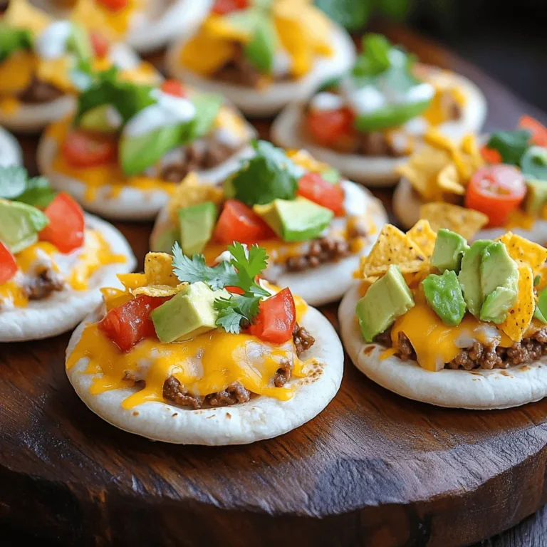 - 1 pound ground beef - 1 packet taco seasoning - 1 cup shredded cheddar cheese - 1 cup ranch dressing - 1 cup crushed tortilla chips - 1/2 cup diced tomatoes - 1/2 cup diced red onion - 1 avocado, diced - 1/4 cup chopped fresh cilantro - 1 tablespoon olive oil - 1 package small flour tortillas (10-12 count) Ground beef forms the heart of this dish. It cooks quickly and absorbs flavors well. Taco seasoning gives the beef its bold taste. Each bite bursts with spices that excite your palate. Shredded cheddar cheese adds creamy richness. It melts beautifully, making every bite cheesy and satisfying. Ranch dressing provides a cool, tangy contrast. It balances the spice from the taco seasoning. Fresh vegetables like tomatoes and avocado add color and texture. They enhance both flavor and nutrition. Want to change it up? Use ground turkey or chicken instead of beef. Both options are leaner and still full of flavor. If you prefer a vegetarian dish, swap the meat for black beans or lentils. You can also try different cheeses, like pepper jack for added heat. Instead of ranch dressing, opt for Greek yogurt for a healthier twist. Start with a large skillet. Add one tablespoon of olive oil and heat it on medium. Next, add one pound of ground beef. Cook the meat for about five to seven minutes. Stir it often until it turns brown. After that, drain any extra fat. Now, sprinkle in one packet of taco seasoning. Pour in a quarter cup of water. Stir well and let it simmer for five minutes. This will thicken the mixture and boost the flavor. While the beef is cooking, preheat your oven to 375°F (190°C). Take your small flour tortillas and cut them into circles. You can use a cookie cutter or the rim of a glass. Lay the circles flat on a lined baking sheet. Make sure they do not overlap. This will help them cook evenly. Once your beef mixture is ready, spoon a small amount onto each tortilla circle. Make sure not to overfill them. Next, sprinkle shredded cheddar cheese on top of the beef. Add a bit of crushed tortilla chips for extra crunch. Now, bake them in the oven for eight to ten minutes. Watch as the tortillas get crispy and the cheese melts. While they bake, mix diced tomatoes, red onion, avocado, and cilantro in a bowl. Add half of your ranch dressing to this mix. After the taco bites come out of the oven, drizzle the remaining ranch dressing on top. Serve them warm with the fresh mixture. Enjoy your Taco Ranch Bites! For the complete recipe, check out the Full Recipe. To get crispy tortillas, cut small circles from the tortillas. Use a cookie cutter or a glass. Place them on a baking sheet lined with parchment paper. Bake at 375°F (190°C) for 8-10 minutes. The heat makes them crunchy. You can also brush them lightly with olive oil before baking. This adds flavor and helps them crisp up. Store any leftover Taco Ranch Bites in an airtight container. Keep them in the fridge for up to three days. To reheat, place them in the oven at 350°F (175°C) for about 5-7 minutes. This keeps the tortillas crispy. You can also use a microwave, but they might get chewy. For best taste, enjoy them fresh right after baking. Serve Taco Ranch Bites warm for the best flavor. Add a side of extra ranch dressing for dipping. You can also serve them with guacamole or salsa. These bites are great for parties or game day snacks. They are fun and easy to share with friends and family. For a colorful touch, sprinkle some diced veggies on top before serving. {{image_2}} You can easily make Taco Ranch Bites vegetarian. Instead of ground beef, use black beans or lentils. Both options give a great texture. Add some sautéed bell peppers for extra flavor. You can also use plant-based cheese to keep it dairy-free. This way, everyone can enjoy the bites. If you like heat, add diced jalapeños or hot sauce. Mix them into the beef or sprinkle on top. You can also use pepper jack cheese instead of cheddar. This will give your bites a spicy kick. Try adding a sprinkle of cayenne pepper to the beef for more warmth. To make Taco Ranch Bites gluten-free, use corn tortillas. They work well and stay crispy. For a low-carb option, try lettuce wraps instead. You can also swap out ranch dressing for a yogurt-based dip. This change lowers calories and fat. Always check labels to ensure all ingredients fit your needs. Taco Ranch Bites are tasty but also filling. Each serving has about 350 calories. You get around 20 grams of protein, 25 grams of fat, and 20 grams of carbs. This balance makes them a good snack or light meal. You can make Taco Ranch Bites even healthier. Choose lean ground turkey instead of beef. Use Greek yogurt instead of ranch dressing for a lighter option. You can swap regular cheese for low-fat cheese too. These swaps help cut calories and fat while keeping flavor. Each ingredient in Taco Ranch Bites has benefits. Ground beef provides protein for muscle health. Avocado adds healthy fats and fiber. Tomatoes are packed with vitamins C and K. Lastly, cilantro has antioxidants that may support good health. These ingredients work together to create a yummy and nutritious snack. You can serve Taco Ranch Bites with many sides. I love pairing them with fresh salsa. Guacamole is another great choice. A simple side salad also works well. Consider serving some extra ranch dressing for dipping. This adds a creamy touch that many enjoy. Yes, you can make Taco Ranch Bites ahead. Cook the beef and prepare the toppings in advance. Store them separately in the fridge. When ready to serve, assemble the bites and bake them. They stay tasty and fun, even after waiting a bit. You can change the flavors easily. Try adding different cheese types, like pepper jack. For heat, mix in jalapeños or hot sauce. You can also switch the meat for chicken or turkey. Adding black beans can boost the texture and taste. Get creative and have fun with it! In this blog post, we explored the key ingredients and step-by-step instructions for making tasty Taco Ranch Bites. We discussed tips for crispy tortillas and how to store and reheat them. You can also try several variations, including vegetarian options or spicy additions. Taco Ranch Bites are fun and easy. You can make them fit any diet or taste. Enjoy experimenting and sharing these delightful bites with friends and family!