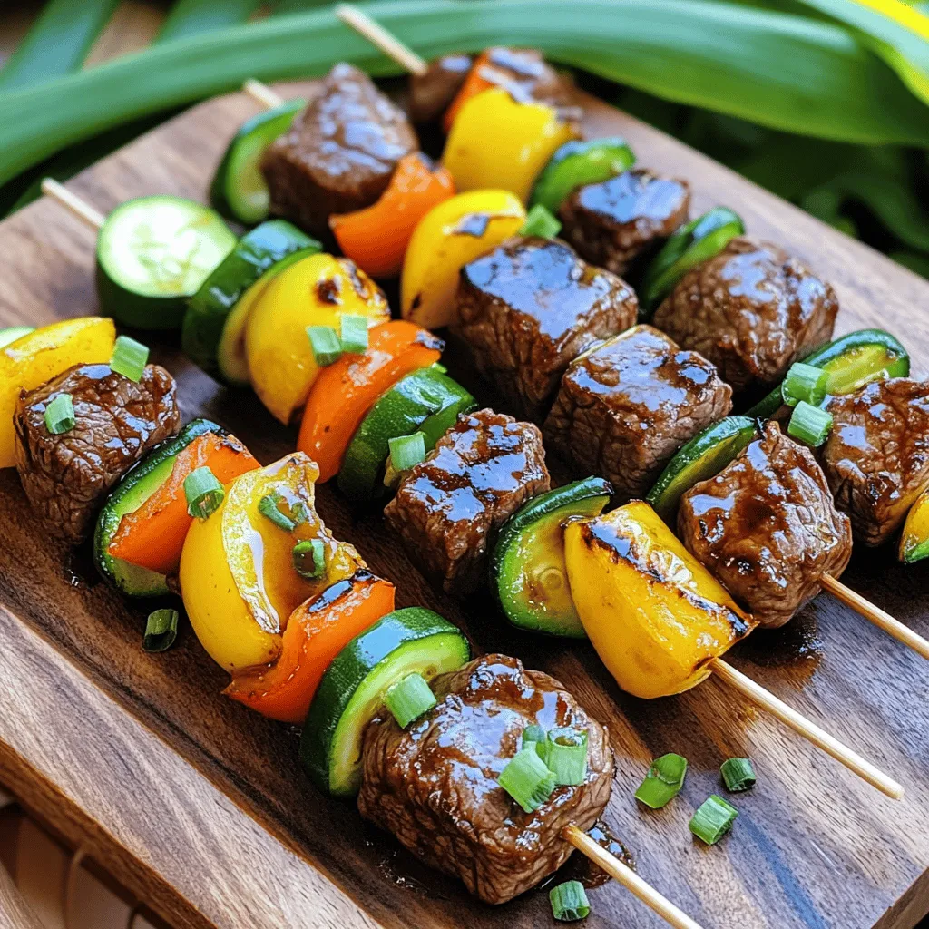 - 1 lb beef sirloin, cut into 1-inch cubes - 1/4 cup soy sauce - 1/4 cup honey - 2 tablespoons rice vinegar - 2 cloves garlic, minced - 1 tablespoon fresh ginger, grated - 1 tablespoon sesame oil - 1 teaspoon red pepper flakes (optional for spice) - 2 green onions, chopped - 1 bell pepper, cut into chunks - 1 zucchini, sliced into rounds When making teriyaki beef skewers, beef sirloin is a great choice. It’s tender and flavorful. Cut it into 1-inch cubes to ensure even cooking. A good marinade makes all the difference. You need soy sauce for saltiness, honey for sweetness, and rice vinegar for tang. Garlic and ginger add depth. Sesame oil gives that nutty taste, and red pepper flakes can add some heat. Don’t forget the veggies! Bell peppers and zucchini work well. They add color and crunch. Chopped green onions also bring a fresh taste that balances the rich beef. - Skewers (wooden or metal) - Mixing bowl and whisk - Grill or grill pan To cook the skewers, you’ll need skewers. Wooden or metal both work fine. If you use wooden skewers, soak them in water to stop burning. A mixing bowl and whisk help mix the marinade well. Finally, a grill or grill pan is needed to cook the skewers. Grilling gives them a nice char and smoky flavor. You can find the full recipe to get started on these juicy and flavorful teriyaki beef skewers. Start by mixing the marinade ingredients. In a bowl, combine: - 1/4 cup soy sauce - 1/4 cup honey - 2 tablespoons rice vinegar - 2 cloves garlic, minced - 1 tablespoon fresh ginger, grated - 1 tablespoon sesame oil - 1 teaspoon red pepper flakes (optional) Whisk these together until smooth. This marinade gives the beef its sweet and salty flavor. Letting the beef soak in the marinade adds depth. Marinate the beef for at least 30 minutes. If you can wait, let it sit overnight. This extra time brings out more flavor. Coat the beef with the marinade thoroughly. You want every piece to soak up the goodness. Place the cubed beef into the bowl with the marinade. Use a spoon or your hands to mix it well. Make sure all sides are covered. For the best taste, marinate for at least 30 minutes. If time allows, marinate overnight in the fridge. This will help the beef become tender and flavorful. Preheat your grill or grill pan over medium-high heat. If you use wooden skewers, soak them in water for 30 minutes. This step prevents burning. Prepare your skewers by threading the marinated beef, bell pepper chunks, zucchini slices, and green onion pieces. Alternate the colors for a vibrant look. Cook the skewers for about 10-12 minutes. Turn them occasionally to get even cooking. Check the beef for your desired doneness. Once done, let the skewers rest for a few minutes. Drizzle any leftover marinade over them for extra flavor. To make the best teriyaki beef skewers, avoid overcooking the beef. Cook the beef for 10-12 minutes on medium-high heat. Use a meat thermometer to check for doneness. Aim for 135°F for medium-rare and 145°F for medium. Let the skewers rest for a few minutes after cooking. This keeps the juices inside. For even cooking of vegetables, cut them into similar sizes. Use bell pepper chunks and zucchini rounds that match the beef cubes. Arrange the veggies and beef on skewers alternately for a colorful look. This helps them cook at the same rate. You can add more flavor to your teriyaki marinade. Consider these simple add-ins: - Spices: Try a pinch of black pepper or a dash of cumin. - Herbs: Fresh cilantro or basil can brighten the dish. For presentation, serve the skewers on a wooden platter. You can line it with banana leaves for a tropical feel. Adding a bowl of extra teriyaki sauce for dipping is a great touch. It makes each bite even more flavorful. For the full recipe, visit the detailed section above. Enjoy your cooking! {{image_2}} You can easily swap out beef for chicken or tofu. Chicken works great in this dish. Tofu adds a fun twist for a vegetarian option. For vegetables, try using cherry tomatoes, mushrooms, or bell peppers. Mix and match your favorites to create a colorful skewer. Explore different sauces for a unique taste. You can use hoisin sauce or teriyaki glaze instead of regular teriyaki. If you like heat, add more red pepper flakes. You can play with spice levels until you find your perfect balance. These small changes can really enhance your meal! For storing your teriyaki beef skewers, use an airtight container. Glass or plastic containers work well. They keep your food fresh and prevent odors. Place the skewers in the fridge right after they cool. Aim to eat them within three days for the best taste. The best way to reheat skewers is in the oven. Preheat it to 350°F (175°C). Place the skewers on a baking sheet. Heat for about 10 minutes. You can also use a skillet on medium heat. This keeps the meat juicy. Avoid microwaving, as it can make the beef tough. Always check the temperature to ensure even heating. Enjoy your flavorful meal with every bite! To check if your beef is cooked, use a meat thermometer. - Medium-rare: 135°F - Medium: 145°F - Medium-well: 150°F - Well-done: 160°F Check the thickest part of the meat. If you don’t have a thermometer, cut into the beef. It should be warm and slightly pink in the center for medium. Cooking times can vary based on your heat level and beef size. Yes, you can prepare the skewers ahead of time. For best results, marinate the beef the night before. - Mix your marinade and coat the beef. - Cover and refrigerate for at least 30 minutes or overnight. You can also pre-thread the skewers. Just keep them in the fridge until you're ready to cook. This saves time and helps the flavors blend well. For a great meal, you can serve several sides with teriyaki beef skewers. Here are a few ideas: - Steamed rice or jasmine rice - Grilled vegetables like asparagus or corn - Fresh salad with a light dressing - Noodles tossed with sesame oil These sides add color and flavor to your plate, balancing the savory taste of the skewers. For the full recipe with all necessary steps and ingredients, check out the detailed guide. This article has shared how to make delicious teriyaki beef skewers. You learned about the key ingredients, tools, and steps needed for success. Marinading adds depth of flavor, while grilling creates that tasty char. Remember, you can swap the beef for other proteins and mix up your veggies. Storing leftovers properly keeps your dish fresh. Enjoy paired with your favorite sides for a full meal. You’re now ready to impress with your cooking skills. Enjoy the joy of grilling and sharing tasty skewers!