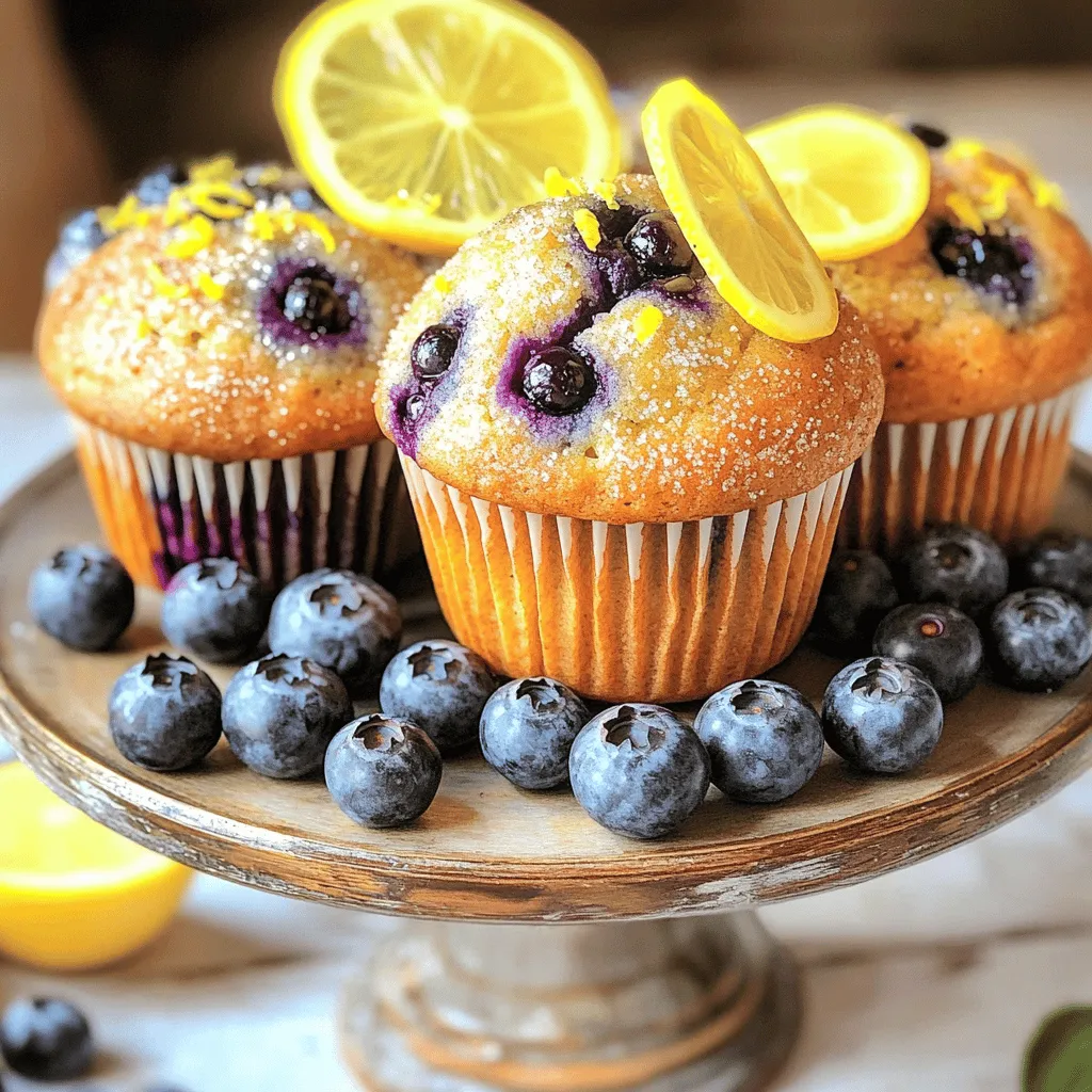 - 1 ½ cups all-purpose flour - ½ cup granulated sugar - 1 tablespoon baking powder - ½ teaspoon baking soda - ¼ teaspoon salt - Zest of 1 lemon - ½ cup unsalted butter, melted - 1 large egg - 1 teaspoon vanilla extract - ½ cup buttermilk - 2 tablespoons lemon juice - 1 ½ cups fresh blueberries (plus extra for topping) - 1 tablespoon turbinado sugar (for topping) For these lemon blueberry muffins, I carefully choose each ingredient to ensure great taste. The all-purpose flour gives the muffins structure. I add granulated sugar for sweetness, balanced by the zing of lemon zest. Baking powder and baking soda help the muffins rise perfectly. The wet ingredients are crucial. I melt unsalted butter for richness and mix in a large egg for binding. The vanilla extract adds warmth, while buttermilk keeps the muffins moist. Lemon juice brightens the flavor, creating a lovely balance. Fresh blueberries are the star here. They burst with sweetness and color. I also sprinkle turbinado sugar on top for a sweet, crunchy finish. Check out the Full Recipe for detailed steps to create this delightful treat! - Preheat the oven to 375°F (190°C). - Line a muffin tin with paper liners or grease it well. - In a large bowl, whisk together the dry ingredients: flour, sugar, baking powder, baking soda, salt, and lemon zest. - In a separate bowl, combine the wet ingredients: melted butter, egg, vanilla extract, buttermilk, and lemon juice. Mix well. - Pour the wet mixture into the dry ingredients. Gently fold them together. Stop mixing when the batter is just combined. It should look a bit lumpy. - Add the fresh blueberries to the batter. Fold them in carefully. - Divide the batter among the muffin tins, filling each cup about ¾ full. - Top each muffin with a few extra blueberries and sprinkle turbinado sugar on top for added crunch. - Bake in the preheated oven for 18-20 minutes. Check for doneness by inserting a toothpick in the center. If it comes out clean, your muffins are ready! - Avoiding overmixing the batter: When you mix your batter, do it gently. Overmixing makes muffins tough. Combine just until the wet and dry ingredients come together. A few lumps are okay! This helps keep your muffins soft and fluffy. - How to achieve a golden top: For that beautiful golden color, make sure your oven is fully preheated. Use a light-colored muffin tin if you can, as it helps prevent burning. Baking the muffins for the right time, usually 18-20 minutes, also gives that perfect golden hue. - Adding spices or using different citrus: You can try adding a pinch of cinnamon or nutmeg for warmth. If you want a twist, use orange zest instead of lemon. This brings a bright and fresh flavor to your muffins. - Substituting with frozen blueberries: If fresh blueberries aren’t available, frozen ones work too. Just do not thaw them before mixing. This keeps your muffins moist and adds a fun burst of berry flavor. - Serving warm with garnishes: Serve your muffins warm for the best taste. Add a slice of lemon or a few fresh blueberries on top. This gives a lovely touch and makes them look even more appealing. - Best ways to display muffins for serving: A simple cake stand or a bright platter works well for serving. Arrange the muffins neatly, keeping them spaced out. This makes them look inviting and ready to enjoy! For the full recipe, check out the Zesty Blueberry Delight Muffins. {{image_2}} You can easily modify this lemon blueberry muffin recipe. If you need gluten-free options, use gluten-free all-purpose flour. This works well and keeps the muffins light. For a dairy-free version, try almond milk or oat milk instead of buttermilk. You can also use coconut oil in place of butter for a dairy-free treat. Get creative with unique flavors! Adding nuts like walnuts or almonds gives a nice crunch. Seeds, such as chia or flax, add extra nutrition. You can also infuse muffins with herbs like rosemary or thyme. A touch of cinnamon or nutmeg brings warmth and depth to the flavor. If you want a lower-sugar muffin, reduce the granulated sugar by half. You can also try using a sugar substitute for a low-sugar option. For a vegan version, swap the egg for a flax egg. Simply mix 1 tablespoon of flaxseed meal with 2.5 tablespoons of water and let it sit for a few minutes. This keeps the texture nice and fluffy. For the full recipe, check out the Zesty Blueberry Delight Muffins 🫐! To keep your lemon blueberry muffins fresh for a few days, store them in an airtight container. This helps keep moisture in, preventing them from drying out. Place parchment paper between layers if stacking. You can also wrap them in plastic wrap for extra protection. Keep them at room temperature for up to three days. If you live in a humid area, consider refrigerating them to avoid mold. If you want to save muffins for later, freezing is a great option. First, let them cool completely. Then, wrap each muffin tightly in plastic wrap. Place the wrapped muffins in a freezer bag or airtight container. This helps prevent freezer burn. They can last up to three months in the freezer. When you're ready to eat, remove a muffin and let it thaw at room temperature or microwave it for about 20-30 seconds. This keeps the muffin soft and tasty. Lemon blueberry muffins last about three days at room temperature. If stored in the fridge, they can last up to a week. Freezing them extends their shelf life to about three months. Be sure to check for any signs of spoilage before eating. Enjoy your fresh, flavorful muffins for as long as you can! For the full recipe, check back to the earlier section. To keep your muffins fresh, store them in an airtight container. You can also wrap them in plastic wrap. This method helps to lock in moisture and flavor. If you plan to eat them within two days, keep them at room temperature. For longer storage, place them in the fridge. They will stay fresh for about a week this way. Yes, you can easily make mini lemon blueberry muffins! Just use a mini muffin tin instead of a regular one. Reduce the bake time to about 12-15 minutes. Check them for doneness with a toothpick. They should come out clean when done. This adjustment gives you cute, bite-sized treats that everyone will enjoy. If your muffins are too dense, it could be due to a few reasons. Overmixing the batter can create tough muffins. Make sure to mix until just combined. Another reason might be using too much flour. Always measure flour correctly, using the spoon-and-level method. If you find your muffins are still dense, try adding a bit more baking powder next time. This will help them rise better. In this blog post, we explored how to make delicious lemon blueberry muffins. We covered dry, wet, and fresh ingredients. You learned step-by-step instructions for mixing, filling, and baking. We shared tips to perfect your muffins and ideas for variations. Lastly, we discussed storage methods to keep your muffins fresh. Baking can be fun and rewarding. I hope you enjoy making these muffins as much as I do!